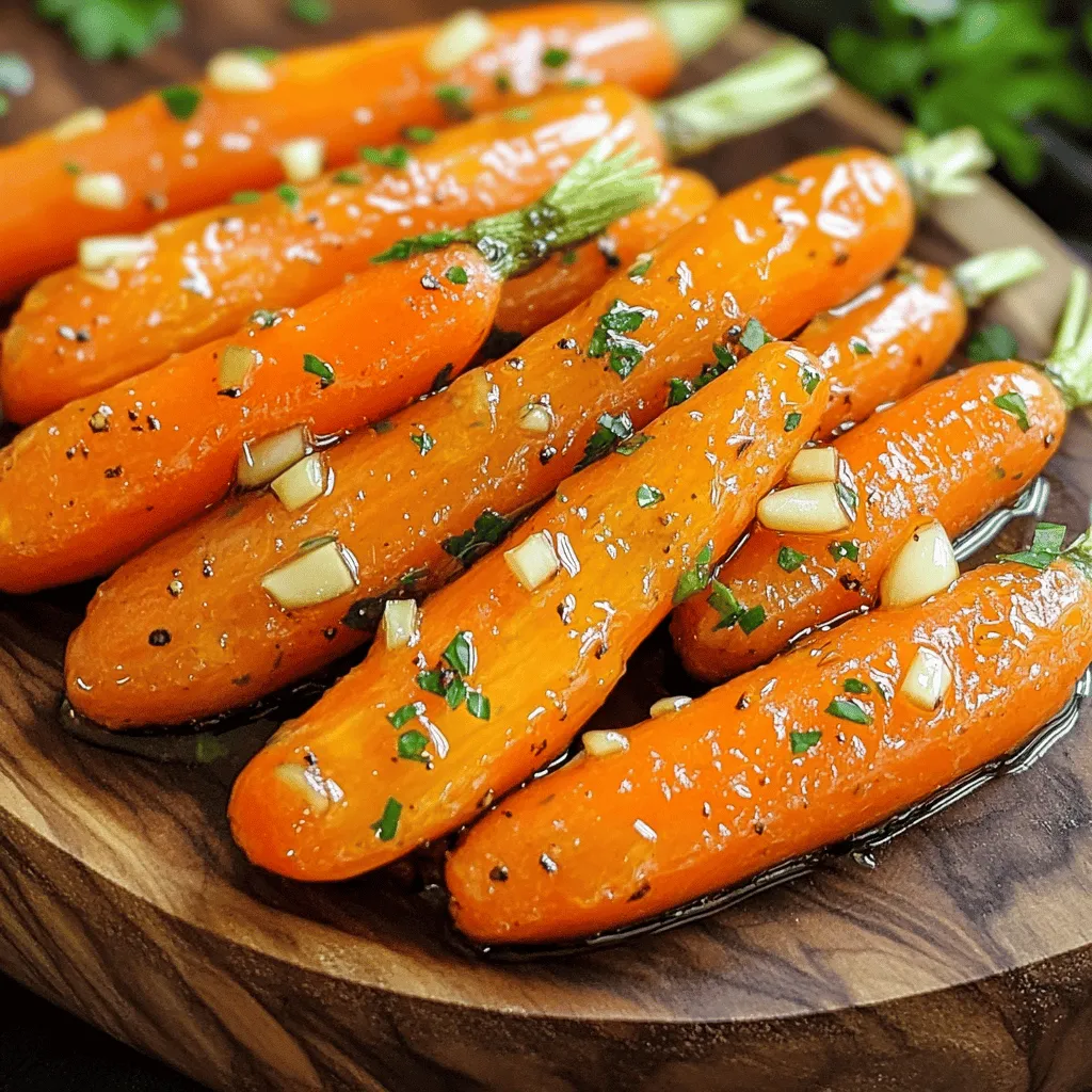 - 1 pound baby carrots - 3 tablespoons honey - 2 tablespoons olive oil - 4 cloves garlic, minced - 1 teaspoon fresh thyme leaves - Salt and pepper - 1 tablespoon balsamic vinegar (optional) - Fresh parsley, chopped When I make honey garlic roasted carrots, I always start with the main ingredients. Baby carrots are my favorite because they are sweet and tender. If you can't find baby carrots, regular carrots work too; just cut them into sticks. Next, I mix honey for sweetness. It adds a lovely glaze to the carrots. Olive oil brings richness and helps with roasting. Minced garlic gives the dish a punch of flavor. For additional seasonings, I add fresh thyme leaves. They bring a nice herbal note. Salt and pepper are a must for balance. If you want a tangy twist, balsamic vinegar adds depth; it’s optional but worth a try. Lastly, I love to sprinkle fresh parsley on top. It adds color and freshness. This dish is not only tasty but also looks great on the table. For the complete process, check out the [Full Recipe]. - Preheat the oven to 425°F (220°C). - In a large bowl, mix honey, olive oil, minced garlic, thyme, salt, and pepper. You can add balsamic vinegar if you want more tang. - Toss the carrots into the honey garlic mix. Make sure each carrot is well-coated. - Spread the carrots out in a single layer on a baking sheet. I find that parchment paper helps the carrots not stick. - Roast the carrots for 25-30 minutes. Halfway through, flip them to ensure they cook evenly. - You want the carrots to be tender and slightly caramelized. Check for doneness by piercing them with a fork. They should be soft but not mushy. Follow the [Full Recipe] for all details and enjoy this tasty side dish! To make your honey garlic roasted carrots shine, fresh thyme is best. It adds a bright taste that dried thyme can’t match. If you have dried thyme, use half the amount to keep the flavor strong. Honey gives the dish sweetness. If you want a tangy kick, add balsamic vinegar. Just one tablespoon will do. This mix of sweet and tangy creates a great balance. For even roasting, cut your carrots to a similar size. This helps them cook at the same rate. Spread them out on the baking sheet. Avoid crowding, as this can steam the carrots instead of roasting them. Flipping halfway through the cooking time is key. This step helps achieve that beautiful caramelization and ensures they cook evenly. Garnishing with fresh parsley adds color and freshness. Just sprinkle some on top right before serving. For special occasions, serve these carrots on a nice platter. Pair them with roasted meats or grain dishes. They add a pop of color and flavor to any meal. Check out the Full Recipe for more details! {{image_2}} You can swap out carrots for other root vegetables. Try parsnips or turnips for a new taste. Sweet potatoes also work well and add a nice sweetness. Mixing different veggies gives your dish a colorful look and varied flavor. Adding spices can change the whole dish. Try a pinch of cumin or paprika for warmth. You can also switch sweeteners. Maple syrup or agave nectar works great if you want to try something new. Each swap brings a unique twist to the classic honey garlic flavor. To make this dish vegan, simply use agave syrup instead of honey. This keeps the sweetness while making it plant-based. If you are gluten-free, this recipe is perfect as it contains no gluten ingredients. Enjoy the rich taste without worry! After enjoying Honey Garlic Roasted Carrots, store any leftovers in a sealed container. This keeps them fresh and tasty. Place the container in your fridge. They will stay good for about three to five days. If the carrots seem dry, add a little olive oil before storing. When you want to eat your leftovers, the oven is the best tool. Preheat it to 350°F (175°C). Spread the carrots on a baking sheet. Heat them for about 10 to 15 minutes. This method keeps the texture and flavor intact. You can also use a microwave if you’re in a hurry. Just make sure to cover them with a damp paper towel. This keeps them moist as they warm up. If you have extra roasted carrots, freezing is a great choice. Allow them to cool completely. Then, place the carrots in a freezer-safe bag. Remove as much air as you can before sealing. They will keep well for up to three months. When you’re ready to use them, thaw them in the fridge overnight. Reheat them using the oven or microwave for the best results. For the full recipe, check out Honey Garlic Roasted Carrots 🥕. Roasting carrots takes about 25 to 30 minutes. This time will give you tender, sweet carrots. You want to cook them until they are soft and a bit caramelized. Make sure to flip them halfway through. This helps them cook evenly. Yes, you can use raw carrots. Just cut them into sticks that are about the same size as baby carrots. They may take a bit longer to cook, usually around 30 to 35 minutes. The thicker the pieces, the longer they need to roast. Honey garlic roasted carrots pair well with many dishes. They go great with roasted chicken or fish. You can also serve them with rice or quinoa for a healthy meal. They add a nice touch to any dinner plate. Check out the Full Recipe for more ideas! This article explored how to make delicious honey garlic roasted carrots. We discussed the key ingredients and shared step-by-step instructions for preparing them perfectly. You learned tips for enhancing flavor and texture, along with ways to adjust the recipe for different diets. Storage tips help you keep leftovers fresh. Roasted carrots are a tasty side dish for any meal. With these insights, you can impress everyone at your next dinner. Enjoy making this dish and don’t hesitate to experiment with flavors!
