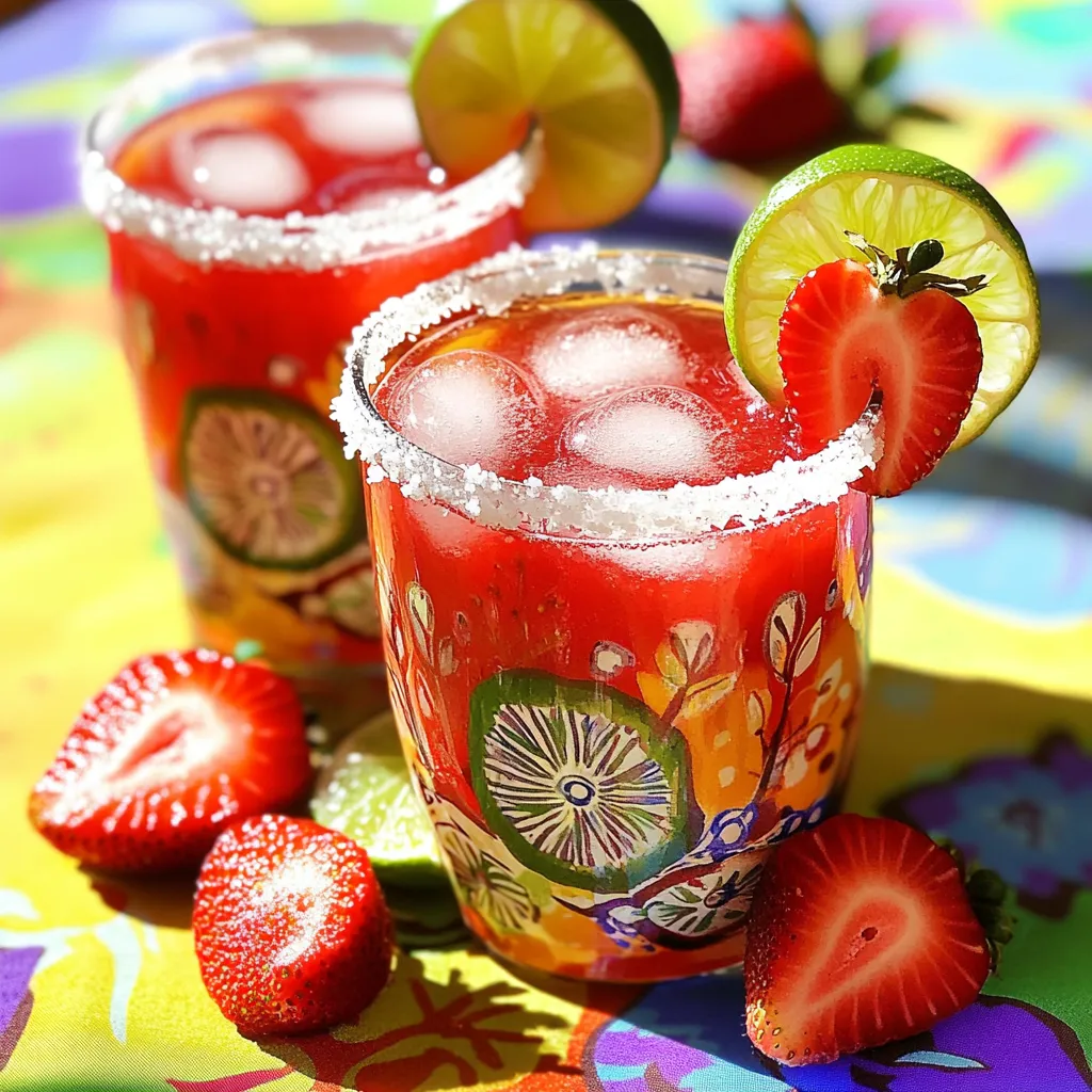 - 2 cups fresh strawberries - 1/4 cup freshly squeezed lime juice - Ice cubes For a great mocktail, start with fresh strawberries. I prefer to use ripe strawberries for the best taste and color. Wash and hull them before slicing. Fresh lime juice adds a zesty kick. You can squeeze 2-3 limes to get the right amount. Finally, don't forget the ice cubes. They keep your drink cold and refreshing. - 1/4 cup agave syrup or honey - Adjusting sweetness options Sweeteners make your drink taste amazing. I use agave syrup for its light flavor. Honey works well too, if you like its richness. Taste the mix after blending. You can always add more sweetener if you want it sweeter. Just start with a small amount. - Lime slices and strawberry halves - Optional sea salt for rimming Garnishes make your mocktail fun and pretty. Add lime slices and strawberry halves for a colorful touch. If you want to impress, rim your glasses with sea salt. Just dip the rim in lime juice first, then into the salt. It adds flavor and looks great! For the full recipe, check out the detailed steps provided. Start by rimming your glasses with lime juice. This step adds flavor and flair. Next, dip the rim in sea salt. This optional step gives a nice salty touch. Set your glasses aside and let them dry a bit. Now, it's time to blend. In your blender, add the fresh strawberries, lime juice, and agave syrup. Blend until smooth. If you want it sweeter, taste it! You can add more agave syrup or honey if needed. Take your smooth strawberry puree and pour it into a large pitcher. Now, gently mix in the sparkling water or lime soda. Stir carefully so you keep all that fizz. Grab your prepared glasses filled with ice cubes. Pour the sparkling strawberry lime mixture over the ice. Look at those colors! Garnish each glass for a beautiful finish. Add a slice of lime and a half strawberry on the rim. It makes the drink pop! Serve this refreshing drink at parties or gatherings. It looks great and tastes even better. For more details, check the Full Recipe. To make the best strawberry lime margarita mocktail, start with fresh ingredients. Fresh strawberries and lime juice make a big difference in taste. You can adjust the sweetness to fit your taste. If you prefer it sweeter, add more agave syrup or honey. Always taste the mixture before serving. This ensures everyone will enjoy the drink. Don't be afraid to experiment! You can try different fruits in this mocktail. Pineapple and mango are great options. Adding herbs like mint can give a fresh twist to your drink. The mint pairs well with the strawberry and lime. Just add a few sprigs for a burst of flavor. Serving your mocktail can be fun and creative. Use colorful glassware to make the drink pop. You can find glasses in many bright colors. A vibrant tablecloth can also make your mocktail stand out. Garnish each drink with lime slices and strawberry halves. This adds a festive touch and makes your mocktail look beautiful. {{image_2}} You can add other fruit purees to your mocktail. Mango or pineapple work great. These fruits add new layers of flavor. You can also mix in flavored sparkling water. This adds a fun twist to the drink. Choose lime or berry flavors to match your theme. Want a spicy kick? Add sliced jalapeños for a bold taste. This brings heat to the sweet strawberries. If you prefer herbs, try basil or mint. These fresh herbs add aroma and bright notes. They make your drink unique and refreshing. Seasonal fruits can elevate your mocktail. In summer, try peaches or raspberries. For fall, consider apples or cranberries. You can even adjust your mocktail for holidays. Add festive colors or flavors to fit the season. A little creativity can make every occasion special. For the full recipe, check the complete guide to making a delicious Strawberry Lime Margarita Mocktail. You can make the strawberry puree ahead of time. Just blend fresh strawberries, lime juice, and sweetener until smooth. Pour the puree into an airtight container. Store it in the fridge for up to three days. This way, you can whip up your Strawberry Lime Margarita Mocktail quickly! To keep your mocktails fresh, mix them right before serving. If you prepare them too early, the fizz will fade. For garnishes, like lime slices and strawberry halves, store them in the fridge. Place them in a covered container to keep them fresh and crisp. Fresh strawberries last about four to seven days in the fridge. Keep them dry and in their original container. Lime juice stays fresh for about a week when stored in an airtight bottle. For sweeteners, like agave syrup, they can last for months if sealed properly. Always check for any changes in smell or texture before using. What can I use instead of agave syrup? You can use honey or maple syrup. Both add sweetness and flavor. You can also try simple syrup. It mixes well and is easy to make. Just combine equal parts of sugar and water, then heat until dissolved. How can I make a larger batch for a party? To make a larger batch, simply multiply the ingredients. For instance, use 8 cups of strawberries for 16 servings. Mix in a large pitcher. Just remember to adjust the sparkling water to keep it fizzy. Can I make this mocktail without strawberries? Yes! You can replace strawberries with other fruits. Try using mango, raspberries, or even peaches. Each fruit gives a unique taste. Just blend the same amount of fruit for the puree. What are some non-alcoholic drink options for kids? Kids love fruity drinks! You can make a watermelon lemonade or a tropical punch. Mix fruit juices with soda or sparkling water. These drinks are fun and colorful. How do I make the drink fizzy? To keep the drink fizzy, add sparkling water or soda gently. Stir carefully to avoid losing bubbles. You can also serve it right after mixing for the best fizz. Can this recipe be adjusted for different serving sizes? Yes, you can easily adjust serving sizes. If you need fewer servings, cut the ingredients in half. For more, double or triple them. Just keep the ratio the same for balance. For the complete guide, check out the Full Recipe. In this blog post, we explored how to craft delicious strawberry mocktails. We covered fresh ingredients, sweeteners, and garnishes to give your drinks a vibrant touch. The step-by-step guide makes preparation easy. I shared tips on enhancing flavor and presentation. You can even explore fun variations for different occasions. Making these mocktails is simple and enjoyable. Choose fresh ingredients, and don’t be afraid to experiment. Enjoy your refreshing drinks!