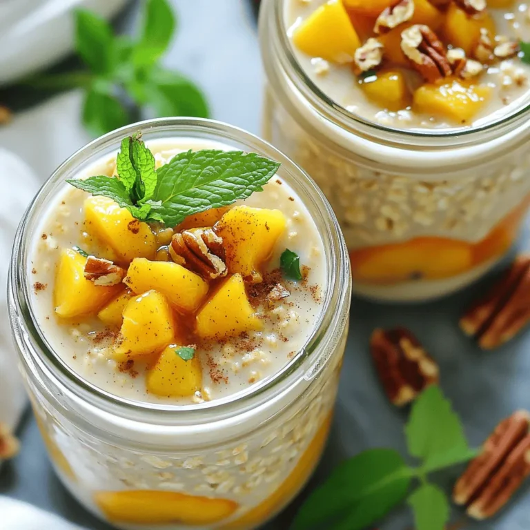 Peach Cobbler Overnight Oats is a tasty and simple dish. You can make it quickly. This recipe gives you a creamy, sweet, and crunchy breakfast. You can prepare it the night before. Just let it chill in the fridge. - 1 cup rolled oats - 1 cup almond milk (or any milk of choice) - 1 ripe peach, diced - 1 tablespoon honey or maple syrup (adjust for sweetness) - 1/2 teaspoon vanilla extract - 1/2 teaspoon ground cinnamon - 1/4 teaspoon nutmeg (optional) - 1/4 cup Greek yogurt (for creaminess) - 2 tablespoons chopped pecans (for crunch) - Fresh mint leaves (for garnish) If you want to change things up, here are some ideas: - Use coconut milk instead of almond milk. - Swap the peach for fresh berries or bananas. - Try agave nectar instead of honey. - Use dairy yogurt if you prefer. - For a nut-free option, skip the pecans. These swaps can help you make the recipe fit your taste! To start, gather all your ingredients. You will need rolled oats, almond milk, a ripe peach, and a few more items. In a medium bowl, mix the rolled oats with almond milk. Then, add the diced peach, honey, vanilla extract, ground cinnamon, and nutmeg. Stir well until everything combines. This mix is the base for your peach cobbler overnight oats. Next, it's time to add some creaminess. Take your Greek yogurt and fold it into the oat mixture gently. This step adds richness and makes the texture smooth. Make sure you don't stir too hard; you want to keep it fluffy. Once combined, divide the mixture into two jars or containers. Leave some space on top for toppings. After chilling overnight, your oats will be ready to enjoy. In the morning, stir the oats well. Taste them and adjust the sweetness if you like. For a lovely finish, add more diced peach on top and sprinkle with chopped pecans. Don't forget a few fresh mint leaves for a nice touch. You can find the full recipe above for more details. Enjoy your delicious peach cobbler overnight oats! To make your peach cobbler overnight oats pop, use ripe peaches. They bring natural sweetness. You can also add a pinch of salt. This small trick helps balance the flavors. Consider adding a splash of almond extract for a unique twist. For more flavor, mix in some chia seeds. They add texture and boost nutrition. Store your oats in airtight containers. This keeps them fresh and tasty. Use jars for easy grab-and-go meals. You can make them up to three days in advance. Just remember to add fresh toppings right before eating. This keeps your oats from getting soggy. One common mistake is not using enough liquid. Oats need enough milk to soften. Another error is skipping the chill time. Giving oats time to soak makes them creamy. Lastly, don’t forget to taste before serving. You might want to adjust the sweetness. {{image_2}} You can swap the peach for other fruits. Try berries, apples, or bananas. Each fruit brings a unique taste. In summer, fresh strawberries work well. In fall, diced apples with cinnamon taste great. Choose fruits that you love for the best results. You can mix fruits, too! This keeps your breakfast exciting. To make this recipe vegan, use plant-based yogurt. Almond milk is already dairy-free, so you’re set there! For gluten-free oats, check the label. Some oats may have gluten. The rest of the ingredients are naturally gluten-free. You can also skip the honey and use maple syrup instead. This keeps it sweet and vegan-friendly! Want a protein boost? Add a scoop of protein powder to the oats. Chia seeds or flaxseeds also add nutrition. They’re small but pack a punch! You can sprinkle them in before mixing. Want some crunch? Toss in some nuts or seeds for texture. These add flavor and healthy fats too. For more sweetness, a bit of brown sugar works well. Feel free to explore and make this recipe your own! For the full recipe, check out the earlier section. Storing leftovers is simple. Place any extra Peach Cobbler Overnight Oats in a clean jar. Make sure the jar has a tight lid to keep out air. You can store it for up to three days. If you want to keep it longer, freeze the oats instead. Just remember to thaw it in the fridge before you eat it. I love using glass jars for storage. They keep the oats fresh and let you see the layers. You can also use BPA-free plastic containers. Just make sure they are airtight. This will help keep the oats tasty and safe. Keep your overnight oats in the fridge at all times. The cold will help the oats soak up flavors and stay fresh. If you see any water on top, just stir it back in. That means the oats are doing their job. Always check for any signs of spoilage before eating. If it smells off or looks strange, it's best to toss it out. For the best taste, enjoy your oats within three days. If you want to make a big batch, just follow the full recipe, and you’ll have delicious breakfast ready for days! Yes, you can use many other fruits in this recipe. Try berries, bananas, or apples. Each fruit adds its own flavor and sweetness. If you want a twist, mix different fruits. Just keep the same amount of oats and milk for best results. Overnight oats can last up to five days in the fridge. Store them in airtight containers. This way, they stay fresh and tasty. If you notice any changes in smell or texture, it’s best to toss them. The best way to reheat overnight oats is in the microwave. Place the oats in a microwave-safe bowl. Add a splash of milk to keep them creamy. Heat for about 30 seconds. Stir and heat longer if needed. You can also enjoy them cold if you prefer. For more details, check the Full Recipe. This blog post covered the essential parts of overnight oats. We reviewed the ingredients, their substitutes, and step-by-step instructions. You learned tips to enhance flavor and store leftovers properly. We discussed variations for different diets and fruits. Lastly, I answered common questions to help you make the best oats. Remember, overnight oats are flexible and easy. Enjoy making your own unique version and share it with friends!