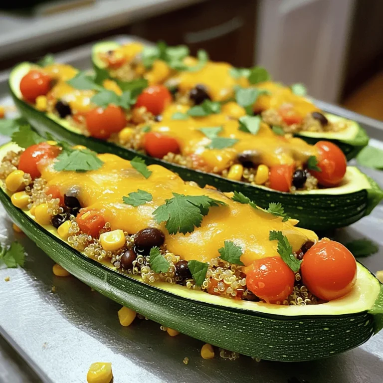 To make stuffed zucchini boats, gather these key ingredients: - 4 medium zucchini - 1 cup cooked quinoa - 1 cup cherry tomatoes, halved - 1/2 cup corn kernels (fresh or frozen) - 1/2 cup black beans, rinsed and drained - 1/4 cup red onion, finely chopped - 1 teaspoon cumin - 1 teaspoon smoked paprika - Salt and pepper to taste - 1/2 cup shredded cheese (cheddar or a blend) - Fresh cilantro, for garnish These ingredients create a delicious and healthy dish. The quinoa is a great base, adding texture and protein. The zucchini acts as a perfect vessel for all the flavors. You can change this recipe to fit your taste. Here are some ideas: - Bell peppers for extra crunch - Spinach for added nutrients - Different beans, like pinto or chickpeas - Spices such as chili powder or garlic powder - Different types of cheese like feta or mozzarella Feel free to mix and match these options. Customizing your filling makes this dish even more fun! Having the right tools helps make cooking easier. Here’s what you need: - A sharp knife for cutting - A spoon for scooping out the zucchini - A skillet for cooking the filling - A baking sheet for the zucchini boats - An oven for baking These simple tools will help you create a beautiful dish. With the right setup, you’ll enjoy making stuffed zucchini boats! For the full recipe, check the provided link and get started! First, preheat your oven to 375°F (190°C). This helps the zucchini cook just right. Next, take your medium zucchinis and cut them in half lengthwise. Use a spoon to scoop out the seeds and create boats. Save the flesh you scoop out; it adds great flavor to your filling. In a skillet over medium heat, add a splash of olive oil. Then, add the finely chopped red onion. Sauté it for about 3-4 minutes until it turns soft. Now, chop the reserved zucchini flesh and add it to the skillet. Toss in halved cherry tomatoes, corn, black beans, cumin, smoked paprika, salt, and pepper. Cook this mixture for about 5 minutes. You want the tomatoes to soften a bit. Finally, stir in 1 cup of cooked quinoa until everything is mixed well. Place your zucchini boats on a baking sheet. Spoon the filling into each boat generously. Don’t be shy; pack it in! Top each filled boat with shredded cheese. Bake them in your preheated oven for 20-25 minutes. Look for tender zucchini and bubbly, golden cheese. Once done, take them out and let them cool for a few minutes. Garnish with fresh cilantro before serving. For the complete recipe, check out the link to the [Full Recipe]. To cook zucchini so it stays tender, start with fresh ones. Look for firm, medium-sized zucchini. Cut them in half lengthwise to make boats. Use a spoon to scoop out the seeds gently. This creates space for the filling. Bake them at 375°F (190°C) for 20-25 minutes. This method keeps them soft without turning mushy. You can mix and match fillings to suit your taste. The base recipe uses quinoa, beans, and veggies. You can add other ingredients like sausage or mushrooms. If you want a spicy kick, add jalapeños or hot sauce. For a creamier texture, try cream cheese or sour cream in the filling. Always taste your mix and adjust spices as needed. This way, you ensure it suits your palate. Serve stuffed zucchini boats with a fresh salad or rice. A side of garlic bread complements the dish well. For a complete meal, pair them with grilled chicken or fish. You can also top them with extra cheese or fresh herbs for added flavor. Consider a drizzle of balsamic glaze for a sweet touch. These options make your meal more exciting and balanced. For the full recipe, check out Stuffed Zucchini Boats . {{image_2}} For a tasty vegetarian option, you can change the filling. Try adding mushrooms, bell peppers, or spinach. You can also use brown rice or couscous instead of quinoa. Another idea is to mix in some feta cheese for a salty kick. This adds great flavor and texture. To make these zucchini boats vegan, simply skip the cheese. You can use nutritional yeast for a cheesy flavor without dairy. For the filling, add lentils or chickpeas for a hearty bite. Swap out any animal products and focus on fresh veggies. This makes the dish healthy and satisfying. If you want more protein, ground turkey or chicken works well. Brown the meat before adding it to the filling mix. You can also use tofu or tempeh for a plant-based option. Just crumble and sauté it with the veggies. These additions make the dish more filling and delicious. For the full recipe, check out the link! Store leftover stuffed zucchini boats in an airtight container. Keep them in the fridge for up to four days. Make sure they cool down before sealing them. This helps keep the flavor fresh and tasty. To reheat, place the zucchini boats on a baking sheet. Preheat your oven to 350°F (175°C). Heat them for about 15-20 minutes. This method warms the filling and keeps the zucchini tender. You can also use the microwave for a quick method. Heat for one to two minutes, but the oven gives the best results. You can freeze stuffed zucchini boats for later. First, let them cool completely. Wrap each boat in plastic wrap and then place them in a freezer bag. They can stay fresh for up to three months. To cook frozen zucchini, thaw them in the fridge overnight. Then, bake them at 350°F (175°C) until heated through. This keeps them tasty and ready for your next meal. For the full recipe, check out the link to make your own delicious stuffed zucchini boats! Yes, you can make stuffed zucchini boats ahead of time. Prepare the filling and stuff the zucchini boats. Cover them tightly with plastic wrap or foil. Store them in the fridge for up to 24 hours. When ready to cook, just bake them as directed in the full recipe. This saves time on busy days. You can get creative with your fillings! Some great options include: - Ground turkey or beef - Cooked rice or couscous - Spinach and feta cheese - Sauteed mushrooms and garlic - Lentils or chickpeas Feel free to mix and match these ingredients. This lets you tailor the dish to your taste. Stuffed zucchini boats last about 3 to 5 days in the fridge. Store them in an airtight container to keep them fresh. Reheat them in the oven or microwave before serving. This way, you can enjoy leftovers without losing flavor or texture. We explored how to make delicious stuffed zucchini boats. You learned about essential and optional ingredients, plus cooking tools you need. The step-by-step guide walked through preparing, cooking, and baking. I shared tips for perfect cooking and filling choices. We discussed fun variations and how to store leftovers. With these facts, you can enjoy tasty stuffed zucchini anytime. Try your own twists and make it your dish!