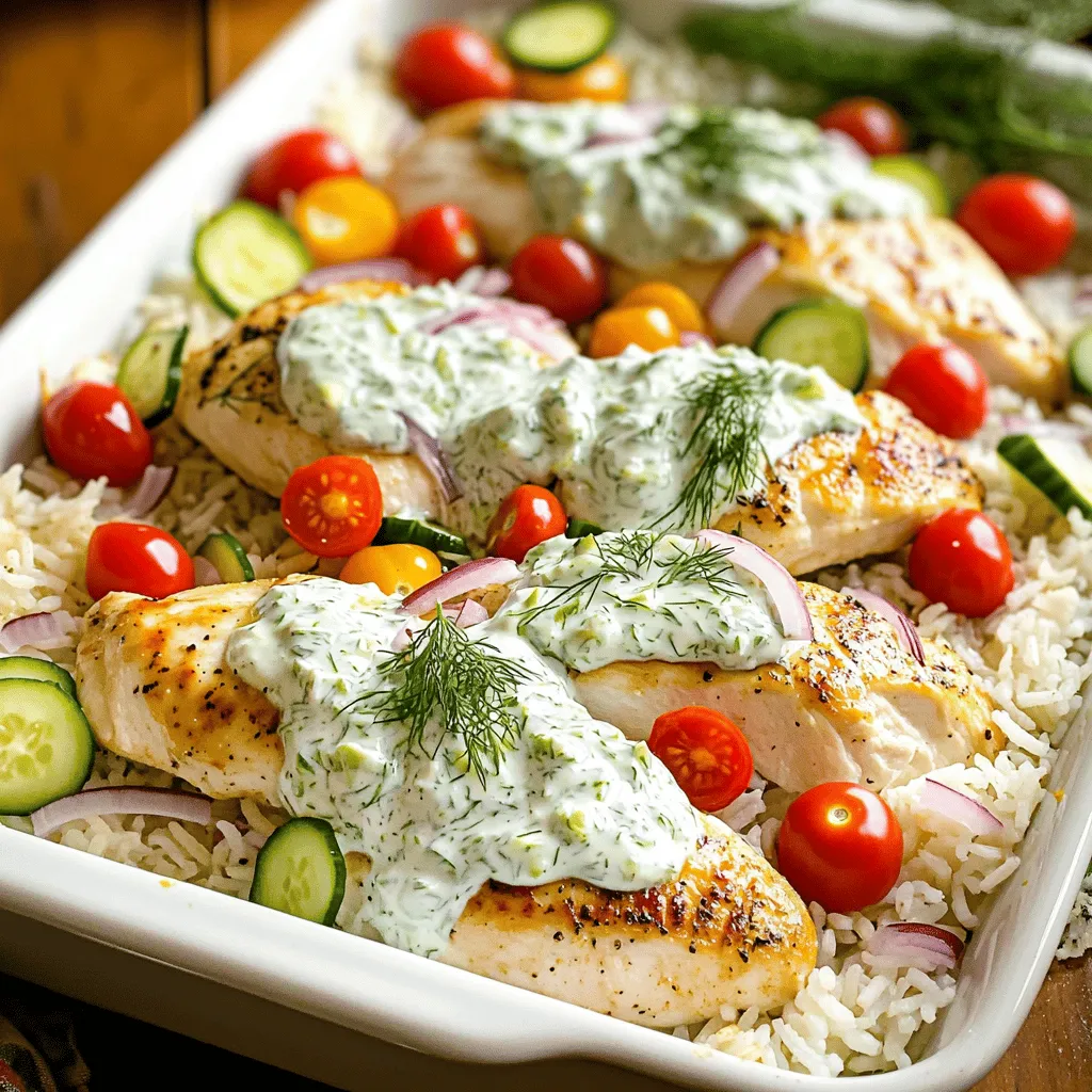 - 2 cups uncooked basmati rice - 4 boneless, skinless chicken breasts - 2 cups low-sodium chicken broth - 1 cup Greek yogurt - 1 medium cucumber, grated - 2 cloves garlic, minced - 1 tablespoon fresh dill, chopped - 2 tablespoons lemon juice - ½ cup cherry tomatoes, halved Gather these ingredients before you start. The basmati rice forms the base of this dish. The chicken breasts add protein and flavor. Using low-sodium chicken broth helps keep the dish balanced. For the tzatziki sauce, Greek yogurt gives it a rich texture. The cucumber adds crunch and freshness. Garlic brings in a punch of flavor, making the sauce delicious. Fresh dill gives the dish a bright taste. Lemon juice adds a zesty kick. Cherry tomatoes bring a splash of color and sweetness. This recipe is simple yet packed with flavor. You can find the full recipe above for all the details. - Preheat the oven to 375°F (190°C). - In a large baking dish, add: - 2 cups uncooked basmati rice - 2 cups low-sodium chicken broth - 1 teaspoon salt - ½ teaspoon black pepper - 1 teaspoon dried oregano - Stir gently to combine the rice and broth. - Place 4 boneless, skinless chicken breasts on top of the rice. - Season the chicken with salt, pepper, and a sprinkle of oregano. - Cover the baking dish tightly with aluminum foil. This step traps steam to cook the rice and chicken. - Bake in the preheated oven for 40 minutes. - After 40 minutes, remove the foil. Check if the chicken is fully cooked. The internal temperature should reach 165°F (75°C). Also, check that the rice is tender. - If needed, return it to the oven uncovered for 5-10 minutes. - While the chicken and rice bake, prepare the tzatziki sauce. - In a medium bowl, combine: - 1 cup Greek yogurt - 1 medium cucumber, grated - 2 cloves garlic, minced - 1 tablespoon fresh dill, chopped (or 1 teaspoon dried dill) - 2 tablespoons lemon juice - 1 teaspoon salt - A dash of black pepper - Mix until smooth. Stir well to blend all the flavors. To ensure perfectly cooked chicken, use a meat thermometer. The internal temperature should reach 165°F (75°C). This step keeps your chicken juicy and safe to eat. If you find the chicken is not cooking evenly, check the size of your chicken breasts. Smaller pieces cook faster than larger ones. When it comes to fluffing rice, use a fork. After baking, let the rice sit for five minutes. Then, gently lift and separate the grains. This step makes your rice light and fluffy, not sticky. For a stunning presentation, you can add fresh vegetables. Sliced cucumbers, cherry tomatoes, and a sprinkle of dill brighten up your dish. Serve the chicken and rice family-style right in the baking dish. This makes for a relaxed meal. Pair your Dump and Bake Chicken Tzatziki Rice with a Greek salad. A side of roasted vegetables also works well. These options add color and nutrients to your meal. If you want lower calorie alternatives, consider using skinless chicken thighs. They are flavorful and slightly lower in calories. You can also swap out white basmati rice for brown rice or quinoa. These grains provide more fiber and nutrients. For dietary restrictions, try dairy-free yogurt in the tzatziki. This keeps the creaminess without dairy. If you're avoiding carbs, use cauliflower rice instead of regular rice. Each of these swaps helps you stay on track with your meal goals. For the full recipe, check out the earlier section. {{image_2}} You can change the taste of this dish easily. Try adding fresh herbs like parsley or mint. They give a bright note to the meal. You can also add spices like paprika or cumin for warmth. If you have other veggies, toss them in too. Bell peppers and zucchini add color and crunch. You can even mix in spinach for added nutrition. If you want a different protein, turkey works great. Use ground turkey for a fun twist. You can also try tofu for a vegetarian option. Just press it to remove water and cube it before baking. Chickpeas are another tasty choice. They add protein and a nice texture. You can swap basmati rice for quinoa. Quinoa cooks quickly and is high in protein. Cauliflower rice is another healthy option. It’s low-carb and adds a nice crunch. If you prefer brown rice, use it! Just remember it may need more cooking time. Adjust the liquid as needed to keep it moist. Store any leftover Dump and Bake Chicken Tzatziki Rice in an airtight container. This helps keep the dish fresh and tasty. You can keep it in the refrigerator for up to three days. Make sure to let it cool down first before sealing the container. This way, you avoid any extra moisture that can make it soggy. To freeze this dish safely, let it cool completely. Then, transfer it to a freezer-safe container or bag. Seal tightly to prevent freezer burn. You can freeze it for up to three months. When you're ready to eat, thaw it in the fridge overnight. For reheating, warm it in the oven or microwave until hot. Ensure the chicken reaches 165°F (75°C) before serving. Meal prepping can save you time on busy days. You can prepare the chicken and rice mixture ahead of time. Just follow the recipe until the baking step. Store it in the fridge for up to a day. For quick meals, portion out the leftovers into single servings. This makes it easy to grab and heat up whenever you need. Enjoy your easy, healthy meals! If you need a Greek yogurt substitute, consider these options: - Sour cream: It has a similar texture and tangy flavor. - Plain yogurt: Regular yogurt works well, but it may be thinner. - Silken tofu: Blend it to get a creamy texture for a dairy-free option. - Cashew cream: Soak cashews and blend for a rich, vegan alternative. These choices fit different diets and keep your dish tasty. Cooking time for chicken depends on weight and thickness. - For boneless, skinless breasts, cook for about 40 minutes at 375°F (190°C). - Thicker pieces may need an extra 5-10 minutes. - Always check for an internal temperature of 165°F (75°C). This ensures your chicken is safe and juicy. Yes, you can prepare this dish in advance. - Assemble the ingredients in the baking dish. - Cover and refrigerate for up to 24 hours. - When ready to cook, add an extra 10 minutes to the baking time. This makes meal planning easy and convenient. To complement this dish, try these sides: - A fresh Greek salad: It adds crunch and brightness. - Roasted vegetables: Carrots, zucchini, or bell peppers are great options. - Pita bread: Serve with tzatziki for dipping. - Lemon wedges: They add a nice zing to the meal. These sides balance flavors and enhance your dining experience. This blog post shared a simple, tasty way to make Dump and Bake Chicken Tzatziki Rice. We covered the main ingredients, including basmati rice and boneless chicken. You learned step-by-step instructions for preparation and baking. I shared tips for cooking and serving, plus variations to keep things exciting. In the end, this dish is flexible and healthy. You can easily customize it. Use what you have on hand to make it your own. Happy cooking!