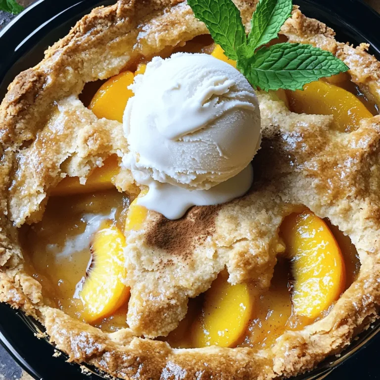 To make a tasty peach cobbler, you need simple ingredients. Here’s what you will gather: - 4 cups fresh peaches, peeled and sliced - 1 teaspoon lemon juice - 1 cup granulated sugar, divided - 1 teaspoon ground cinnamon - 1 cup all-purpose flour - 1 tablespoon baking powder - 1/2 teaspoon salt - 1 cup milk - 1/2 cup unsalted butter, melted - Optional serving suggestions: vanilla ice cream and mint leaves These ingredients work together to create a sweet and warm dessert. Fresh peaches bring a lovely flavor, while sugar and cinnamon add sweetness and spice. The flour and baking powder help the cobbler rise, making it light and fluffy. When you slice the peaches, make sure they are ripe. This will give your cobbler the best taste. The lemon juice adds a bit of tang, which balances the sweetness. When you mix all these key items, you create a dish that feels like a hug on a plate. For the full recipe, you can follow the steps in the next section. Enjoy the process, and don’t forget to make it your own! 1. Preheat your oven to 350°F (175°C). This step is key for even baking. 2. In a bowl, mix 4 cups of sliced peaches with 1 teaspoon of lemon juice, 1/2 cup of sugar, and 1 teaspoon of ground cinnamon. Toss gently until the peaches are coated. Set this mixture aside. 3. In another bowl, whisk together 1 cup of all-purpose flour, 1 tablespoon of baking powder, 1/2 teaspoon of salt, and the other 1/2 cup of sugar. This blend will give our cobbler its nice texture. 4. Gradually add 1 cup of milk and 1/2 cup of melted butter to the dry mix. Stir until just combined. It's okay if there are a few lumps. 1. Pour the batter into a greased 9x13-inch baking dish. Spread it evenly across the bottom. 2. Spoon the peach mixture over the batter. Make sure to pour in all the juices. Do not stir. The batter will rise during baking. 1. Bake the cobbler in your preheated oven for 45-50 minutes. Look for a golden brown top. Use a toothpick to check; it should come out clean. 2. Once baked, let the cobbler cool for a few minutes before serving. This helps the flavors settle. 3. For a special touch, serve warm with a scoop of vanilla ice cream on top. Enjoy your homemade peach cobbler! You can find the full recipe within this section. Choosing the right peaches is key for a great cobbler. Look for ripe, juicy peaches. They should feel firm but yield slightly when pressed. Avoid overripe or hard peaches, as they won't cook well. Fresh peaches work best, but you can also use frozen if fresh ones aren't available. Common mistakes often happen when mixing. Be careful not to overmix your batter. A few lumps are okay; they help create a light texture. Also, remember not to stir the peach mixture into the batter. Let the peaches sit on top; the batter will rise around them while baking. Serve your peach cobbler warm for the best taste. A scoop of vanilla ice cream on top adds a creamy touch. The cold ice cream pairs perfectly with the warm cobbler, creating a delightful contrast. For extra flair, you can add garnishes. A sprinkle of cinnamon or a few mint leaves can brighten the dish. These small touches can enhance flavor and make your cobbler look even more inviting. Enjoy your delicious creation! For the full recipe, check out the Sweet Southern Peach Cobbler 🥧 section above. {{image_2}} You can switch up the fruit in this peach cobbler. Try using berries, apples, or cherries. Each fruit brings a new taste. For example, blueberries add a sweet-tart flavor. Apples give a crisp bite. You can mix fruits too! Seasons also change what fruits you can use. In summer, peaches are ripe and sweet. In fall, apples and pears shine. You can adapt this recipe to match what is fresh. It makes the cobbler fun and unique every time. If you need gluten-free options, you can swap the all-purpose flour. Use a gluten-free flour blend instead. This works well and keeps the cobbler tasty. For sugar substitutes, try using honey or maple syrup. They add a different flavor and sweetness. Just remember to adjust the amount to match your taste. You can still enjoy this dessert without refined sugar. With these changes, everyone can enjoy a slice of homemade peach cobbler. For the full recipe, check out the link provided. To keep your peach cobbler fresh, store it in an airtight container. This helps avoid drying out. You can also cover it tightly with plastic wrap or foil. The best place to store it is in the fridge. For the best flavor and texture, eat leftovers within 3 to 4 days. After this, the cobbler may lose its taste and texture. To reheat peach cobbler, preheat your oven to 350°F (175°C). Place the cobbler in a baking dish. Cover it loosely with foil to prevent burning. Heat for about 20 minutes or until warm. If you want a quick method, you can use the microwave. Heat a slice for 30 seconds. Check if it's warm enough. If not, heat for another 15 seconds. To keep the texture nice, avoid overheating. This way, the topping stays crisp and the filling remains soft. Enjoy your warm peach cobbler with a scoop of vanilla ice cream from the Full Recipe. Can I use canned peaches? Yes, you can use canned peaches. Just drain them well. Canned peaches are sweeter, so cut back on sugar. This keeps the cobbler balanced and tasty. How do I know when the cobbler is done? Check for a golden brown top. A toothpick inserted in the center should come out clean. If it’s wet, bake a little longer. Keep an eye on it for the best results. Can I make it ahead of time? Yes, you can make it ahead. Prepare the cobbler, then cover it and chill. Bake it when you are ready to serve. This saves time and makes it easy for gatherings. What to do if the cobbler is too runny? If your cobbler is too runny, let it cool. This helps it set. You can also bake it a bit longer. If you prefer a thicker filling, use cornstarch next time. Mix it with the peaches before baking. For the full recipe, check out the details above. This blog post covered everything you need to make a tasty peach cobbler. You learned about the key ingredients, step-by-step instructions, and helpful tips for success. We even explored fun variations and storage tips. Now, you have the tools to create a perfect peach cobbler. Enjoy baking and sharing this delicious treat with others. Remember, the best cobbler comes from fresh ingredients and a little practice. Get started!