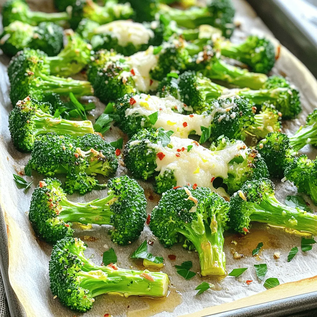 - 1 large head of broccoli - 4 cloves garlic - 2 tablespoons olive oil - Zest of 1 lemon - 2 tablespoons lemon juice - 1 teaspoon red pepper flakes - Salt and pepper to taste - 2 tablespoons grated Parmesan cheese (optional) - Fresh parsley for garnish Gathering the right ingredients is key to making Zesty Lemon Garlic Roasted Broccoli. First, you need a large head of broccoli. Look for fresh, bright green florets. Next, grab four cloves of garlic. Fresh garlic packs a big flavor punch. You will also need two tablespoons of olive oil. This oil helps the broccoli roast nicely. Now, let’s talk about flavor enhancers. The zest of one lemon is a must. It adds a fresh, bright note. You will also need two tablespoons of lemon juice for a bit of tang. One teaspoon of red pepper flakes gives a nice kick. Adjust the amount to match your spice level. For seasonings, use salt and pepper to taste. These simple spices bring out the flavors. If you want, sprinkle two tablespoons of grated Parmesan cheese on top. It adds a creamy finish. Finally, don’t forget fresh parsley. It makes a lovely garnish and adds color. You can find the full recipe for Zesty Lemon Garlic Roasted Broccoli above. Enjoy the vibrant flavors! To begin, cut the broccoli into florets. Place the head of broccoli on a cutting board. Slice off the thick stem. Then, break or cut the broccoli into smaller pieces. Aim for even sizes to ensure they cook the same. Next, prepare the garlic. Take four cloves and peel them. Mince the garlic with a knife. Minced garlic gives the dish a strong flavor that pairs well with the broccoli. In a large mixing bowl, combine the broccoli florets and minced garlic. Add two tablespoons of olive oil for richness. Then, add lemon zest and lemon juice for that zesty kick. Sprinkle in one teaspoon of red pepper flakes for heat. Season with salt and pepper to taste. Toss the mixture well to coat the broccoli evenly. Make sure every piece gets some oil and seasoning. This step is key for great flavor. Preheat your oven to 425°F (220°C). This high heat helps the broccoli roast nicely. Next, spread the broccoli mixture on a baking sheet. Make sure it’s in a single layer to roast evenly. Place the baking sheet in the oven. Cook for 20-25 minutes. Stir the broccoli halfway through to ensure it cooks on all sides. You want the broccoli to be tender and slightly crispy on the edges. If you like cheese, sprinkle grated Parmesan cheese during the last 5 minutes. This adds a tasty finish. After roasting, garnish with fresh chopped parsley before serving. For the full recipe, check the complete instructions above. To get your broccoli just right, aim for a roasting temperature of 425°F (220°C). This heat makes the edges crisp while keeping the inside tender. Roast for about 20 to 25 minutes. Stir halfway through cooking to ensure even roasting. To avoid soggy broccoli, make sure to dry the florets well after washing. Excess water causes steam, which leads to mushy results. Toss the broccoli in olive oil and seasonings right before roasting for the best texture. Want more flavor? Try adding extra minced garlic or spices. You can use smoked paprika or even cumin for a different taste. These spices add depth and warmth to your dish. When it comes to oils, stick with high-quality olive oil. It has a rich flavor that enhances the dish. You can also try avocado oil for a lighter taste. Both options work well for roasting and add healthy fats. Zesty Lemon Garlic Roasted Broccoli pairs wonderfully with grilled chicken or fish. It also works great as a side for pasta dishes. For a nice touch, garnish with fresh parsley or a sprinkle of lemon zest. This adds color and brightness to the dish. If you want, you can also serve it with a wedge of lemon for extra zing. For the full recipe, check out the details above. {{image_2}} You can enhance the taste of Zesty Lemon Garlic Roasted Broccoli by adding other vegetables. Bell peppers and carrots work well. They bring extra color and flavor. You can also mix in some cherry tomatoes for a burst of sweetness. Exploring different citrus flavors is fun too. Try lime or orange for a unique twist. Each citrus can change the dish’s profile and make it exciting. If you want a vegan version, simply skip the Parmesan cheese. It still tastes great without it. For gluten-free options, ensure your ingredients are certified gluten-free. You can also reduce sodium by using fresh herbs instead of salt. This keeps it tasty and healthy for everyone. Incorporating seasonal herbs like thyme or rosemary adds a fresh touch. These herbs can elevate the taste, making it perfect for any season. You can also use spices like paprika or cumin for a warm flavor. This dish is great for holiday meals or gatherings. Serve it alongside your favorite main dishes to impress your guests. For the full recipe, check the earlier section. To keep your zesty lemon garlic roasted broccoli fresh, follow these tips: - Let the broccoli cool down to room temperature before storing. - Use airtight containers to prevent moisture loss. - Store in the refrigerator for up to four days. To enjoy your leftovers, reheating is key. Here’s how to do it well: - Use an oven for the best texture. Preheat it to 350°F (175°C). - Spread the broccoli on a baking sheet and heat for about 10 minutes. - You can also microwave it; just cover it with a damp paper towel. This keeps it moist. - Adding a splash of lemon juice while reheating enhances the flavor. Yes, you can freeze roasted broccoli! Here’s how: - Allow the broccoli to cool completely before freezing. - Place it in a single layer on a baking sheet to freeze. - Once frozen, transfer it to a freezer-safe bag or container. - To thaw, place the bag in the fridge overnight. You can also cook it straight from frozen. - Freezing may change the texture slightly, but the taste remains delicious. For detailed steps on making this dish, check the Full Recipe. To make Zesty Lemon Garlic Roasted Broccoli, follow these simple steps: 1. Preheat your oven to 425°F (220°C). 2. Cut the broccoli into small florets. 3. Mince the garlic into tiny pieces. 4. In a large bowl, mix the broccoli florets, minced garlic, olive oil, lemon zest, lemon juice, red pepper flakes, salt, and pepper. 5. Toss well to coat every piece of broccoli evenly. 6. Spread the mixture in a single layer on a lined baking sheet. 7. Roast for 20-25 minutes. Stir halfway through for even cooking. 8. Add cheese during the last 5 minutes if you want. 9. Garnish with fresh parsley before serving. This method gives you crispy, tasty broccoli with a zesty kick. Yes, you can use frozen broccoli. It’s a great time saver. Just keep these tips in mind: - Thaw the broccoli first. You can do this in the fridge overnight or in the microwave. - Drain any excess water after thawing. This prevents sogginess. - Roast for a few extra minutes. Frozen broccoli may need more time to cook than fresh. By following these steps, you will still get a delicious dish. Roasted broccoli pairs well with many dishes. Here are some ideas: - Grilled chicken offers a nice protein balance. - Pasta with lemon sauce complements the flavors well. - Quinoa or rice makes a great base for a healthy meal. - Steak or fish adds richness and works well with the freshness of the broccoli. These pairings will make your meal colorful and delicious! Roasted broccoli can transform your meals with its simple yet bold flavors. We covered the key ingredients, step-by-step cooking methods, and tips for success. Encouraging flavor variations and dietary options adds versatility to this side dish. Remember to store leftovers properly and consider reheating to preserve taste and texture. With these insights, you can enjoy delicious roasted broccoli that suits your taste and style. Explore these ideas and elevate your cooking today!