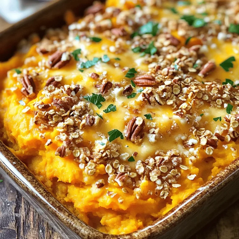 To make a savory sweet potato casserole, you need a few key items: - 4 large sweet potatoes, peeled and cubed - 1 cup milk (or unsweetened almond milk) - 2 tablespoons butter - 1/2 cup brown sugar - 1 teaspoon cinnamon - 1/2 teaspoon nutmeg - Salt and pepper to taste - 1 cup shredded sharp cheddar cheese - 1/2 cup grated Parmesan cheese - 1 cup pecans, chopped - 1/2 cup rolled oats When selecting sweet potatoes, look for firm ones with smooth skin. Avoid any that have soft spots or wrinkles. Bright orange flesh means more flavor and nutrition. This dish shines with spices like cinnamon and nutmeg. These spices add warmth and depth. Fresh spices enhance flavor much more than dried ones. When possible, choose fresh or whole spices. They give the best taste to your casserole. You can add different ingredients for more flavor or nutrition. Try mixing in some cooked sausage for a meaty twist. If you want a vegan option, swap out the butter and cheese for plant-based versions. You can also use nuts like walnuts or almonds instead of pecans. These substitutions keep the dish interesting and cater to dietary needs. For the full recipe, check the link provided. First, preheat your oven to 350°F (175°C). This helps the casserole cook evenly. Next, prepare your sweet potatoes. Peel and cube four large sweet potatoes. Place them in a large pot. Cover them with water. Bring the water to a boil. Cook the sweet potatoes for 15-20 minutes. They should be fork-tender. Drain the water and let them cool a bit. Now, it’s time to mash the sweet potatoes. In a large mixing bowl, mash them until smooth. You want a creamy texture with no lumps. This step is crucial for a great casserole. Next, add milk and butter to the mashed sweet potatoes. You can use almond milk if you prefer. Mix in brown sugar, cinnamon, nutmeg, salt, and pepper. Stir until everything is well combined. The mixture should look creamy and flavorful. Now, it’s time for cheese! Stir in a cup of shredded sharp cheddar cheese. Keep a small amount for later. This cheese adds a nice richness to the dish. Transfer the sweet potato mixture into a greased baking dish. Spread it evenly across the bottom. Proper layering is key for even cooking. In a separate bowl, mix together chopped pecans, rolled oats, and the remaining cheddar cheese. This mixture will create a wonderful topping. Sprinkle it evenly over the sweet potato layer. Bake the casserole in your preheated oven for 30-35 minutes. Look for a golden brown and crispy top. This texture gives your casserole the perfect finish. Let it cool for a few minutes before serving. Enjoy your delicious savory sweet potato casserole! For the full recipe, check the complete instructions above. To make the best savory sweet potato casserole, start by boiling your sweet potatoes. Peel and cube the potatoes. Place them in a pot and cover them with water. Bring the water to a boil. Cook for 15 to 20 minutes until tender. You can test for doneness by poking a piece with a fork. If it slides off easily, it’s ready! You can enhance the flavor in many ways. Try adding a splash of maple syrup for sweetness. Combine sweet potatoes with savory garlic or onion for depth. Fresh herbs like thyme or rosemary can add a bright flavor. Experiment with spices like smoked paprika or cumin for a twist. Pair your casserole with a fresh salad or roasted veggies. It’s also great alongside grilled meats or fish. For a lovely presentation, serve the casserole in a colorful dish. Sprinkle some fresh parsley or add a drizzle of honey on top for a special touch. Check the Full Recipe for more serving ideas! {{image_2}} You can make tasty swaps to fit different diets. For a vegan version, replace milk with unsweetened almond milk and butter with coconut oil. Use maple syrup instead of brown sugar for sweetness. If you want a gluten-free dish, ensure your oats are certified gluten-free. For lower sugar, cut the brown sugar in half, and add a ripe banana for natural sweetness. Low-carb eaters can use cauliflower instead of sweet potatoes. This keeps the texture without the carbs. You can play with local flavors to make this casserole unique. For a Southern twist, add cooked sausage for extra flavor. If you want a Mediterranean style, mix in sun-dried tomatoes and feta cheese. Fresh herbs like rosemary or thyme can also enhance the flavor. You can even add a dash of cumin for a warm, earthy taste. These small changes can transform the dish into something new and exciting. Use seasonal ingredients to keep the casserole fresh. In fall, add chopped apples or cranberries for a sweet touch. In winter, toss in roasted Brussels sprouts or carrots for added depth. You can also sprinkle pumpkin spice for a holiday flair. As spring arrives, consider adding fresh herbs like parsley or dill. These bright flavors make the dish feel lighter and more vibrant, perfect for family dinners. For the full recipe, try the Savory Sweet Potato Casserole . Store any leftover savory sweet potato casserole in an airtight container. This keeps it fresh and tasty. You can keep it in the fridge for about 3 to 5 days. If you plan to eat it later, make sure to cool it completely before sealing it up. To freeze the casserole, let it cool first. Then, wrap it tightly in plastic wrap and foil. This keeps out air and prevents freezer burn. It can last in the freezer for up to 3 months. When you're ready to eat it, thaw it overnight in the fridge. For reheating, the oven works best. Preheat it to 350°F (175°C) and place the casserole in for about 20 minutes. If you prefer using a microwave, heat it in short bursts, checking often. To keep the top crispy, cover it loosely with foil while baking. Enjoy your warm and delicious dish! How long does it take to make savory sweet potato casserole? Making this casserole takes about 1 hour. You spend 15 minutes prepping and boiling the sweet potatoes. The baking time is around 30-35 minutes. Can I prepare this casserole in advance? Yes, you can make this casserole ahead of time. Prepare it fully and store it in the fridge. Just cover it with foil to keep it fresh. When ready to bake, let it sit at room temp for about 30 minutes. Then bake as directed. What to do if the casserole is too dry or too wet? If your casserole is too dry, add a little milk or more butter. Mix it well to combine. If it's too wet, bake it a bit longer. This helps evaporate excess moisture. How to avoid a soggy bottom crust? To prevent a soggy bottom crust, make sure to drain the sweet potatoes well after boiling. Also, avoid adding too much liquid. Using a greased baking dish helps too. Overview of nutritional benefits of sweet potatoes. Sweet potatoes are packed with vitamins A and C. They are high in fiber and low in calories. This makes them a healthy choice for many diets. How this dish fits into a balanced diet. This savory sweet potato casserole adds nutrients to your meal. It offers carbs, protein, and healthy fats. With cheese and nuts, it balances taste and nutrition well. Enjoy this dish as part of a varied diet. For the full recipe, check out the details above. This blog post covered essential ingredients and their uses in making a delicious sweet potato casserole. I shared tips on preparing sweet potatoes, mixing ingredients, and baking techniques for the best results. You can adapt this dish for various diets or seasonal tastes. Remember the storage tips for leftovers and reheating to keep flavors intact. With these insights, you'll create a tasty and satisfying meal perfect for any occasion. Enjoy making this dish your own!