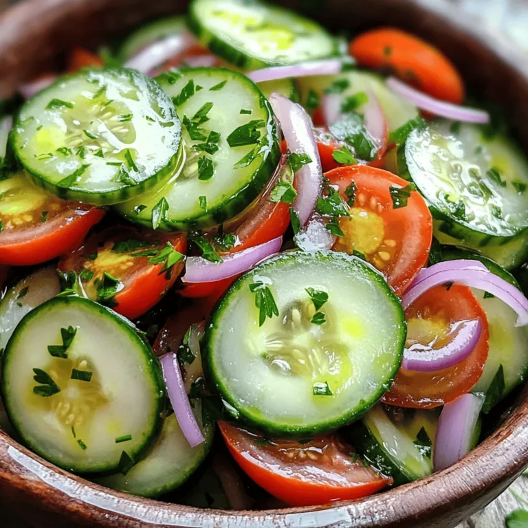 - 2 large cucumbers, thinly sliced - 3 medium tomatoes, diced - 1 small red onion, thinly sliced - 1/4 cup rice vinegar - 2 tablespoons olive oil - 1 teaspoon sugar - 1 clove garlic, minced - 1 teaspoon dried oregano - Salt and pepper to taste - Fresh parsley, chopped (for garnish) Gather these fresh ingredients to create a bright and zesty dish. Fresh cucumbers add crunch, while ripe tomatoes bring sweetness. The red onion gives a mild bite to the dish. The marinade's rice vinegar and olive oil mix creates a tangy and rich flavor. Garlic and oregano enhance the taste, while sugar balances the sharpness. Adding salt and pepper will bring all the flavors together. For the best results, use fresh herbs. They add a lovely aroma and taste. Chopping parsley as a garnish gives the dish a pop of color. This dish is not just tasty; it looks beautiful too! Check out the Full Recipe for more details on making this delightful dish. - Combine cucumbers, tomatoes, and onions in a bowl. - Whisk marinade ingredients in a separate bowl. Start by slicing your cucumbers thin. I love using a sharp knife for this. It makes each slice neat and even. Next, dice the tomatoes. Use ripe ones for the best taste. Then slice the red onion thinly. This mix of colors looks great together. In another bowl, add rice vinegar, olive oil, sugar, minced garlic, dried oregano, salt, and pepper. Whisk these well until they blend into a smooth mixture. The vinegar and oil create a bright taste that lifts the veggies. - Pour marinade over vegetables and toss gently. - Cover and refrigerate to meld flavors. Once you have your marinade ready, pour it over the veggies. Use a spatula to toss everything gently. You want each piece to soak up that flavor. Next, cover your bowl with plastic wrap or a lid. Place it in the fridge for at least 30 minutes. This time lets the flavors blend and deepen. - Toss again before serving. - Transfer to serving dish and garnish. Before you serve, give the salad another light toss. This ensures that the marinade coats everything again. Next, transfer your colorful mix to a serving dish. For a pop of color, sprinkle fresh parsley on top. It adds a nice touch and a fresh taste. Enjoy your marinated cucumbers and tomatoes as a side or a snack! For the full recipe, check out the details above. To boost the flavor of your marinated cucumbers and tomatoes, add fresh herbs. Basil and dill work great. These herbs give a nice taste and smell. For the best flavor, let the dish marinate for at least 30 minutes. If you can wait longer, try to marinate for up to two hours. This time helps the flavors mix well. This dish pairs well with grilled chicken or fish. It also complements tacos or burgers nicely. For a fun twist, serve it in small cups or jars. This makes a great side for picnics or parties. You can also layer it in a clear bowl to show off the colors. It looks bright and fresh, making it more appealing. If you want to make this dish gluten-free, it is already safe! The ingredients do not contain gluten. To make it vegan, just check that the sugar is vegan. For a low-calorie option, reduce the olive oil. You can also use less sugar or swap it for a sugar substitute. These changes keep the taste yummy while lowering calories. {{image_2}} You can switch up the vinegar for more flavor. Try apple cider vinegar or red wine vinegar. Each type brings a unique taste. If you want to add more crunch, consider using bell peppers or radishes. They will brighten the dish and add texture. Want some heat? Add a pinch of red pepper flakes or sliced jalapeños. For a zestier kick, squeeze in lemon juice or lime juice. You can also mix in diced avocado for creaminess. It pairs well with the crisp veggies. For a Mediterranean flair, add feta cheese and olives. These ingredients bring a salty, rich taste. You could also try an Asian twist. Use sesame oil and soy sauce instead of olive oil. Toss in some sliced scallions and cilantro for extra flavor. Explore these variations to make your marinated cucumbers and tomatoes even more exciting! For the complete recipe, refer to the [Full Recipe]. To keep your marinated cucumbers and tomatoes fresh, use airtight containers. Glass containers are great since they do not retain smells. You can also use plastic containers with tight lids. Make sure the vegetables are fully covered in the marinade. This helps keep them crisp and flavorful. Store the dish in the fridge for up to three days. After three days, the cucumbers may become mushy. If you see any liquid pooling at the bottom, it's time to toss it. Look for signs like a sour smell or color changes. These tell you the dish has gone bad. You can make great meals with leftover marinated cucumbers and tomatoes. Try adding them to a sandwich or wrap for a fresh crunch. You can also mix them into pasta or grain salads. They add a burst of flavor to many dishes. Another fun idea is to top grilled chicken or fish with the leftovers. Enjoy being creative with your meals! You can marinate cucumbers and tomatoes for at least 30 minutes. This time allows the flavors to blend well. For even better taste, try marinating them for a few hours. If you let them sit overnight, they will soak up more flavor. Yes, you can make this dish ahead of time. Prepare the marinated cucumbers and tomatoes a day in advance. Just store them in the fridge. This will let the flavors develop nicely. Make sure to toss them again before serving for a fresh taste. Marinated cucumbers and tomatoes pair well with grilled chicken or fish. They also complement sandwiches and wraps perfectly. Try serving them alongside a fresh salad or as a topping for tacos. They add a bright touch to any meal. Yes, this dish is healthy! Cucumbers are low in calories and high in water. They help keep you hydrated. Tomatoes are rich in vitamins and antioxidants. Together, they make a tasty and nutritious addition to your meals. Enjoy this fresh boost to your diet with the full recipe! In this article, I shared how to make a tasty marinated cucumber and tomato dish. We discussed the needed ingredients, marinade, and preparation steps. I also highlighted tips for serving, storage, and variations to try. This dish is simple, fresh, and perfect for many meals. Don't hesitate to explore different flavors and pairings. Enjoy your cooking, and make this delightful recipe your own!