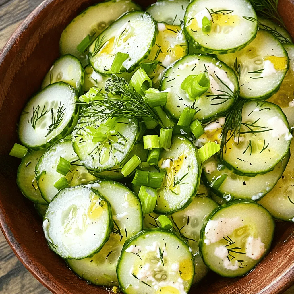To make Polish creamy cucumber salad, you need: - 3 medium cucumbers, thinly sliced - 1 cup sour cream - 1 tablespoon apple cider vinegar - 1 tablespoon fresh dill, chopped - 1 clove garlic, minced - 1 tablespoon honey - Salt and pepper to taste - 2 green onions, chopped for garnish For this recipe, I recommend using: - Daisy for sour cream. Their sour cream is thick and creamy. - Bragg for apple cider vinegar. It has a rich flavor that works well here. - McCormick for dried dill if you can't find fresh. You can swap ingredients if you need to. - Use Greek yogurt instead of sour cream for a tangy taste. - If you like heat, add a pinch of red pepper flakes. - You can also throw in some cherry tomatoes for extra color and taste. - For a sweeter twist, try maple syrup instead of honey. These options help you customize your salad to match your taste. Enjoy your cooking! First, wash your cucumbers well. You can keep the skin on for extra crunch. If you like, you can peel them for a softer bite. Next, thinly slice the cucumbers. Aim for even slices to help with mixing later. Place the slices in a large bowl. This will hold all the goodness we are about to create. Now, grab another bowl to mix your dressing. Add one cup of sour cream. Then, pour in one tablespoon of apple cider vinegar. This adds a nice tang. Next, chop your fresh dill finely and add it to the mix. Don’t forget the minced garlic! It gives a lovely flavor. Finally, add one tablespoon of honey for a hint of sweetness. Whisk these ingredients together until the mixture is smooth and creamy. It’s time to bring everything together! Pour the creamy dressing over the sliced cucumbers in your large bowl. Gently toss the cucumbers to coat them evenly. You want every slice to have that creamy goodness. Season the salad with salt and pepper to taste. Feel free to adjust the seasoning based on your preference. After that, chill the salad in the refrigerator for at least 30 minutes. This helps the flavors blend well. Before serving, give it a light stir and top it with chopped green onions for a fresh touch. Enjoy your Polish creamy cucumber salad as a refreshing side dish! To get that satisfying crunch, choose fresh, firm cucumbers. Look for ones that feel heavy for their size. The skin adds a nice texture, so I often leave it on. If you peel them, the salad will still taste great but lose some crunch. After slicing, let the cucumbers sit for about 10 minutes. This helps draw out some moisture. You can pat them dry before adding the dressing for an even better crunch. To boost the flavor, consider adding a splash of lemon juice. It adds brightness and balances the creaminess. You can also try a pinch of smoked paprika for a smoky twist. Fresh herbs like parsley or mint can give a refreshing note. If you like spice, add a dash of cayenne pepper. These small tweaks can make the salad unique every time. Serve this salad cold for the best taste. It pairs well with grilled meats, making it perfect for summer barbecues. You can also serve it as a light lunch with crusty bread. For a fancy touch, place it in a glass bowl to show off the layers. Garnish with extra dill or chives for a pop of color. For the full recipe, check out the details above. {{image_2}} You can mix things up with different dressings. A yogurt-based dressing gives a lighter feel. You can also use buttermilk for a tangy twist. For a spicy kick, add some hot sauce. Each option adds a new flavor to your salad. Feel free to add more vegetables. Thinly sliced radishes or bell peppers add color and crunch. You can also toss in some cherry tomatoes for a sweet burst. Carrots can bring a nice crunch too. These veggies enhance the salad's texture and taste. Adding protein makes this salad a meal. Try diced chicken or shrimp for a filling option. Tofu works well for a plant-based choice. You can also sprinkle in some feta cheese for a salty flavor. These additions keep the salad fun and satisfying. For the full recipe, you can find clear instructions above. To keep your salad fresh, use an airtight container. This helps prevent any odors from mixing. Make sure to store it in the refrigerator. This will keep the cucumbers crisp and the dressing creamy. When stored properly, Polish creamy cucumber salad lasts about 3 days in the fridge. After that, the cucumbers may become soggy. If you notice any off smells or changes in texture, it’s best to toss it. Freezing this salad is not recommended. The creamy dressing and cucumbers do not hold up well when frozen. Instead, make only what you plan to eat. This ensures that you enjoy the salad at its freshest. For the full recipe, check out the recipe section. You can use Greek yogurt as a great substitute for sour cream. It has a similar texture and taste. If you want a dairy-free option, try using cashew cream. Just blend soaked cashews with water until smooth. This will give you a creamy base that works well. Yes, you can use other herbs! If you prefer, try parsley or chives. Each herb adds its own flavor to the salad. Fresh herbs work best for a bright taste. Dried herbs can work too, but use less since they are stronger. This salad stays fresh in the fridge for about three days. Make sure to store it in a covered container. The longer it sits, the softer the cucumbers become. For the best crunch, enjoy it within the first couple of days. For the full recipe, check the details above. We explored the key ingredients, steps, and tips for making Polish Creamy Cucumber Salad. You can easily customize the salad with different brands, herbs, and proteins. Storing leftovers is simple, too. Remember, the crunch and flavor make this salad special. Try various variations to find your favorite mix. I hope you feel inspired to create your version of this delicious dish. Enjoy your cooking journey and savor every bite!