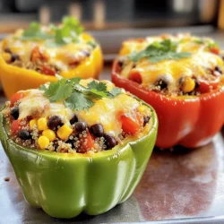To make savory stuffed peppers, gather these main ingredients: - 4 large bell peppers (any color) - 1 cup quinoa, rinsed - 2 cups vegetable broth - 1 can (15 oz) black beans, drained and rinsed - 1 cup corn, fresh or frozen - 1 cup cherry tomatoes, halved - 1 teaspoon cumin - 1 teaspoon smoked paprika - ½ teaspoon garlic powder - ½ teaspoon onion powder - Salt and pepper to taste - 1 cup shredded cheese (cheddar or a blend) - Fresh cilantro for garnish You can enhance the flavor with these optional ingredients: - Chopped onion - Minced garlic - Fresh herbs like parsley or basil - Squeeze of lime juice - Hot sauce for a kick If you have dietary needs, consider these substitutions: - Use brown rice instead of quinoa for a different texture. - Swap black beans for lentils or chickpeas for variety. - Try dairy-free cheese if you want a vegan option. - Use vegetable or chicken broth based on your preference. This recipe for savory stuffed peppers is flexible. You can adjust it to suit your tastes or dietary restrictions. Check out the Full Recipe for more details! Start by preheating your oven to 375°F (190°C). Next, take your bell peppers and cut off the tops. Remove the seeds and membranes from inside. This step helps the peppers cook evenly. Place them cut-side up in a baking dish. Now, let’s prepare the quinoa. In a medium saucepan, combine 1 cup of rinsed quinoa and 2 cups of vegetable broth. Bring this mixture to a boil. Once it boils, reduce the heat to low, cover it, and let it cook for about 15 minutes. You want the liquid to be fully absorbed. After cooking, fluff the quinoa with a fork. In a large mixing bowl, combine the cooked quinoa, 1 can of black beans (drained and rinsed), 1 cup of corn (fresh or frozen), and 1 cup of halved cherry tomatoes. Add 1 teaspoon of cumin, 1 teaspoon of smoked paprika, ½ teaspoon of garlic powder, and ½ teaspoon of onion powder. Season with salt and pepper to taste. Mix all these ingredients until they blend well. Now, it's time to stuff the peppers! Take each pepper and fill it tightly with the quinoa mixture. Make sure to pack it in well. Once filled, sprinkle 1 cup of shredded cheese over the top of each stuffed pepper. Cover your baking dish with aluminum foil. Bake in the preheated oven for 25 minutes. After that, remove the foil. Bake for an additional 10 to 15 minutes. You want the cheese to melt and bubble. When they look golden and delicious, take them out of the oven. Let them cool for a few minutes. Before serving, you can garnish with fresh cilantro for added flavor. For the complete recipe, check the [Full Recipe]. To make quinoa perfect, rinse it well before cooking. This removes a bitter coating called saponin. Use two cups of vegetable broth for one cup of quinoa. This gives it a nice flavor. Bring the broth to a boil, then lower the heat. Cover it and let it cook for about 15 minutes. Check that all the liquid is absorbed. Fluff it gently with a fork. This helps keep it light and prevents sogginess. When serving stuffed peppers, use a colorful plate. Place the peppers upright for a fun look. You can drizzle some olive oil or a sauce around them. This adds color and flavor. Fresh cilantro on top gives a nice touch. You can also sprinkle more cheese for a cheesy look. If you want, add a wedge of lime on the side. It adds a zesty twist. Avoid overcooking the quinoa. This can make it mushy and ruin your dish. Don’t pack the peppers too tight. Leave some room for the filling to expand. If you add too much salt, it can overpower the meal. Taste as you go to find the right balance. Lastly, don’t skip the cheese topping. It adds a delicious creamy layer that makes the dish special. For the full recipe, check the earlier section. {{image_2}} To make this recipe plant-based, use the following tips: - Replace cheese with vegan cheese or nutritional yeast. - Use vegetable broth for cooking quinoa, as listed in the recipe. - For added protein, include lentils or chickpeas in the filling. - You can also add diced zucchini or mushrooms for extra veggies. You can easily add different proteins to the filling. Here are some ideas: - Ground turkey or chicken works well for a lean option. - Use cooked beef or pork for a heartier flavor. - For a seafood twist, try adding crab or shrimp. - You can also mix in some cooked sausage for a spicy kick. To spice up your stuffed peppers, consider these options: - Add a pinch of cayenne pepper for heat. - Mix in fresh herbs like basil or oregano for freshness. - Drizzle some hot sauce or salsa on top before serving. - Try adding some olives or capers for a briny taste. These variations help you personalize your meal while keeping it delicious. For the full recipe, check out the detailed instructions above. To keep your stuffed peppers fresh, store them in an airtight container. Place them in the fridge. They can last up to three days. Make sure to let them cool before storing. This helps prevent moisture build-up. You can also wrap them in plastic wrap or aluminum foil. This keeps them safe from odors in the fridge. If you want to save stuffed peppers for later, freezing is a great option. First, allow them to cool completely. Then, wrap each pepper tightly in plastic wrap. You can also use a freezer-safe bag. Label the bags with the date. Stuffed peppers can last up to three months in the freezer. When you're ready to eat, just thaw them in the fridge overnight before reheating. To reheat stuffed peppers, use the oven for the best results. Preheat your oven to 350°F (175°C). Place the peppers in a baking dish and cover with foil. Bake for about 20 minutes. If you want, remove the foil for the last five minutes to crisp the cheese. You can also use the microwave if you're in a hurry. Heat on medium power for about 3-5 minutes. Just make sure they heat evenly to keep their texture. Stuffed peppers can last in your fridge for about three to four days. Make sure to store them in an airtight container. This keeps them fresh and safe to eat. If you see any signs of spoilage, like bad smells or mold, toss them out. Yes, you can prep stuffed peppers ahead of time. First, prepare the filling and stuff the peppers. Then, cover them tightly and store them in the fridge. Bake them within a day or two for best results. This saves you time on busy days. Stuffed peppers pair well with many sides. Try a simple green salad for freshness. Rice or quinoa on the side also works great. You can even serve them with a dollop of sour cream or guacamole for added creaminess. Yes, pre-cooking the quinoa is key for this recipe. It helps the quinoa soak up the vegetable broth flavor. Cook it until it’s fluffy, about 15 minutes, before mixing it with the other ingredients. This step adds depth to your dish. You can use various peppers for this recipe. Bell peppers are classic, but you can try poblano or Anaheim peppers for a twist. Each type offers a different flavor and heat level. Choose peppers that are firm and bright for the best taste. You learned how to make stuffed peppers from our detailed guide. We covered ingredients, both main and optional, for fantastic flavor. You now know steps for preparation, stuffing, and baking to ensure great results. Tips helped you avoid mistakes and gave you serving ideas. Variations allow for customizing to your taste and dietary needs. Finally, storage info keeps your leftovers fresh. With these insights, you can cook with confidence and enjoy every bite.