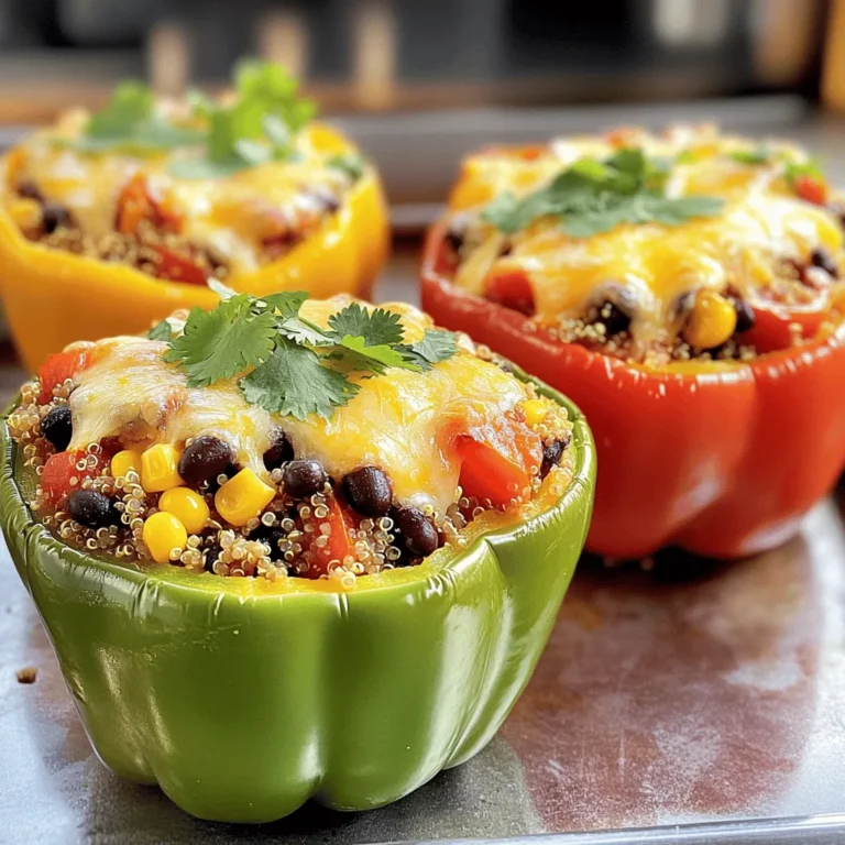 To make savory stuffed peppers, gather these main ingredients: - 4 large bell peppers (any color) - 1 cup quinoa, rinsed - 2 cups vegetable broth - 1 can (15 oz) black beans, drained and rinsed - 1 cup corn, fresh or frozen - 1 cup cherry tomatoes, halved - 1 teaspoon cumin - 1 teaspoon smoked paprika - ½ teaspoon garlic powder - ½ teaspoon onion powder - Salt and pepper to taste - 1 cup shredded cheese (cheddar or a blend) - Fresh cilantro for garnish You can enhance the flavor with these optional ingredients: - Chopped onion - Minced garlic - Fresh herbs like parsley or basil - Squeeze of lime juice - Hot sauce for a kick If you have dietary needs, consider these substitutions: - Use brown rice instead of quinoa for a different texture. - Swap black beans for lentils or chickpeas for variety. - Try dairy-free cheese if you want a vegan option. - Use vegetable or chicken broth based on your preference. This recipe for savory stuffed peppers is flexible. You can adjust it to suit your tastes or dietary restrictions. Check out the Full Recipe for more details! Start by preheating your oven to 375°F (190°C). Next, take your bell peppers and cut off the tops. Remove the seeds and membranes from inside. This step helps the peppers cook evenly. Place them cut-side up in a baking dish. Now, let’s prepare the quinoa. In a medium saucepan, combine 1 cup of rinsed quinoa and 2 cups of vegetable broth. Bring this mixture to a boil. Once it boils, reduce the heat to low, cover it, and let it cook for about 15 minutes. You want the liquid to be fully absorbed. After cooking, fluff the quinoa with a fork. In a large mixing bowl, combine the cooked quinoa, 1 can of black beans (drained and rinsed), 1 cup of corn (fresh or frozen), and 1 cup of halved cherry tomatoes. Add 1 teaspoon of cumin, 1 teaspoon of smoked paprika, ½ teaspoon of garlic powder, and ½ teaspoon of onion powder. Season with salt and pepper to taste. Mix all these ingredients until they blend well. Now, it's time to stuff the peppers! Take each pepper and fill it tightly with the quinoa mixture. Make sure to pack it in well. Once filled, sprinkle 1 cup of shredded cheese over the top of each stuffed pepper. Cover your baking dish with aluminum foil. Bake in the preheated oven for 25 minutes. After that, remove the foil. Bake for an additional 10 to 15 minutes. You want the cheese to melt and bubble. When they look golden and delicious, take them out of the oven. Let them cool for a few minutes. Before serving, you can garnish with fresh cilantro for added flavor. For the complete recipe, check the [Full Recipe]. To make quinoa perfect, rinse it well before cooking. This removes a bitter coating called saponin. Use two cups of vegetable broth for one cup of quinoa. This gives it a nice flavor. Bring the broth to a boil, then lower the heat. Cover it and let it cook for about 15 minutes. Check that all the liquid is absorbed. Fluff it gently with a fork. This helps keep it light and prevents sogginess. When serving stuffed peppers, use a colorful plate. Place the peppers upright for a fun look. You can drizzle some olive oil or a sauce around them. This adds color and flavor. Fresh cilantro on top gives a nice touch. You can also sprinkle more cheese for a cheesy look. If you want, add a wedge of lime on the side. It adds a zesty twist. Avoid overcooking the quinoa. This can make it mushy and ruin your dish. Don’t pack the peppers too tight. Leave some room for the filling to expand. If you add too much salt, it can overpower the meal. Taste as you go to find the right balance. Lastly, don’t skip the cheese topping. It adds a delicious creamy layer that makes the dish special. For the full recipe, check the earlier section. {{image_2}} To make this recipe plant-based, use the following tips: - Replace cheese with vegan cheese or nutritional yeast. - Use vegetable broth for cooking quinoa, as listed in the recipe. - For added protein, include lentils or chickpeas in the filling. - You can also add diced zucchini or mushrooms for extra veggies. You can easily add different proteins to the filling. Here are some ideas: - Ground turkey or chicken works well for a lean option. - Use cooked beef or pork for a heartier flavor. - For a seafood twist, try adding crab or shrimp. - You can also mix in some cooked sausage for a spicy kick. To spice up your stuffed peppers, consider these options: - Add a pinch of cayenne pepper for heat. - Mix in fresh herbs like basil or oregano for freshness. - Drizzle some hot sauce or salsa on top before serving. - Try adding some olives or capers for a briny taste. These variations help you personalize your meal while keeping it delicious. For the full recipe, check out the detailed instructions above. To keep your stuffed peppers fresh, store them in an airtight container. Place them in the fridge. They can last up to three days. Make sure to let them cool before storing. This helps prevent moisture build-up. You can also wrap them in plastic wrap or aluminum foil. This keeps them safe from odors in the fridge. If you want to save stuffed peppers for later, freezing is a great option. First, allow them to cool completely. Then, wrap each pepper tightly in plastic wrap. You can also use a freezer-safe bag. Label the bags with the date. Stuffed peppers can last up to three months in the freezer. When you're ready to eat, just thaw them in the fridge overnight before reheating. To reheat stuffed peppers, use the oven for the best results. Preheat your oven to 350°F (175°C). Place the peppers in a baking dish and cover with foil. Bake for about 20 minutes. If you want, remove the foil for the last five minutes to crisp the cheese. You can also use the microwave if you're in a hurry. Heat on medium power for about 3-5 minutes. Just make sure they heat evenly to keep their texture. Stuffed peppers can last in your fridge for about three to four days. Make sure to store them in an airtight container. This keeps them fresh and safe to eat. If you see any signs of spoilage, like bad smells or mold, toss them out. Yes, you can prep stuffed peppers ahead of time. First, prepare the filling and stuff the peppers. Then, cover them tightly and store them in the fridge. Bake them within a day or two for best results. This saves you time on busy days. Stuffed peppers pair well with many sides. Try a simple green salad for freshness. Rice or quinoa on the side also works great. You can even serve them with a dollop of sour cream or guacamole for added creaminess. Yes, pre-cooking the quinoa is key for this recipe. It helps the quinoa soak up the vegetable broth flavor. Cook it until it’s fluffy, about 15 minutes, before mixing it with the other ingredients. This step adds depth to your dish. You can use various peppers for this recipe. Bell peppers are classic, but you can try poblano or Anaheim peppers for a twist. Each type offers a different flavor and heat level. Choose peppers that are firm and bright for the best taste. You learned how to make stuffed peppers from our detailed guide. We covered ingredients, both main and optional, for fantastic flavor. You now know steps for preparation, stuffing, and baking to ensure great results. Tips helped you avoid mistakes and gave you serving ideas. Variations allow for customizing to your taste and dietary needs. Finally, storage info keeps your leftovers fresh. With these insights, you can cook with confidence and enjoy every bite.