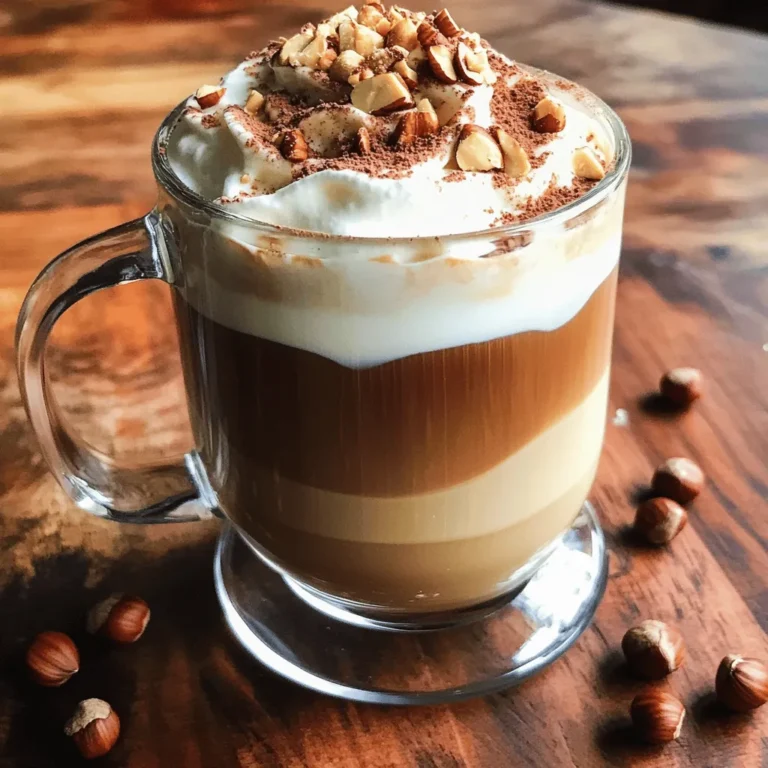 To make a delicious Roasted Hazelnut Mocha Latte, you need a few key ingredients: - 1 cup brewed strong coffee or espresso - 1 tablespoon roasted hazelnut syrup (or homemade hazelnut paste) - 2 tablespoons unsweetened cocoa powder - 1 cup steamed milk (dairy or plant-based) - 1-2 teaspoons sugar or sweetener of choice (optional) - Whipped cream for topping (optional) - Chopped roasted hazelnuts for garnish - A pinch of sea salt These ingredients create a rich and cozy drink that warms the soul. You can make your latte even better with some fun additions: - Flavored syrups like vanilla or caramel - A dash of cinnamon or nutmeg for spice - Different milk options such as oat, almond, or coconut - Chocolate shavings or cocoa powder for extra garnish Feel free to mix and match based on your taste! If you can’t find a specific item, here are some options: - Use chocolate syrup instead of cocoa powder for sweetness. - Maple syrup can replace hazelnut syrup for a different flavor. - Any milk will work if you run out of your favorite kind. These substitutes will still give you a tasty latte experience. For the full recipe, check out the details above! Start by brewing your coffee or espresso. Use a strong brew for the best taste. You can use a coffee maker, French press, or espresso machine. Aim for about one cup. If you like espresso, pull a double shot for extra strength. Set your coffee aside while you prepare the other ingredients. In a small bowl, mix two tablespoons of unsweetened cocoa powder with sugar, if desired. Add a splash of hot water to the bowl. Stir until you get a smooth paste. This paste will add rich chocolate flavor to your latte. Make sure there are no lumps. If you prefer a sweeter drink, adjust the sugar to your taste. In a saucepan, combine your brewed coffee, roasted hazelnut syrup, and the chocolate paste. Whisk the mixture well over medium heat. Heat it until warm but not boiling. In a separate pan, steam your milk until it's hot and frothy. If you don't have a steamer, you can heat the milk on the stove or in the microwave. Use a whisk to froth it up. Grab a large mug. Pour the chocolate-hazelnut coffee mixture into the mug, leaving some space for the milk. Gently pour the frothed milk over the coffee blend. This will create a lovely layered effect. If you want, top your latte with whipped cream. Sprinkle chopped roasted hazelnuts and a pinch of sea salt on top for extra flair. Enjoy every sip of this cozy drink! For the complete recipe, refer to the [Full Recipe]. To get the best froth for your latte, start with cold milk. Use a milk frother if you have one. If not, heat the milk on the stove or in the microwave. Whisk the milk quickly to create bubbles. Aim for a thick, creamy texture. Try to incorporate air as you whisk. This step gives your latte that lovely, foamy top. You can make your latte even more special. Consider adding a splash of vanilla extract. This adds a warm sweetness. A sprinkle of cinnamon or nutmeg can also boost flavor. For a richer taste, add a dash of chocolate syrup. Don't forget, you can adjust sweetness with more sugar or sweeteners. Each addition makes your drink unique. Choose coffee beans that match your taste. Dark roast beans work well for a bold flavor. They balance the chocolate and hazelnut nicely. Look for beans labeled as “espresso” for a rich base. If you prefer something lighter, try a medium roast. Freshly ground coffee always tastes best. Aim for a grind size that suits your brewing method. For your Roasted Hazelnut Mocha Latte, quality beans make a big difference. {{image_2}} If you want a dairy-free or vegan Roasted Hazelnut Mocha Latte, it's easy! Use plant-based milk like almond, oat, or soy. These milks froth well and blend nicely. For the hazelnut syrup, check if it's dairy-free. Many brands offer vegan options. You can also make your own syrup by blending roasted hazelnuts with water and a sweetener. This way, you control all the ingredients. To enjoy a chilled version, make an Iced Roasted Hazelnut Mocha Latte. Start by brewing your coffee and letting it cool. Mix the cooled coffee with hazelnut syrup and cocoa powder. Pour this mixture over ice in a tall glass. Then, top with cold frothed milk. Stir it all together for a refreshing drink. It’s perfect for warm days and still tastes rich and cozy. You can play with flavors based on the seasons. In fall, add a pinch of cinnamon or nutmeg for a warm spice twist. For winter, try a splash of peppermint for a festive vibe. In spring, a hint of vanilla can brighten the drink. Use seasonal ingredients like pumpkin or caramel for a unique twist. These variations keep your Roasted Hazelnut Mocha Latte exciting all year long. For the full recipe, check out the earlier section. If you have leftover mocha latte, store it in the fridge. Use an airtight container to keep it fresh. It will stay good for two days. Before drinking, check for any changes in smell or taste. If it seems off, toss it out. Store your roasted hazelnut syrup in a cool, dark place. Keep it tightly sealed to avoid air exposure. Cocoa powder should go in a dry spot, away from moisture. For milk, always check the date and store it in the fridge. Fresh ingredients make a better drink. When you reheat your mocha latte, do it gently. Use the stove or microwave on low heat. Stir it well to mix any separated layers. Avoid boiling, as it can change the taste. For the best flavor, enjoy it warm, not hot. You can also add a little fresh whipped cream before serving. For the full recipe, check out the Roasted Hazelnut Mocha Latte section. A Roasted Hazelnut Mocha Latte can offer several health benefits. First, coffee provides antioxidants that help fight free radicals. Hazelnuts are rich in healthy fats, vitamins, and minerals. They can boost heart health and support brain function. Cocoa powder adds magnesium and iron, which are good for energy and mood. When you enjoy this drink, you get a tasty treat with some health perks too. You can find roasted hazelnut syrup at many grocery stores. Look in the coffee aisle or the baking section. You can also check specialty coffee shops. If you prefer online shopping, websites like Amazon and specialty food retailers often carry it. Just make sure to read the labels to choose a brand that uses real ingredients. Yes, you can make this drink without an espresso machine. Brew strong coffee using a drip coffee maker, French press, or pour-over method. Just make sure the coffee is strong for the best flavor. If you want frothy milk, heat it on the stove or in the microwave. Then whisk it vigorously to create some froth. Making roasted hazelnut syrup at home is easy. Start with these ingredients: - 1 cup water - 1 cup sugar - 1 cup roasted hazelnuts 1. Combine water and sugar in a saucepan and heat until sugar dissolves. 2. Add roasted hazelnuts to the saucepan. 3. Simmer for about 10 minutes, then let it cool. 4. Strain the syrup into a bottle and store in the fridge. You can use this syrup in your latte for a rich flavor. Many brands make great roasted hazelnut mocha latte products. Popular coffee chains often have their own versions. You can also try brands like Torani and DaVinci for syrup. If you prefer ready-made options, check out local cafes. They often offer unique drinks that feature roasted hazelnut mocha latte flavors. For a full recipe, click [Full Recipe]. You learned how to make a delicious Roasted Hazelnut Mocha Latte. We covered the key ingredients along with helpful tips and fun variations. With a few simple steps, you can enjoy this drink at home. Don’t forget to experiment with flavors and ingredients. Whether you prefer it hot or cold, there's a version for you. Now, grab your coffee gear and create your perfect cup. Enjoy the process and the rich taste!