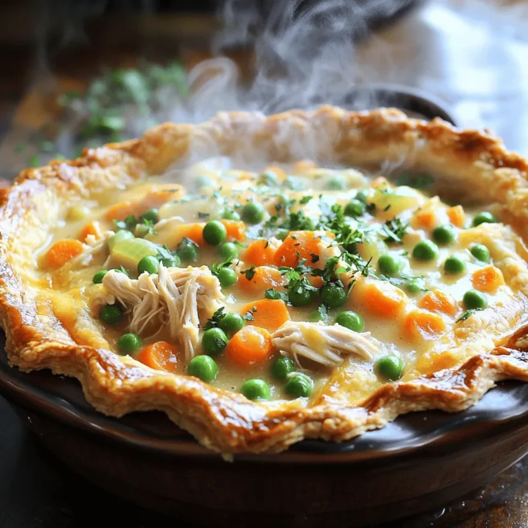 To make a tasty chicken pot pie, you need these main ingredients: - 2 cups cooked chicken, shredded - 1 cup carrots, diced - 1 cup peas (fresh or frozen) - 1 cup potatoes, diced - 1/2 cup celery, diced - 1/2 cup onion, chopped - 3 tablespoons butter - 3 tablespoons all-purpose flour - 2 cups chicken broth - 1 cup milk - 1 teaspoon garlic powder - 1 teaspoon thyme (dried or fresh) - Salt and pepper to taste - 1 package (2 crusts) refrigerated pie pastry (or homemade pie crust) - 1 egg, beaten (for brushing on crust) These ingredients come together to create a warm hug in a pie. The chicken gives protein, while the veggies add color and nutrients. The mix of broth and milk makes the filling creamy and rich. If you want to make changes, you can! For the chicken, try turkey or tofu for a twist. Use frozen veggies if fresh ones are not available. If you want a lighter option, swap the milk for unsweetened almond milk. For the crust, you can use whole wheat or gluten-free options. These swaps help you adjust the recipe to fit your taste or diet. Want to boost the flavor? Add some optional ingredients: - 1 cup mushrooms, sliced - 1 tablespoon fresh herbs like parsley or rosemary - 1/2 cup corn, fresh or frozen - A dash of hot sauce for a kick These extras can elevate your dish. Fresh herbs brighten the filling, while mushrooms add umami. Corn brings a nice sweetness, and hot sauce can spice things up. Feel free to mix and match according to your preferences. For the full recipe, check out the complete guide! First, gather your ingredients. You need: - 2 cups cooked chicken, shredded - 1 cup carrots, diced - 1 cup peas (fresh or frozen) - 1 cup potatoes, diced - 1/2 cup celery, diced - 1/2 cup onion, chopped - 3 tablespoons butter - 3 tablespoons all-purpose flour - 2 cups chicken broth - 1 cup milk - 1 teaspoon garlic powder - 1 teaspoon thyme (dried or fresh) - Salt and pepper to taste - 1 package (2 crusts) refrigerated pie pastry (or homemade pie crust) - 1 egg, beaten (for brushing on crust) Start by washing and chopping your vegetables. Dice the carrots, potatoes, celery, and onion. This helps them cook evenly. Next, melt the butter in a large saucepan over medium heat. Add the onion and celery, followed by the potatoes. Sauté these for about 5 minutes. You want them to soften but not brown. After this, sprinkle the flour over the veggies. Stir it in well. This helps thicken our filling. Cook it for another minute. Then, whisk in the chicken broth and milk slowly. Stir in the garlic powder, thyme, salt, and pepper. Keep cooking until the mixture thickens. This takes about 5 to 7 minutes. Once thickened, mix in the shredded chicken, diced carrots, and peas. Remove it from the heat and let it cool for a bit. Roll out one pie crust into your pie dish. Trim any extra crust hanging over the edges. Pour your chicken filling into the crust. Spread it out evenly. Next, roll out the second pie crust and place it over the filling. Trim the edges and crimp them to seal the pie. Cut a few slits in the top crust. This lets steam escape while it bakes. Before baking, brush the top crust with the beaten egg. This gives it a nice golden color. Bake your pie in a preheated oven at 425°F (220°C) for 30 to 35 minutes. Look for a golden brown crust and bubbly filling. Once done, let the pie cool for a few minutes before slicing. Serve it warm and enjoy your comforting meal. For the full recipe, check below. To get a flaky and golden crust, start with cold butter. Cut the butter into small pieces and mix it into the flour. Use a pastry cutter or your fingers to break it up. Aim for pea-sized clumps. This method helps create layers in your crust. Chill the dough for at least 30 minutes before rolling it out. This keeps the butter cold and helps with flakiness. Taste is key in any dish. Start with salt and pepper, but don’t stop there. Add fresh herbs like parsley or thyme for a burst of flavor. Garlic powder gives a warm depth, and you can play with spices too. If you like a bit of heat, a dash of cayenne can add excitement. Always taste your filling before sealing the pie. Adjust seasoning as needed to make it just right. One mistake is not pre-cooking the filling. Raw veggies will not soften enough while baking. Also, avoid overworking your dough. This can lead to a tough crust. Be careful not to skip the egg wash on top. It gives your pie a beautiful shine. Lastly, remember to cut slits in the top crust. This allows steam to escape and keeps the pie from getting soggy. If you want to dive deeper, check out the Full Recipe for more details! {{image_2}} You can make a tasty vegetarian chicken pot pie by swapping out the chicken. Use plant-based chicken or skip the meat entirely. Fill the pie with hearty veggies like mushrooms, zucchini, or bell peppers. These ingredients add great flavor and texture. You can still use the same creamy sauce, making it rich and comforting. Feel free to get creative with your vegetable choices. Instead of carrots and peas, try green beans, corn, or even sweet potatoes. Each vegetable brings its own taste and unique texture. Mixing up the veggies also makes your pot pie colorful and fun. Just remember to chop them into small pieces for even cooking. You can switch up your crust for a different twist. Instead of the classic pie crust, try puff pastry for a lighter, flakier texture. You can also make a biscuit topping for a hearty, comforting feel. If you’re in a hurry, use store-bought phyllo dough for a crispy, layered crust. Each option gives your pot pie a new look and taste. For the full recipe, check out Cozy Chicken Pot Pie. It’s a great starting point for your pot pie journey! You can store leftover chicken pot pie in an airtight container. Let it cool first. Place it in the fridge if you plan to eat it within three days. For longer storage, freezing is best. To reheat chicken pot pie, preheat your oven to 350°F (175°C). Cover the pie with foil to keep it moist. Heat for about 25 minutes or until warm. You can also use the microwave. Just heat in short bursts, checking the temperature often. You can freeze chicken pot pie before or after baking. If freezing unbaked, wrap it well in plastic wrap and foil. It can last up to three months. For baked pies, cool completely before freezing. Use the same wrapping method. When ready to bake, you can cook it from frozen; just add extra time in the oven. You can find the full recipe to enjoy this comforting dish. Chicken pot pie can last in the fridge for about 3 to 4 days. Make sure to store it in an airtight container to keep it fresh. If it smells bad or has mold, throw it out. Always check it before eating. Yes, you can make chicken pot pie ahead of time. You can prepare the filling and store it in the fridge for up to 2 days. You can also assemble the pie and freeze it before baking. Just bake it straight from the freezer, adding extra time. I love serving chicken pot pie with a light green salad or roasted veggies. You can also try mashed potatoes or steamed broccoli for a comforting touch. These sides balance the meal and add nutrients. The chicken pot pie has roots in British cuisine, dating back to the Romans. It became popular in America during the 1800s. The dish evolved over time, using local ingredients to create a comforting meal that families enjoy today. You can find the full recipe for cozy chicken pot pie in this article. For more tips and variations, check out related links within this guide. These resources will help you create the perfect pot pie every time. In this blog post, we explored how to make a classic chicken pot pie. We discussed the main ingredients, common substitutions, and optional flavors to enhance your dish. We walked through easy steps for prepping, cooking, and assembling your pie while sharing tips for a perfect crust. Additionally, we looked at fun variations and smart storage tips. Remember, making pot pie is simple and enjoyable. With a little practice, you can create a dish your family loves. Happy cooking!