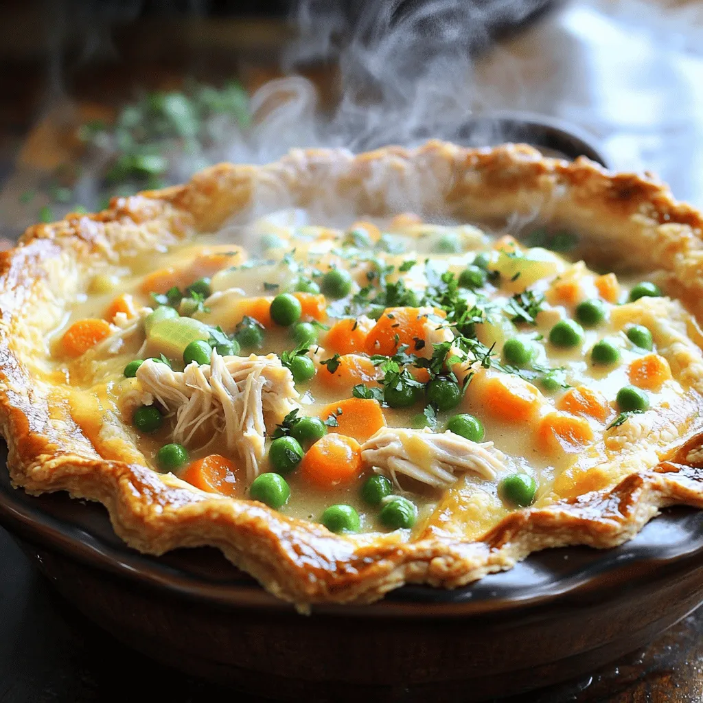 To make a tasty chicken pot pie, you need these main ingredients: - 2 cups cooked chicken, shredded - 1 cup carrots, diced - 1 cup peas (fresh or frozen) - 1 cup potatoes, diced - 1/2 cup celery, diced - 1/2 cup onion, chopped - 3 tablespoons butter - 3 tablespoons all-purpose flour - 2 cups chicken broth - 1 cup milk - 1 teaspoon garlic powder - 1 teaspoon thyme (dried or fresh) - Salt and pepper to taste - 1 package (2 crusts) refrigerated pie pastry (or homemade pie crust) - 1 egg, beaten (for brushing on crust) These ingredients come together to create a warm hug in a pie. The chicken gives protein, while the veggies add color and nutrients. The mix of broth and milk makes the filling creamy and rich. If you want to make changes, you can! For the chicken, try turkey or tofu for a twist. Use frozen veggies if fresh ones are not available. If you want a lighter option, swap the milk for unsweetened almond milk. For the crust, you can use whole wheat or gluten-free options. These swaps help you adjust the recipe to fit your taste or diet. Want to boost the flavor? Add some optional ingredients: - 1 cup mushrooms, sliced - 1 tablespoon fresh herbs like parsley or rosemary - 1/2 cup corn, fresh or frozen - A dash of hot sauce for a kick These extras can elevate your dish. Fresh herbs brighten the filling, while mushrooms add umami. Corn brings a nice sweetness, and hot sauce can spice things up. Feel free to mix and match according to your preferences. For the full recipe, check out the complete guide! First, gather your ingredients. You need: - 2 cups cooked chicken, shredded - 1 cup carrots, diced - 1 cup peas (fresh or frozen) - 1 cup potatoes, diced - 1/2 cup celery, diced - 1/2 cup onion, chopped - 3 tablespoons butter - 3 tablespoons all-purpose flour - 2 cups chicken broth - 1 cup milk - 1 teaspoon garlic powder - 1 teaspoon thyme (dried or fresh) - Salt and pepper to taste - 1 package (2 crusts) refrigerated pie pastry (or homemade pie crust) - 1 egg, beaten (for brushing on crust) Start by washing and chopping your vegetables. Dice the carrots, potatoes, celery, and onion. This helps them cook evenly. Next, melt the butter in a large saucepan over medium heat. Add the onion and celery, followed by the potatoes. Sauté these for about 5 minutes. You want them to soften but not brown. After this, sprinkle the flour over the veggies. Stir it in well. This helps thicken our filling. Cook it for another minute. Then, whisk in the chicken broth and milk slowly. Stir in the garlic powder, thyme, salt, and pepper. Keep cooking until the mixture thickens. This takes about 5 to 7 minutes. Once thickened, mix in the shredded chicken, diced carrots, and peas. Remove it from the heat and let it cool for a bit. Roll out one pie crust into your pie dish. Trim any extra crust hanging over the edges. Pour your chicken filling into the crust. Spread it out evenly. Next, roll out the second pie crust and place it over the filling. Trim the edges and crimp them to seal the pie. Cut a few slits in the top crust. This lets steam escape while it bakes. Before baking, brush the top crust with the beaten egg. This gives it a nice golden color. Bake your pie in a preheated oven at 425°F (220°C) for 30 to 35 minutes. Look for a golden brown crust and bubbly filling. Once done, let the pie cool for a few minutes before slicing. Serve it warm and enjoy your comforting meal. For the full recipe, check below. To get a flaky and golden crust, start with cold butter. Cut the butter into small pieces and mix it into the flour. Use a pastry cutter or your fingers to break it up. Aim for pea-sized clumps. This method helps create layers in your crust. Chill the dough for at least 30 minutes before rolling it out. This keeps the butter cold and helps with flakiness. Taste is key in any dish. Start with salt and pepper, but don’t stop there. Add fresh herbs like parsley or thyme for a burst of flavor. Garlic powder gives a warm depth, and you can play with spices too. If you like a bit of heat, a dash of cayenne can add excitement. Always taste your filling before sealing the pie. Adjust seasoning as needed to make it just right. One mistake is not pre-cooking the filling. Raw veggies will not soften enough while baking. Also, avoid overworking your dough. This can lead to a tough crust. Be careful not to skip the egg wash on top. It gives your pie a beautiful shine. Lastly, remember to cut slits in the top crust. This allows steam to escape and keeps the pie from getting soggy. If you want to dive deeper, check out the Full Recipe for more details! {{image_2}} You can make a tasty vegetarian chicken pot pie by swapping out the chicken. Use plant-based chicken or skip the meat entirely. Fill the pie with hearty veggies like mushrooms, zucchini, or bell peppers. These ingredients add great flavor and texture. You can still use the same creamy sauce, making it rich and comforting. Feel free to get creative with your vegetable choices. Instead of carrots and peas, try green beans, corn, or even sweet potatoes. Each vegetable brings its own taste and unique texture. Mixing up the veggies also makes your pot pie colorful and fun. Just remember to chop them into small pieces for even cooking. You can switch up your crust for a different twist. Instead of the classic pie crust, try puff pastry for a lighter, flakier texture. You can also make a biscuit topping for a hearty, comforting feel. If you’re in a hurry, use store-bought phyllo dough for a crispy, layered crust. Each option gives your pot pie a new look and taste. For the full recipe, check out Cozy Chicken Pot Pie. It’s a great starting point for your pot pie journey! You can store leftover chicken pot pie in an airtight container. Let it cool first. Place it in the fridge if you plan to eat it within three days. For longer storage, freezing is best. To reheat chicken pot pie, preheat your oven to 350°F (175°C). Cover the pie with foil to keep it moist. Heat for about 25 minutes or until warm. You can also use the microwave. Just heat in short bursts, checking the temperature often. You can freeze chicken pot pie before or after baking. If freezing unbaked, wrap it well in plastic wrap and foil. It can last up to three months. For baked pies, cool completely before freezing. Use the same wrapping method. When ready to bake, you can cook it from frozen; just add extra time in the oven. You can find the full recipe to enjoy this comforting dish. Chicken pot pie can last in the fridge for about 3 to 4 days. Make sure to store it in an airtight container to keep it fresh. If it smells bad or has mold, throw it out. Always check it before eating. Yes, you can make chicken pot pie ahead of time. You can prepare the filling and store it in the fridge for up to 2 days. You can also assemble the pie and freeze it before baking. Just bake it straight from the freezer, adding extra time. I love serving chicken pot pie with a light green salad or roasted veggies. You can also try mashed potatoes or steamed broccoli for a comforting touch. These sides balance the meal and add nutrients. The chicken pot pie has roots in British cuisine, dating back to the Romans. It became popular in America during the 1800s. The dish evolved over time, using local ingredients to create a comforting meal that families enjoy today. You can find the full recipe for cozy chicken pot pie in this article. For more tips and variations, check out related links within this guide. These resources will help you create the perfect pot pie every time. In this blog post, we explored how to make a classic chicken pot pie. We discussed the main ingredients, common substitutions, and optional flavors to enhance your dish. We walked through easy steps for prepping, cooking, and assembling your pie while sharing tips for a perfect crust. Additionally, we looked at fun variations and smart storage tips. Remember, making pot pie is simple and enjoyable. With a little practice, you can create a dish your family loves. Happy cooking!