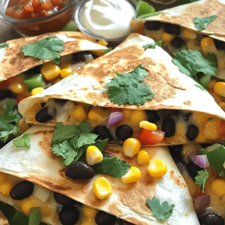 To make these easy sheet pan quesadillas, gather the following main ingredients: - 8 large flour tortillas - 2 cups shredded cheese (cheddar, Monterey Jack, or a blend) - 1 can (15 oz) black beans, drained and rinsed - 1 cup corn (fresh, frozen, or canned) - 1 bell pepper, diced (any color) - 1 small red onion, diced - 1 teaspoon cumin - 1 teaspoon garlic powder - Salt and pepper to taste These ingredients create a tasty base. The flour tortillas hold everything together. The cheese adds creaminess, while the veggies and beans give flavor and nutrition. You can add these optional garnishes for extra flavor: - Fresh cilantro, chopped - Sour cream (for dipping) - Salsa (for serving) These garnishes bring freshness and zest. They also make the meal look nice. Serve your quesadillas with these great sides: - A fresh side salad - Guacamole - Extra salsa These sides balance the meal. They add more color and taste to your plate. For the full recipe, check the instructions above. Start by preheating your oven to 425°F (220°C). This step is key for crisp tortillas. Line a large baking sheet with parchment paper. This makes cleanup easy and helps the quesadillas not stick. In a big bowl, mix the black beans, corn, diced bell pepper, red onion, cumin, garlic powder, salt, and pepper. Stir well until all the ingredients blend. Next, lay four flour tortillas on the baking sheet. Overlap them just a bit to cover the whole surface. Sprinkle half of the cheese evenly across the tortillas. Spoon the black bean mixture on top of the cheese. Then, add the rest of the cheese over the mixture. Place the remaining four tortillas on top. Press them down gently to hold everything together. Now it’s time to bake! Put the baking sheet in the oven and let it bake for about 15 to 20 minutes. Keep an eye on them until the tortillas turn golden brown and the cheese melts. Once done, take the sheet out and let it cool for a few minutes. Slice the quesadillas into wedges. For a fresh touch, garnish with chopped cilantro. Serve with sour cream and salsa for dipping. Enjoy your easy sheet pan quesadillas! For the complete recipe, check out the Full Recipe section. To get that perfect crispy tortilla, use a high oven temp. I set my oven to 425°F. This heat helps the tortillas get golden and crunchy. Make sure to overlap the tortillas slightly on the baking sheet. This keeps all the flavors in. Also, use a good amount of cheese, as it helps with crisping. Cheese is key for flavor in quesadillas. I love using a mix of cheddar and Monterey Jack. This combo melts well and adds a rich taste. You can also try pepper jack for a spicy kick. Just make sure to shred fresh cheese. Pre-shredded cheese can have anti-caking agents that may affect melting. You can prep these quesadillas in advance. Just assemble them and cover with plastic wrap. Store them in the fridge for up to 24 hours. When you are ready to bake, take them out and let them sit for a few minutes. This helps them cook evenly. Enjoy a quick meal without extra stress! Check the Full Recipe for more details. {{image_2}} You can add protein to your sheet pan quesadillas. Chicken, beef, or tofu work great. For chicken, use cooked, shredded meat. It adds nice flavor and texture. For beef, try ground beef. Brown it in a pan before adding it to the mix. Tofu is a great choice for a vegetarian twist. Just cube it and sauté it until golden. Mix your protein with the black beans for a hearty meal. If you want a vegetarian or vegan option, it's easy to modify. Skip the meat and use more veggies. Spinach or mushrooms make great additions. You can also add more beans or different types like pinto or kidney beans. For a vegan recipe, use dairy-free cheese. This way, everyone can enjoy the dish, no matter their diet. Spice it up to match your taste! Add jalapeños for heat. You can use fresh ones or pickled for a tangy zing. If you like a smoky flavor, add smoked paprika. For more depth, try adding chili powder or cayenne. You can also mix in some fresh herbs like cilantro or parsley. This will brighten up your quesadillas and make them even more tasty. For a full recipe, check out the full recipe for Easy Sheet Pan Quesadillas. After you enjoy your Easy Sheet Pan Quesadillas, store leftovers in the fridge. Place slices in an airtight container. Make sure to eat them within three days for the best taste. If you keep them too long, they may lose their flavor and texture. Want to save some for later? You can freeze the quesadillas! First, let them cool completely. Then, wrap each slice in plastic wrap. Place the wrapped slices in a freezer bag. They will stay good for about two months. When you freeze them, you can enjoy them anytime! To reheat, you have a few options for the best taste. You can use an oven, a skillet, or a microwave. For the oven, preheat it to 350°F (175°C). Place the quesadillas on a baking sheet and heat for about 10-15 minutes until warm. In a skillet, heat over medium heat for about 3-5 minutes on each side. If you use a microwave, heat for about 30-60 seconds. The oven and skillet will keep the quesadillas crispy, while the microwave works for a quick fix. Enjoy them warm with sour cream and salsa! Yes, you can use corn tortillas. They add a nice flavor and crunch. Just be careful! Corn tortillas can break more easily than flour ones. You might need to adjust the baking time. Check for golden edges and melted cheese. To add some heat, you can use jalapeños or hot sauce. Dice fresh jalapeños and mix them into your filling. You can also sprinkle chili powder or cayenne pepper in the mix. If you want a milder spice, add a little and taste as you go. You can use pinto beans or kidney beans instead. Both options work well and taste great. If you want a different flavor, try cooked chicken or tofu. Just make sure to season them well so they blend with the other ingredients. For the full recipe, check out the Easy Sheet Pan Quesadillas section. In this post, we covered how to make easy sheet pan quesadillas. We explored essential ingredients, garnishes, and sides to enhance your meal. I shared step-by-step instructions to make the process simple. We also discussed tips for crispy tortillas and flavor variations. Lastly, we went over storage methods for leftovers. These quesadillas are fun to make and perfect for sharing. I hope you enjoy creating your own delicious versions!