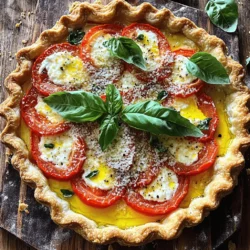 To make a tasty savory tomato pie, you need these key ingredients: - 1 pre-made pie crust (store-bought or homemade) - 4 medium ripe tomatoes, sliced - 1 cup mozzarella cheese, shredded - 1 cup ricotta cheese - 1/2 cup fresh basil, chopped - 1 tablespoon olive oil - 2 cloves garlic, minced - 1 teaspoon dried oregano - Salt and pepper to taste - 1/4 cup Parmesan cheese, grated - 1 egg (for egg wash) These ingredients come together to create layers of flavor. The tomatoes bring freshness, while the cheeses add creaminess and depth. Choosing the right tomatoes makes a big difference. Look for ripe, firm tomatoes. They should smell sweet and feel slightly heavy for their size. Varieties like heirloom or vine-ripened offer the best taste. Avoid tomatoes with bruises or dark spots. If you can, buy them from a local farmer's market. Fresh, in-season tomatoes have the most flavor. While mozzarella and ricotta work well, feel free to mix things up. For a sharper taste, try using goat cheese or feta. You can also blend in some cheddar for a richer flavor. Mix different cheeses for a unique twist. Experimenting with cheese can make your savory tomato pie even more delightful. Start by preheating your oven to 375°F (190°C). Grab your pie crust, whether store-bought or homemade. Place it in a 9-inch pie plate. Use a fork to prick the bottom of the crust. This step helps prevent bubbling. Pre-bake the crust for about 10 minutes. You want it lightly golden. Remove it from the oven and set it aside. In a bowl, mix together the ricotta cheese, minced garlic, chopped basil, and dried oregano. Add salt and pepper to taste. Stir until everything is well combined. This mixture adds a rich flavor to the pie. Spread it evenly over the bottom of your pre-baked pie crust. Next, take your sliced tomatoes and layer them over the ricotta mixture. Slightly overlap the tomato slices for a nice look. After that, sprinkle the shredded mozzarella cheese on top of the tomatoes. Drizzle olive oil over the pie for added flavor. Finally, sprinkle the grated Parmesan cheese evenly across the mozzarella. This adds a nice, crunchy topping. Now, beat an egg in a small bowl. Use it to brush the edges of the pie crust. This gives the crust a golden finish. Bake the pie in your preheated oven for 30 to 35 minutes. You'll know it's done when the cheese is bubbly and the top is golden brown. Let it cool for 10 to 15 minutes before slicing and serving. Enjoy your savory tomato pie! For the full recipe, refer to the previous section. To bake your savory tomato pie just right, start with a preheated oven at 375°F (190°C). Pre-baking the crust helps prevent sogginess. Bake it for about 10 minutes until it turns lightly golden. This step ensures a crisp base. After adding your filling, bake for 30-35 minutes. Look for bubbly cheese and a golden top. These signs mean your pie is ready to shine. To keep the tomatoes from getting mushy, use ripe but firm tomatoes. Slice them evenly to ensure they cook well. Before layering them, you can salt the slices and let them drain on paper towels for 10 minutes. This step removes excess moisture. Layer the tomatoes slightly overlapping, so they cook evenly. This method keeps the pie's texture fresh and lively. Presentation matters! Serve your pie on a rustic wooden board for a charming touch. Add fresh basil leaves on top for color and aroma. A drizzle of balsamic glaze can elevate its look and flavor. Slice the pie into wedges and arrange them neatly. This way, each piece is inviting and appetizing. For more details, check the Full Recipe. {{image_2}} For a heartier dish, consider adding protein. Bacon gives a nice smoky flavor. Cook the bacon until crispy, then chop it. Sprinkle it over the tomato layers. If you prefer chicken, use cooked, shredded chicken. Mix it with the ricotta for a tasty twist. These options create a filling meal that satisfies. You can make the pie vegetarian-friendly with simple swaps. Replace the mozzarella with a blend of feta and goat cheese. This change adds a tangy taste. You can also add veggies like spinach or zucchini. These ingredients blend well and boost nutrition. Use mushrooms for an earthy flavor. The choice is yours! If you need a gluten-free option, use a gluten-free pie crust. Many stores offer ready-made versions. You can also make one with almond flour or oats. Just blend the ingredients and press them into a pie plate. This way, everyone can enjoy the savory tomato pie without worry. After enjoying your savory tomato pie, it’s key to store leftovers properly. First, let the pie cool to room temperature. Cover it tightly with plastic wrap or aluminum foil. You can also place the pie in an airtight container. This keeps it fresh and prevents drying out. Store it in the fridge for up to three days. If you want to keep it longer, freezing is a good option. To reheat your savory tomato pie, preheat your oven to 350°F (175°C). Place the pie on a baking sheet for easy handling. Heat it for about 15-20 minutes. Check to make sure the cheese is bubbly and the pie is warm throughout. You can also use the microwave. If using a microwave, heat it in short bursts to avoid soggy crust. Freezing your savory tomato pie is simple. Before freezing, slice the pie into portions. Wrap each slice in plastic wrap, then place them in a freezer-safe bag. This method helps you grab a slice when you want one. You can freeze it for up to three months. When ready to eat, thaw the slices in the fridge overnight before reheating. This keeps the flavor great and the texture intact. You can serve Savory Tomato Pie with a crisp green salad. A simple arugula salad works well. Toss in some cherry tomatoes, cucumbers, and a light vinaigrette. It adds freshness and balances the pie's rich flavors. You may also enjoy it with a side of roasted vegetables. For a heartier meal, pair it with grilled chicken or fish. This gives you a nice protein boost and makes the meal complete. Absolutely! You can swap out the mozzarella for cheddar or gouda. These cheeses add their own unique flavors. You could also try feta cheese for a tangy twist. If you prefer a creamier texture, cream cheese works great too. Just remember to adjust the seasonings to match the cheese you choose. Mixing different cheeses can create a fun and tasty variation of the pie. Savory Tomato Pie will last about 3 to 4 days in the fridge. Make sure to cover it well to keep it fresh. Use plastic wrap or an airtight container to store leftovers. If you want to keep it longer, consider freezing it. Wrap it tightly and it can last for about 2 months in the freezer. Just thaw it in the fridge before reheating. Savory tomato pie is a delightful dish full of flavor. We explored essential ingredients, from juicy tomatoes to cheese options. I shared step-by-step instructions for a perfect crust and rich filling. You learned tips for baking and keeping tomatoes fresh. Plus, I offered tasty variations and storage tips. Enjoy making this dish your own. It’s a fun way to use fresh ingredients. I hope you try different flavors and share your pie with others!