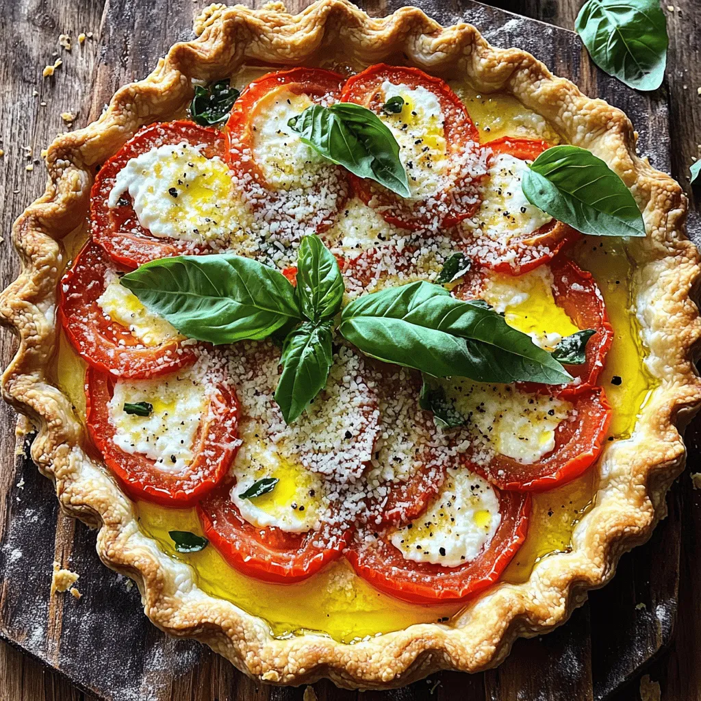 To make a tasty savory tomato pie, you need these key ingredients: - 1 pre-made pie crust (store-bought or homemade) - 4 medium ripe tomatoes, sliced - 1 cup mozzarella cheese, shredded - 1 cup ricotta cheese - 1/2 cup fresh basil, chopped - 1 tablespoon olive oil - 2 cloves garlic, minced - 1 teaspoon dried oregano - Salt and pepper to taste - 1/4 cup Parmesan cheese, grated - 1 egg (for egg wash) These ingredients come together to create layers of flavor. The tomatoes bring freshness, while the cheeses add creaminess and depth. Choosing the right tomatoes makes a big difference. Look for ripe, firm tomatoes. They should smell sweet and feel slightly heavy for their size. Varieties like heirloom or vine-ripened offer the best taste. Avoid tomatoes with bruises or dark spots. If you can, buy them from a local farmer's market. Fresh, in-season tomatoes have the most flavor. While mozzarella and ricotta work well, feel free to mix things up. For a sharper taste, try using goat cheese or feta. You can also blend in some cheddar for a richer flavor. Mix different cheeses for a unique twist. Experimenting with cheese can make your savory tomato pie even more delightful. Start by preheating your oven to 375°F (190°C). Grab your pie crust, whether store-bought or homemade. Place it in a 9-inch pie plate. Use a fork to prick the bottom of the crust. This step helps prevent bubbling. Pre-bake the crust for about 10 minutes. You want it lightly golden. Remove it from the oven and set it aside. In a bowl, mix together the ricotta cheese, minced garlic, chopped basil, and dried oregano. Add salt and pepper to taste. Stir until everything is well combined. This mixture adds a rich flavor to the pie. Spread it evenly over the bottom of your pre-baked pie crust. Next, take your sliced tomatoes and layer them over the ricotta mixture. Slightly overlap the tomato slices for a nice look. After that, sprinkle the shredded mozzarella cheese on top of the tomatoes. Drizzle olive oil over the pie for added flavor. Finally, sprinkle the grated Parmesan cheese evenly across the mozzarella. This adds a nice, crunchy topping. Now, beat an egg in a small bowl. Use it to brush the edges of the pie crust. This gives the crust a golden finish. Bake the pie in your preheated oven for 30 to 35 minutes. You'll know it's done when the cheese is bubbly and the top is golden brown. Let it cool for 10 to 15 minutes before slicing and serving. Enjoy your savory tomato pie! For the full recipe, refer to the previous section. To bake your savory tomato pie just right, start with a preheated oven at 375°F (190°C). Pre-baking the crust helps prevent sogginess. Bake it for about 10 minutes until it turns lightly golden. This step ensures a crisp base. After adding your filling, bake for 30-35 minutes. Look for bubbly cheese and a golden top. These signs mean your pie is ready to shine. To keep the tomatoes from getting mushy, use ripe but firm tomatoes. Slice them evenly to ensure they cook well. Before layering them, you can salt the slices and let them drain on paper towels for 10 minutes. This step removes excess moisture. Layer the tomatoes slightly overlapping, so they cook evenly. This method keeps the pie's texture fresh and lively. Presentation matters! Serve your pie on a rustic wooden board for a charming touch. Add fresh basil leaves on top for color and aroma. A drizzle of balsamic glaze can elevate its look and flavor. Slice the pie into wedges and arrange them neatly. This way, each piece is inviting and appetizing. For more details, check the Full Recipe. {{image_2}} For a heartier dish, consider adding protein. Bacon gives a nice smoky flavor. Cook the bacon until crispy, then chop it. Sprinkle it over the tomato layers. If you prefer chicken, use cooked, shredded chicken. Mix it with the ricotta for a tasty twist. These options create a filling meal that satisfies. You can make the pie vegetarian-friendly with simple swaps. Replace the mozzarella with a blend of feta and goat cheese. This change adds a tangy taste. You can also add veggies like spinach or zucchini. These ingredients blend well and boost nutrition. Use mushrooms for an earthy flavor. The choice is yours! If you need a gluten-free option, use a gluten-free pie crust. Many stores offer ready-made versions. You can also make one with almond flour or oats. Just blend the ingredients and press them into a pie plate. This way, everyone can enjoy the savory tomato pie without worry. After enjoying your savory tomato pie, it’s key to store leftovers properly. First, let the pie cool to room temperature. Cover it tightly with plastic wrap or aluminum foil. You can also place the pie in an airtight container. This keeps it fresh and prevents drying out. Store it in the fridge for up to three days. If you want to keep it longer, freezing is a good option. To reheat your savory tomato pie, preheat your oven to 350°F (175°C). Place the pie on a baking sheet for easy handling. Heat it for about 15-20 minutes. Check to make sure the cheese is bubbly and the pie is warm throughout. You can also use the microwave. If using a microwave, heat it in short bursts to avoid soggy crust. Freezing your savory tomato pie is simple. Before freezing, slice the pie into portions. Wrap each slice in plastic wrap, then place them in a freezer-safe bag. This method helps you grab a slice when you want one. You can freeze it for up to three months. When ready to eat, thaw the slices in the fridge overnight before reheating. This keeps the flavor great and the texture intact. You can serve Savory Tomato Pie with a crisp green salad. A simple arugula salad works well. Toss in some cherry tomatoes, cucumbers, and a light vinaigrette. It adds freshness and balances the pie's rich flavors. You may also enjoy it with a side of roasted vegetables. For a heartier meal, pair it with grilled chicken or fish. This gives you a nice protein boost and makes the meal complete. Absolutely! You can swap out the mozzarella for cheddar or gouda. These cheeses add their own unique flavors. You could also try feta cheese for a tangy twist. If you prefer a creamier texture, cream cheese works great too. Just remember to adjust the seasonings to match the cheese you choose. Mixing different cheeses can create a fun and tasty variation of the pie. Savory Tomato Pie will last about 3 to 4 days in the fridge. Make sure to cover it well to keep it fresh. Use plastic wrap or an airtight container to store leftovers. If you want to keep it longer, consider freezing it. Wrap it tightly and it can last for about 2 months in the freezer. Just thaw it in the fridge before reheating. Savory tomato pie is a delightful dish full of flavor. We explored essential ingredients, from juicy tomatoes to cheese options. I shared step-by-step instructions for a perfect crust and rich filling. You learned tips for baking and keeping tomatoes fresh. Plus, I offered tasty variations and storage tips. Enjoy making this dish your own. It’s a fun way to use fresh ingredients. I hope you try different flavors and share your pie with others!