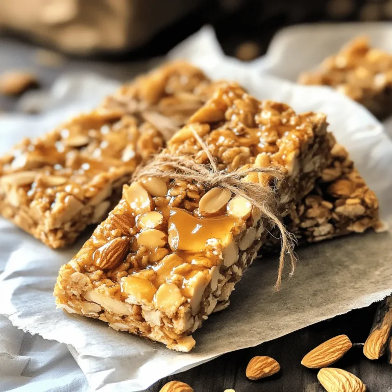 To make my homemade granola bars, you need the following ingredients. Each one adds flavor and nutrition to your bars: - 2 cups rolled oats - 1 cup almonds, roughly chopped - 1/2 cup walnuts, roughly chopped - 1/2 cup sunflower seeds - 1/2 cup honey or maple syrup - 1/4 cup almond butter (or any nut butter of your choice) - 1/2 teaspoon vanilla extract - 1/2 teaspoon cinnamon - 1/4 teaspoon salt - 1/2 cup dried cranberries or raisins (optional) These ingredients make a perfect blend for a tasty snack. The oats give a nice base. Nuts add crunch and healthy fats. Sunflower seeds give you extra protein. Honey or maple syrup sweetens it all up. Almond butter binds the mix together and adds creaminess. Vanilla and cinnamon boost the flavor. Salt balances everything out. If you like, toss in some dried fruit for a sweet surprise. You can find the Full Recipe for step-by-step instructions to make these nutrient-packed bars. - Preheat the oven to 350°F (175°C). - Prepare an 8x8 inch (20x20 cm) baking pan by lining it with parchment paper. Leave some paper over the edges. This helps you lift the bars out later. - In a large bowl, combine 2 cups of rolled oats, 1 cup of roughly chopped almonds, 1/2 cup of roughly chopped walnuts, 1/2 cup of sunflower seeds, and 1/2 teaspoon of cinnamon. Mix well so all the dry ingredients blend. - In a small saucepan, melt 1/2 cup of honey (or maple syrup) and 1/4 cup of almond butter over low heat. Stir until smooth. Remove it from heat, then add 1/2 teaspoon of vanilla extract and 1/4 teaspoon of salt. - Pour the melted mixture over the dry ingredients. Stir until everything is coated well. - If you want to add sweetness, fold in 1/2 cup of dried cranberries or raisins now. This adds a nice chewy texture. - Transfer the mixture into your prepared pan. Press it down firmly to create an even layer. Use a spatula or your damp hands to pack it tightly. - Bake the bars for 20-25 minutes. Look for golden brown edges. This means they are done. - Let them cool completely in the pan. Use the parchment paper to lift them out. After they cool, cut them into bars or squares. You can find the full recipe details above to guide you through this fun cooking adventure! To ensure your granola bars hold together, use enough sticky ingredients. Honey or maple syrup works well. The nut butter also helps bind everything. Make sure to pack the mixture tightly in the pan. Use a spatula or your damp hands to press it down firmly. This step is key to keeping your bars intact. Want to spice things up? Try adding chocolate chips or coconut flakes. You can also mix in seeds like chia or flax for extra nutrition. Dried fruits like apricots or figs can add sweetness. Experiment with spices such as nutmeg or ginger for a unique twist. Serving granola bars can be fun and creative. Cut them into fun shapes with cookie cutters. Wrap them in colorful parchment paper for a nice touch. Tie them with twine for a rustic look. These bars make great snacks for school or work. Enjoy them anytime, anywhere! {{image_2}} You can easily make vegan granola bars. Just swap honey for maple syrup. Maple syrup adds a sweet touch without any animal products. You can also use plant-based nut butters. Almond butter or peanut butter work great here. This way, you keep the bars tasty and cruelty-free. If you need gluten-free bars, use certified gluten-free oats. This ensures no cross-contamination happens. For seeds and nuts, choose alternatives like pumpkin seeds or pecans. These options keep your bars crunchy and packed with flavor. Feel free to mix up the flavors! For a chocolate twist, add chocolate chips. Dark chocolate adds richness and pairs well with nuts. You can also try tropical fruit and nut combinations. Dried pineapple, coconut, and macadamia nuts create a sunny taste. These variations keep your granola bars fresh and exciting. You can find the full recipe [here](#). To keep your homemade granola bars fresh, store them in an airtight container. This helps prevent them from getting stale. You can use glass jars, plastic containers, or resealable bags. If you want to keep them extra fresh, place a piece of parchment paper between layers of bars. At room temperature, these bars last about one week. For longer storage, freeze them. Wrapped in plastic wrap or foil, they can last up to three months in the freezer. Just remember to thaw them at room temperature before enjoying. Check for signs of spoilage before eating. If the bars smell off or have a dry texture, it's time to toss them. Also, if you see mold or any weird spots, throw them away. Trust your senses; they are good guides for freshness. How to make granola bars without nut butter? You can use mashed bananas, applesauce, or tahini instead of nut butter. These options help bind the bars together like nut butter does. They also add moisture and flavor. Can I use different types of oats? Yes, you can use quick oats or steel-cut oats. Quick oats will make the bars softer. Steel-cut oats will give a chewier texture. Just note that cooking times may vary. What can I substitute for honey? Maple syrup or agave nectar works well as a honey substitute. Both add sweetness without changing the taste too much. You can also use brown rice syrup if you want a thicker texture. Are homemade granola bars healthier than store-bought? Yes, homemade bars often contain fewer added sugars and no preservatives. You can control the ingredients, making them healthier. Plus, you can add superfoods like seeds and dried fruit for extra nutrition. What is the calorie count for one bar? Each granola bar has about 150 calories. The exact count can change based on your ingredients and portion size. For a more precise number, consider the specific brands you use. Can I add protein powder? Absolutely! You can mix in protein powder to boost the protein content. Start with one scoop and adjust based on your taste. Just remember to increase the wet ingredients slightly to balance it out. How to make them less sweet? Cut down on honey or syrup by one-half. You can also add unsweetened coconut or nuts for flavor without extra sugar. This way, you can enjoy a tasty treat without too much sweetness. You can make delicious granola bars with simple ingredients and easy steps. First, we covered the key items needed and how to prepare your baking pan. Then, I shared tips for mixing, baking, and enhancing flavors. You can even try vegan and gluten-free options. Finally, I explained the best ways to store your bars for freshness. Enjoy your homemade granola bars as a healthy snack or on-the-go treat!