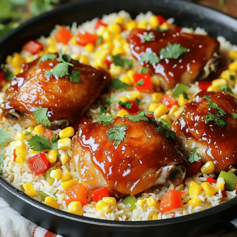 - Chicken: 4 boneless, skinless chicken thighs - Rice: 1 cup jasmine rice, rinsed and drained - Sauce: 1/2 cup honey BBQ sauce - Broth: 2 cups low-sodium chicken broth - Vegetables: 1 small onion, diced; 2 cloves garlic, minced; 1 bell pepper (any color), diced; 1 cup corn (fresh or frozen) - Spices: 1 teaspoon smoked paprika - Seasoning: Salt and pepper to taste - Garnish: Fresh cilantro, chopped The main ingredients create a strong base for this dish. The chicken thighs give a juicy and tender texture. Jasmine rice acts as a perfect canvas. The honey BBQ sauce adds sweetness and depth. Each bite will be packed with flavor. Next, the additional ingredients bring the dish to life. The chicken broth keeps everything moist and flavorful. Onions, garlic, and bell peppers add crunch and color. Corn brings sweetness, making it a hit with kids. For seasonings, smoked paprika adds a lovely warmth. Salt and pepper enhance all the flavors. Lastly, fresh cilantro gives a bright finish. You can find the Full Recipe to ensure you have everything you need. - Prepare the Chicken: Start by seasoning the chicken thighs. Use salt, pepper, and smoked paprika for flavor. This mix adds a nice, smoky taste. - Sauté Vegetables: In a large skillet, heat some olive oil. Add the diced onion and minced garlic. Sauté them for about 3 minutes. They should smell great and look soft. - Brown the Chicken: Now, add the seasoned chicken thighs to the skillet. Brown them on both sides for 2-3 minutes. They should be golden but not fully cooked. - Add Rice and Broth: Remove the chicken and set it aside. In the same pan, add the rinsed jasmine rice, chicken broth, corn, and diced bell pepper. Stir everything well to combine. - Combine and Cook: Place the browned chicken thighs back into the skillet. Pour the honey BBQ sauce evenly over the mixture. Let it simmer gently. - Cover and Cook: Cover the skillet with a lid. Lower the heat to cook for about 20 minutes. The rice should be tender, and the chicken must be fully cooked. - Rest and Serve: After cooking, take it off the heat. Let it rest for 5 minutes. Fluff the rice with a fork. Make sure the BBQ sauce is mixed well. - Garnish: Finally, sprinkle freshly chopped cilantro on top before serving. Follow these steps for a tasty, one-pan meal. For the complete process, check the Full Recipe. - Choosing the Right Chicken Thighs: I always prefer boneless and skinless chicken thighs. They cook evenly and stay juicy. Bone-in or skin-on thighs can take longer to cook. This can lead to dry meat. Boneless and skinless thighs are simple to work with. - Proper Seasoning Techniques: Season your chicken well. I sprinkle salt, pepper, and smoked paprika on both sides. This helps enhance the flavor. Let the chicken sit for a few minutes before cooking. This allows the spices to soak in. - Rinsing Jasmine Rice: Always rinse your jasmine rice. Rinsing removes excess starch. This helps keep the rice fluffy. To rinse, place the rice in a fine-mesh strainer. Run cold water over it until the water runs clear. - Adjusting Liquid Ratios: For perfect rice texture, use the right liquid ratio. I use two cups of low-sodium chicken broth for one cup of rice. This gives great flavor and moisture. If you like softer rice, add a little more broth. - Modifying BBQ Sauce: You can use store-bought or homemade BBQ sauce. If you make your own, consider adding honey for sweetness. Adjust the flavors to match your taste. A little hot sauce can add a nice kick, too. - Adding Herbs and Spices: Fresh herbs elevate the dish. I suggest adding fresh cilantro at the end. You can also try thyme or parsley. For extra flavor, consider adding garlic powder or onion powder to the rice. These small changes can make a big difference. {{image_2}} If you want to switch up the protein in your One-Pan Honey BBQ Chicken Rice, you have great options. You can use turkey instead of chicken. Turkey thighs work well and give a nice flavor. Just follow the same steps in the recipe, and you will have a tasty dish. For a vegetarian option, try using tofu. Firm tofu absorbs flavors well. Simply press it to remove extra water, then cube it. Sauté the tofu just like you would the chicken. This gives you a veggie-only version that is still filling and delicious. While jasmine rice is fantastic, you can explore other grains. Brown rice is a great substitute. It has a nuttier taste and is more nutritious. Just remember to adjust the liquid and cooking time. Brown rice takes longer to cook than jasmine rice. Quinoa is another excellent choice. It cooks faster and adds a nice crunch. Use the same amount of quinoa as rice in the recipe. Rinse it well before adding it to the pan. If you want to try something different, consider farro or barley. Both have chewy textures and earthy flavors. They can add a unique twist to your meal. Just be sure to cook them according to package directions before adding them to the pan. To spice things up, consider adding heat to your dish. Jalapeños work well for this. You can chop them finely and add them with the onions. If you like more heat, a splash of hot sauce can also do the trick. For a touch of sweetness, think about adding fruit. Pineapple chunks can give a nice contrast to the BBQ sauce. Just mix them in when you add the rice. This will add a juicy burst of flavor to each bite. These variations allow you to customize this dish to your taste! For the full recipe, be sure to check the recipe section above. To store leftovers, wait for the dish to cool. Place the One-Pan Honey BBQ Chicken Rice in an airtight container. It keeps well in the fridge for up to four days. Always label the container with the date. This helps you track freshness. For best results, use glass or BPA-free plastic containers. They seal tightly and prevent odors. Avoid using metal containers, as they can react with the sauce. You can freeze portions of this meal for later. Divide the chicken and rice into smaller servings. Use freezer-safe containers or bags. Remove as much air as possible to prevent freezer burn. It will stay fresh for about three months. When ready to eat, thaw the dish overnight in the fridge. To reheat, use the stovetop or microwave. Add a splash of chicken broth to keep it moist. Heat until warmed through. Leftovers are safe to eat for up to four days in the fridge. After that, they may lose quality. Always check for signs of spoilage before eating. Look for changes in smell, texture, and color. If something seems off, it's best to toss it. Keeping track of how long you store food helps to avoid waste. What can I substitute for honey BBQ sauce? If you do not have honey BBQ sauce, you can use regular BBQ sauce. You may also mix ketchup with honey and a bit of vinegar for a sweet and tangy option. This will keep your dish flavorful and tasty. Can I use brown rice instead of jasmine rice? Yes, you can use brown rice in this recipe. However, brown rice takes longer to cook. You should increase the cooking time to about 40-45 minutes. Also, add more liquid since brown rice needs more broth to cook well. How long does it take to cook chicken thighs thoroughly? Chicken thighs usually take 20 to 25 minutes to cook fully in this recipe. You want them to reach an internal temperature of 165°F. This ensures that they are safe to eat and juicy. What is the best way to check the doneness of chicken? The best way to check if chicken is done is to use a meat thermometer. Insert it into the thickest part of the thigh. If it reads 165°F, the chicken is cooked. If not, cook it a bit longer. Is this recipe gluten-free? Yes, this recipe can be gluten-free. Just be sure to use a gluten-free BBQ sauce. The other ingredients are naturally gluten-free, making it safe for those with gluten sensitivities. How can I make this dish low-carb? To make this dish low-carb, you can replace rice with cauliflower rice. This will lower the carb count while keeping the flavors intact. You can also limit the amount of honey BBQ sauce used. This article covered how to make One-Pan Honey BBQ Chicken Rice. We explored the main ingredients, essential tips, and variations for customization. You learned about the cooking steps and how to store leftovers. In conclusion, you now have all the tools to create a delicious meal. Whether you stick to the recipe or adapt it, this dish is sure to please. Enjoy your cooking adventure!