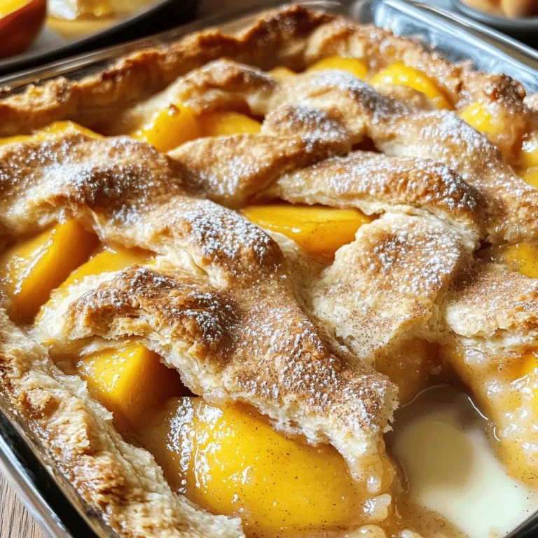 - Fresh or canned peaches - Granulated sugar - Ground cinnamon - Vanilla extract - Lemon juice - All-purpose flour - Baking powder - Salt - Whole milk - Unsalted butter To make the best peach cobbler, accurate measurements are key. Here are some tips: - Use a scale for precise weight. This helps with perfect texture. - Use dry measuring cups for flour and sugar. Fill the cup and level off. For substitutions: - Canned peaches work well if fresh peaches aren’t available. - For sugar, you can use a sugar substitute if needed. - Whole milk can be swapped with almond milk for dairy-free options. - Butter can be replaced with coconut oil for a vegan option. This recipe is flexible, so feel free to adapt it to fit your needs! For the complete instructions, check the Full Recipe. First, grab your peaches. If you use fresh ones, slice them into thin pieces. For canned peaches, just drain them well. In a mixing bowl, combine the peaches with 1/2 cup of sugar, cinnamon, vanilla extract, and lemon juice. This mix makes the peaches sweet and tasty. Toss them gently to coat all the slices. Let this sit for about 10 minutes to marinate. The juices will mix, creating a lovely syrup. Next, let’s make the batter. In a separate bowl, add flour, baking powder, salt, and the remaining 1/2 cup of sugar. Whisk these dry ingredients until they blend well. Now, pour in the milk and melted butter. Stir until just combined. Don’t worry if it’s a bit lumpy; that’s normal. The lumps help create a soft cobbler. Now it's time to layer. Pour the batter into a greased 9x13-inch baking dish. Spread it out evenly across the bottom. Next, spoon the peach mixture on top of the batter. Make sure to include all the juices. Do not stir it; this will help create a nice layer effect. Preheat your oven to 350°F (175°C). Place the baking dish in the oven and bake for 35-40 minutes. You’ll know it’s done when the top turns golden brown and a toothpick inserted in the center comes out clean. Once baked, take it out and let it cool for a few minutes. This cooling step helps the cobbler set up perfectly. For the full recipe, check out the details in the previous sections. To get the best texture, use ripe peaches. They should be soft but not mushy. If you have canned peaches, drain them well to avoid excess juice. Mixing the batter should be gentle. You want lumps to stay; they add to the cobbler's charm. Spread the batter evenly in the dish. This helps it bake evenly, too. One big mistake is overmixing the batter. This makes the cobbler tough. Just stir until the ingredients come together. Also, check your oven temperature. An oven that's too hot can burn the top before the inside cooks. Use an oven thermometer to be sure. Peach cobbler is best with toppings. Consider adding a scoop of vanilla ice cream. The cold cream melts into the warm cobbler. You might also try whipped cream for a light touch. Fresh mint leaves can add a nice contrast, too. These simple pairings make your dessert feel special. For more details, check the Full Recipe for ideas! {{image_2}} You can swap peaches for other fruits like cherries or blueberries. Apples and pears also work well. Mixing fruits adds fun flavors. For example, try half peaches and half blueberries. This combo gives you a sweet and tart taste that surprises your palate. If you want a lighter cobbler, reduce the sugar by half. You can also use honey or maple syrup instead. Whole grain flour is another great choice. It adds fiber and nutrients. This change keeps the taste great while making it a bit healthier. You can serve peach cobbler in many ways. Individual servings look nice and are easy to share. Use ramekins for a fun twist. Family-style baking is great for gatherings. You can also try making cobblers in muffin tins. This way, you get mini cobblers that are fun to eat. Check out the Full Recipe for more ideas! To keep your peach cobbler fresh, store it in the fridge. Use an airtight container or cover it tightly with plastic wrap. It will stay good for about 3 to 4 days. If you want to keep it longer, freeze it. First, let it cool completely. Then, wrap it well in plastic wrap and foil. It can last for up to 3 months in the freezer. When reheating your cobbler, the oven works best. Preheat it to 350°F (175°C). Place the cobbler in an oven-safe dish. Cover it with foil to keep it moist. Heat for about 15 to 20 minutes. This will help maintain its soft texture. You can also use a microwave. If you choose this method, heat a slice for about 30 seconds. But, keep an eye on it so it does not get too hot. Enjoy your peach cobbler warm! Yes, you can use frozen peaches! Frozen peaches save time and are easy to find. They are usually picked at peak ripeness, so they taste great. Just thaw them first and drain excess liquid. This will help keep your cobbler from being too watery. Peach cobbler lasts about 3 to 5 days in the fridge. To keep it fresh, cover it tightly with plastic wrap or aluminum foil. This will help keep the moisture in and the flavors intact. You can make this recipe ahead of time. Prepare the cobbler and store it in the fridge before baking. When you are ready, just bake it as directed. You can also bake it ahead and reheat it later. Peach cobbler pairs well with many tasty options. I suggest serving it warm with a scoop of vanilla ice cream. You can also top it with whipped cream or a drizzle of caramel sauce for extra sweetness. This recipe is not vegan, but you can make it vegan-friendly. Substitute whole milk with almond or oat milk. Use a vegan butter alternative instead of unsalted butter. This way, you can enjoy the same delicious taste without dairy. Making peach cobbler is simple and fun. We covered the key ingredients, measurements, and methods to create a delicious dessert. Follow the step-by-step instructions for the best results. Don’t forget the tips to avoid common mistakes and enhance the texture. Explore variations for different flavors and healthier options. Store leftovers properly and reheat for the best taste. Now, gather your ingredients and start baking your perfect peach cobbler today! Enjoy this sweet treat with your favorite toppings. It’s sure to be a hit!