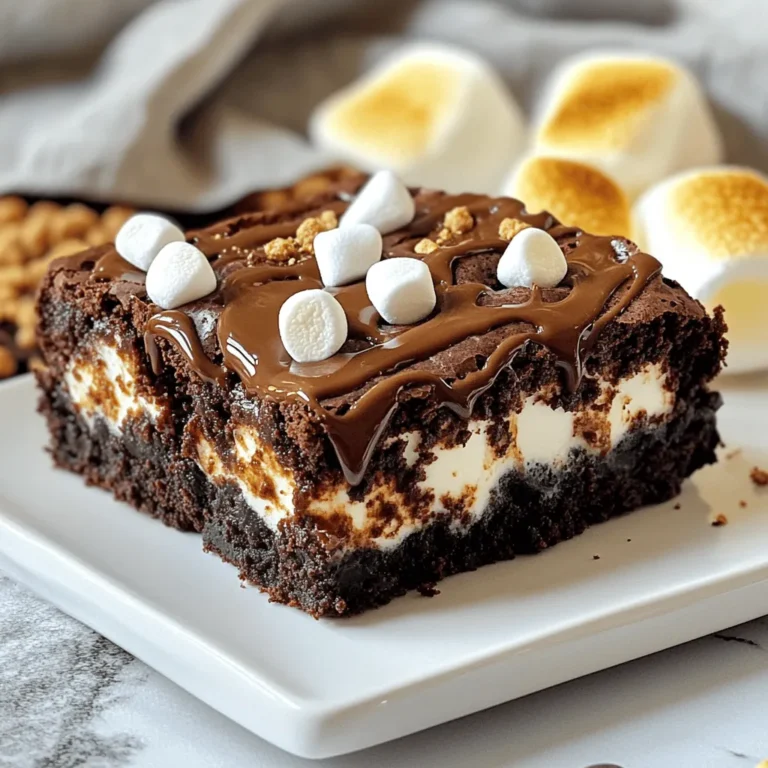 For the best s’mores brownies, gather these key ingredients: - 1 cup unsalted butter, melted - 1 cup granulated sugar - 1 cup brown sugar, packed - 4 large eggs - 1 teaspoon vanilla extract - 1 cup all-purpose flour - 1/2 cup unsweetened cocoa powder - 1 teaspoon baking powder - 1/4 teaspoon salt - 1 cup mini marshmallows - 1 cup graham cracker crumbs - 1 cup chocolate chips (milk or dark, your choice) These ingredients create a rich, gooey brownie with a tasty s’mores twist. You can play with flavors by adding optional ingredients. Consider these choices: - Nuts, like walnuts or pecans, for a crunchy bite - Peanut butter chips for a nutty flavor - Sea salt flakes on top for a sweet-salty mix - Different flavored marshmallows, like chocolate or strawberry These extras can make your brownies unique and fun! If you need to swap ingredients, here are some ideas: - Use coconut oil instead of butter for a dairy-free option. - Substitute maple syrup for granulated sugar for a healthier twist. - Try whole wheat flour instead of all-purpose flour for more fiber. - Use dairy-free chocolate chips if you have a dairy allergy. These swaps keep the flavor while accommodating different diets. For the full recipe, check out the detailed list above! To start, gather all your ingredients. You need butter, sugars, eggs, vanilla, flour, cocoa powder, baking powder, salt, graham crackers, chocolate chips, and marshmallows. Preheat your oven to 350°F (175°C). Grease a 9x13-inch baking pan or line it with parchment paper for easy removal. In a large bowl, mix melted butter, granulated sugar, and brown sugar until smooth. Add the eggs one by one, mixing well each time. Then, stir in the vanilla extract. In another bowl, whisk the flour, cocoa powder, baking powder, and salt together. Slowly add this dry mix to the wet mix. Stir gently until just combined. Be careful not to overmix, as this can make the brownies tough. Fold in the graham cracker crumbs and chocolate chips, saving some chocolate chips for later. Pour half of your brownie batter into the prepared pan. Spread it out evenly. Then, sprinkle half of the mini marshmallows on top. Pour the rest of the batter over the marshmallows, spreading it evenly again. Top this with the remaining marshmallows and the reserved chocolate chips. Bake in the oven for 25-30 minutes. To check if they are done, insert a toothpick. If it comes out with a few moist crumbs, they are ready. Once baked, take the pan out of the oven. Let the brownies cool in the pan for about 15 minutes. This makes them easier to handle later. After that, transfer them to a wire rack to cool completely. When they are cool, cut them into squares. Serve these delicious treats warm. You can drizzle some chocolate sauce on top and add extra graham cracker crumbs for a fun touch. For a special treat, serve with toasted marshmallows on the side. Enjoy your S’mores Brownies! For the complete recipe, check out the Full Recipe section. To get the best brownie texture, mix your batter just right. You want it smooth, not overmixed. Overmixing makes them tough. Use room temperature eggs for a better rise. This helps create that fudgy feel. Bake them until a toothpick shows moist crumbs. This means they are done but still soft. Toasting marshmallows adds a nice flavor. Stick them on a skewer or fork. Hold them over a low flame. Move them slowly to avoid burning. Toast until they are golden brown. This process creates a sweet, gooey treat. You can add these toasted marshmallows on top of your brownies for extra flavor. If you have leftover brownies, store them in an airtight container. Keep them at room temperature for up to three days. For longer storage, put them in the fridge. They can last up to a week there. You can also freeze them for up to three months. Just wrap them tightly in plastic wrap first. Enjoy your S’mores Brownies whenever you want! For the full recipe, check the earlier sections. {{image_2}} You can mix up the flavors in your S’mores Brownies. Try adding peanut butter. Swirl in some creamy peanut butter before baking. It gives a great taste! You can also use different types of chocolate. Dark chocolate adds a rich flavor, while white chocolate gives a nice touch. Want a fruity twist? Add some raspberries or strawberries to your batter for a fresh spin. If you need gluten-free brownies, it’s easy to adapt this recipe! Just swap the all-purpose flour for a gluten-free flour blend. Many blends work well in baking. You can also use almond flour for a nutty flavor. Just keep an eye on the baking time, as these may cook a bit faster. Toppings can change your brownie game! Besides marshmallows and chocolate chips, consider crushed nuts or toffee bits for crunch. For a fun twist, sprinkle some sea salt on top after baking. This adds a savory touch that pairs well with the sweet. You can also drizzle caramel sauce over the brownies for extra sweetness. For all these variations, check the Full Recipe for the base you need to start baking! To keep your s'mores brownies fresh, store them in an airtight container. Line the container with parchment paper. This helps prevent sticking. Place a layer of brownies and cover them with more parchment. They stay soft and tasty this way. Keep them at room temperature for up to three days. If you want them to last longer, store them in the fridge. They will stay good for about a week. If you want to enjoy warm brownies again, reheating is easy. Preheat your oven to 350°F (175°C). Place the brownies on a baking sheet. Cover them with foil, so they don’t dry out. Heat them for about 10-15 minutes. You can also use the microwave. Just warm them for 15-20 seconds. Check to make sure they don’t get too hot. Freezing is a great option if you have leftovers. First, let the brownies cool completely. Then, cut them into squares. Wrap each piece tightly in plastic wrap. Place the wrapped brownies in a freezer-safe bag. They can stay in the freezer for up to three months. When you're ready to eat, thaw them in the fridge overnight. You can warm them up after thawing for that fresh-baked taste. Yes, you can make S’mores Brownies ahead of time. Bake them and let them cool completely. Then, store them in an airtight container. Keep them at room temperature or in the fridge for up to three days. If you want to store them longer, freeze them. Just wrap each piece tightly in plastic wrap and put it in a freezer bag. They taste great even after freezing. To reduce the sweetness of S’mores Brownies, you can use less sugar. Try cutting down the granulated sugar by 1/4 cup. You can also choose dark chocolate chips, which are less sweet than milk chocolate. Adding a pinch of salt can help balance the flavors too. Another tip is to add more cocoa powder. This adds rich chocolate flavor without extra sweetness. For S’mores Brownies, I recommend using semi-sweet or dark chocolate. These types give a nice balance to the sweet marshmallows and graham crackers. You can also mix different types of chocolate for fun flavors. Milk chocolate chips add creaminess, while dark chocolate brings deeper taste. Using high-quality chocolate makes a big difference in your brownies. For the full recipe, check out the instructions above. S’mores brownies blend fun flavors in one easy treat. We covered the best ingredients, from chocolate to marshmallows. You can modify recipes to suit your taste or dietary needs. Remember to follow the steps for perfect texture and flavor. Use tips for toasting marshmallows and storing leftovers. With the right care, you can enjoy these brownies for days. Dive into the world of s’mores brownies and indulge in all the tasty options!