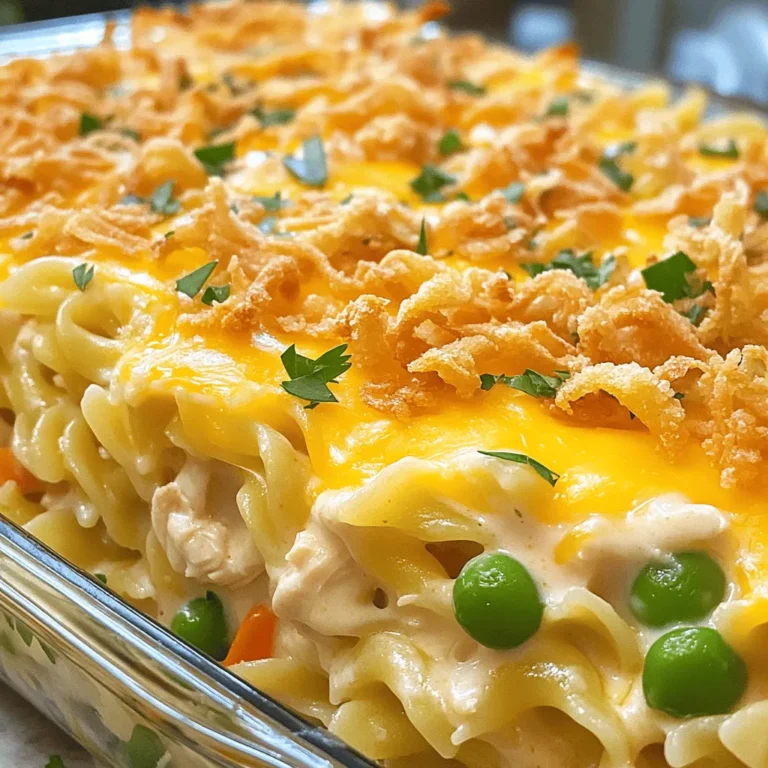 To make a tasty Chicken Bacon Ranch Casserole, gather these simple ingredients: - 2 cups cooked chicken, shredded - 8 ounces egg noodles - 1 cup ranch dressing - 1 cup sour cream - 2 cups shredded cheddar cheese - 1 cup frozen peas and carrots (thawed) - 1 teaspoon garlic powder - 1 teaspoon onion powder - Salt and pepper to taste - ½ cup crispy fried onions for topping (optional) Each ingredient plays a role in creating the creamy, savory flavor. The chicken adds protein, while the noodles provide a comforting base. Ranch dressing and sour cream give it a rich taste. Cheddar cheese melts beautifully on top, adding a delicious layer. Peas and carrots bring color and nutrients. Garlic and onion powder enhance the overall flavor. You can adjust the salt and pepper to fit your taste. If you like extra crunch, add crispy fried onions on top. For the full recipe, check out the [Full Recipe]. First, preheat your oven to 350°F (175°C). This step warms the oven and helps the casserole cook evenly. Next, grease a 9x13 inch casserole dish with some oil or butter. This helps prevent sticking later on. Now, cook the egg noodles according to the package instructions. Usually, this takes about 7 to 10 minutes. Drain them when they are just tender. Set the noodles aside to cool a bit. In a large mixing bowl, combine the shredded chicken, ranch dressing, and sour cream. Add half of the cheddar cheese, the thawed peas and carrots, garlic powder, onion powder, salt, and pepper. Mix all these ingredients until they blend well. When your mixture is smooth, gently add the cooked noodles. Stir carefully until the noodles are well coated with the sauce and chicken. This is where the magic really starts to happen! Transfer the mixture into your prepared casserole dish. Spread it out evenly so it cooks uniformly. Top the casserole with the remaining cheddar cheese. If you want a crunchy topping, sprinkle crispy fried onions over the cheese. Now it's time to bake! Place the casserole in the oven and bake for 25 to 30 minutes. You want the cheese to be bubbly and golden. After baking, let it cool for a few minutes before serving. This dish is perfect for family dinners or gatherings. Don't forget to check out the Full Recipe for detailed instructions! To make sure your casserole is perfect, you must avoid mushy noodles. Here’s how: - Cook noodles al dente: Follow the package instructions but cook them for one minute less. This keeps them firm. - Rinse with cold water: After draining, rinse the noodles briefly with cold water. This stops the cooking process. Ingredient temperature is also key. Use room temperature ingredients. Cold items can make the dish uneven. Let your chicken and sour cream sit out for about 30 minutes before mixing. This helps them blend smoothly with the rest. Garnishing your casserole makes it look nice and adds flavor. Here are some tips: - Chopped parsley: Sprinkle some fresh parsley on top before serving. It adds color and freshness. - Crispy onions: If you use fried onions, add them just before serving. This keeps them crunchy. For sides, consider: - Green salad: A simple salad pairs well with the rich flavors of the casserole. - Garlic bread: This adds a nice crunch and complements the creamy texture. You can easily customize this dish for different diets. Here are some ideas: - Substitute chicken: Try turkey or cooked ham if you want a change. - Dairy-free options: Use dairy-free sour cream and cheese. For flavor variations, consider: - Add spices: A pinch of paprika or cayenne can spice things up. - Mix in veggies: Try adding bell peppers or spinach for extra nutrition. For the complete recipe, check out the [Full Recipe]. {{image_2}} You can make a tasty vegetarian version of this casserole. Start by using plant-based proteins like tofu or tempeh. These options add protein without meat. You can also use hearty vegetables instead of chicken. Try mushrooms, zucchini, or eggplant. They will soak up the flavors of the ranch dressing. For a lighter dish, swap out some ingredients. Use Greek yogurt in place of sour cream. This cuts calories and boosts protein. You can also choose whole grain noodles for extra fiber. If you need a gluten-free option, use rice noodles or gluten-free pasta. These swaps keep the dish yummy and healthy. To make your casserole even better, add spices or herbs. A pinch of smoked paprika or Italian seasoning can add depth. Fresh herbs like parsley or basil can brighten the dish. Don't forget about cheese! Try mixing different cheeses like mozzarella or pepper jack. This can give your casserole a unique taste. For the full recipe, check out the Creamy Chicken Ranch Casserole. To keep your Chicken Bacon Ranch Casserole fresh, store it in an airtight container. Place it in the fridge within two hours of cooking. This helps prevent bacteria growth. You can keep it in the fridge for up to four days. Always check for any off smells or changes in color before eating. Reheat your casserole in the oven for the best results. Set your oven to 350°F (175°C). Cover the dish with foil to keep it moist. Heat for about 20 minutes or until warm. You can also microwave it, but be careful. Microwaving can make the noodles soggy. To avoid this, heat in short bursts. Stir in between to heat evenly. You can freeze the casserole if you want to save some for later. First, let it cool down completely. Then, wrap it tightly in plastic wrap. Place it in a freezer-safe container or bag. You can freeze it for up to three months. To use it, thaw it overnight in the fridge. Then, bake it at 350°F (175°C) for 30-40 minutes until heated through. Enjoy your meal again with ease! Yes, you can make this casserole ahead of time. This is great for busy days. To do this, follow these steps: - Make the filling: Prepare the chicken mixture as usual. - Assemble the casserole: Place the mixture in the dish but do not bake it yet. - Cover and chill: Wrap the dish tightly with plastic wrap. Store it in the fridge for up to 24 hours. - Bake when ready: When you are ready to eat, just remove the wrap and bake. You may need to add a few extra minutes to the cooking time. Absolutely! You can switch out the chicken for other meats. Here are some great options: - Turkey: A lean option that works well. - Pork: Shredded pork adds a nice flavor. - Beef: Ground beef can also be a tasty choice. Just ensure the meat is cooked and well-seasoned before mixing it in. This casserole pairs well with many sides. Here are some popular choices: - Green salad: A fresh salad adds crunch. - Garlic bread: Great for soaking up the creamy sauce. - Steamed vegetables: Broccoli or green beans are nice options. These sides will complement the casserole's rich flavors and make your meal complete. In this blog post, I shared a simple and tasty Chicken Bacon Ranch Casserole recipe. We covered the key ingredients, preparation steps, and baking time. I also offered tips to make your casserole perfect, with options for variations and healthier choices. Remember, this dish is not only easy but also adaptable to fit your needs. Try experimenting with flavors and customizing it for your family. Enjoy the great taste and ease of making this meal any night of the week. Happy cooking!