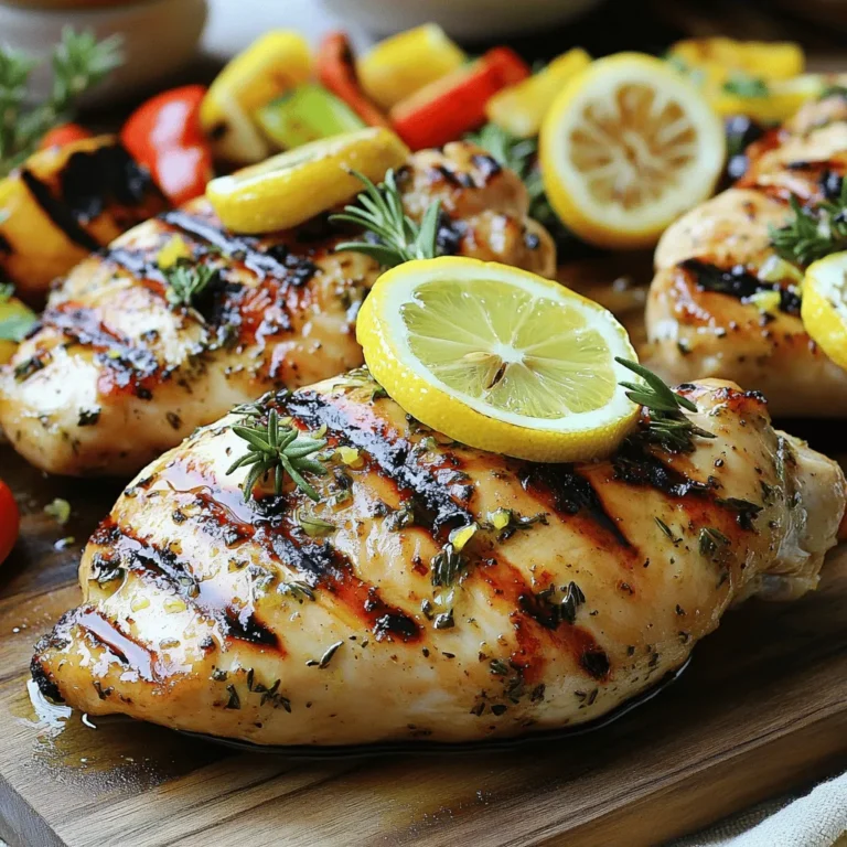 - 4 boneless, skinless chicken breasts - 3 tablespoons olive oil - Zest and juice of 2 large lemons - 3 cloves garlic, minced - 1 tablespoon fresh rosemary, chopped - 1 tablespoon fresh thyme, chopped - Salt and pepper to taste - Lemon slices for garnish - Fresh herbs to garnish (parsley or additional thyme) To cook Lemon Herb Grilled Chicken, you need fresh ingredients. Boneless chicken breasts are the star. They cook evenly and stay juicy. Olive oil adds richness and helps the herbs stick. Fresh herbs like rosemary and thyme bring bright flavors. - 1 teaspoon Dijon mustard - Lemon slices for garnish Dijon mustard gives a nice tang. It adds depth to the marinade. You can also use garlic for more flavor. Lemon slices make a pretty garnish. They add a touch of brightness when serving. - Mixing bowl - Resealable plastic bag or glass dish - Grill or grill pan Use a mixing bowl to whisk your marinade. A resealable plastic bag or glass dish helps marinate the chicken well. A grill or grill pan is key for that smoky flavor. These tools make the process smooth and fun. Want to dive deeper? Check out the [Full Recipe]. To make the marinade, you need to mix a few simple ingredients. First, take a mixing bowl. Add 3 tablespoons of olive oil. Then, zest and juice 2 large lemons and pour them in. Next, add 3 minced garlic cloves. Now, toss in 1 tablespoon each of chopped rosemary and thyme. Finally, stir in 1 teaspoon of Dijon mustard and season with salt and pepper. Mix everything well until it blends into a nice sauce. For the best flavor, marinate the chicken for at least 1 hour. You can leave it in the marinade for up to 4 hours. This gives the chicken time to soak up the flavors. To store the chicken, place it in a large resealable plastic bag or a glass dish. Pour the marinade over the chicken. Seal the bag or cover the dish with a lid. Place it in the fridge while it marinates. Preheat your grill to medium-high heat. This step helps the chicken cook evenly. After marinating, take the chicken out of the fridge. Remove excess marinade by shaking off the liquid. Place the chicken on the grill. Cook each side for about 6-7 minutes. Make sure the chicken reaches an internal temperature of 165°F (75°C). Once cooked, remove the chicken from the grill and let it rest for 5 minutes. This step helps keep your chicken juicy. Serve the grilled chicken warm, garnished with lemon slices and fresh herbs. For the full recipe, check the earlier section! Marinating chicken is key to great flavor. I always aim for at least one hour of marinating time. This lets the chicken soak in all those tasty juices. If you have more time, try marinating for four hours. This gives the herbs and lemon a chance to work their magic. To get maximum flavor infusion, use a resealable bag. This helps the marinade cover the chicken evenly. Make sure to press out all the air before sealing. This keeps the chicken snug in the marinade. When you’re ready to cook, shake off the extra marinade. This helps create a nice grill mark. Grilling chicken can be simple if you follow a few tips. Preheat your grill to medium-high heat, around 425°F. This helps cook the chicken quickly and evenly. Place the chicken on the grill and don’t flip it too early. Let it cook for about 6-7 minutes on one side before checking. To check doneness, use a meat thermometer. The internal temperature should reach 165°F. If you don’t have a thermometer, cut into the chicken. It should be white, not pink. This ensures it’s safe to eat and juicy. Presentation makes a meal more appealing. I like to serve the chicken on a wooden cutting board. Add lemon slices around the chicken for color. A sprinkle of fresh herbs adds a nice touch too. You can use parsley or extra thyme. For side dishes, grilled vegetables or a fresh salad work well. They add color and crunch. If you want something heartier, try rice or quinoa. These sides round out the meal and make it more satisfying. For the full recipe, check out the complete guide. {{image_2}} You can change the taste of your lemon herb grilled chicken easily. Try using different herbs. Instead of rosemary and thyme, you might like basil or oregano. Each herb gives a new flavor. You can also mix in spices. A pinch of paprika adds a nice kick. Cumin brings a warm taste. Experiment with what you like best. If you don't have a grill, you can still make tasty lemon herb chicken. One option is to bake it. Preheat your oven to 400°F (200°C). Place the marinated chicken on a baking sheet. Bake for about 20-25 minutes or until cooked through. The chicken will still be juicy and flavorful. Another method is stovetop cooking. Heat a skillet over medium heat. Add a bit of olive oil and place the chicken in the pan. Cook each side for about 6-7 minutes. Use a meat thermometer to check the inside temperature. It should reach 165°F (75°C). You can make this dish fit your diet easily. For a gluten-free option, use gluten-free mustard. Most mustards are gluten-free, but check the label. For low-carb needs, skip the mustard and use more herbs. This keeps the flavor bright without the carbs. You can also pair this meal with low-carb sides like grilled vegetables or salads. This way, you enjoy a delicious meal while staying within your dietary needs. I hope you enjoy exploring these variations! For the full recipe, check out the details above. To store your Lemon Herb Grilled Chicken, follow these easy steps: - Refrigeration tips: Place the chicken in an airtight container. It will stay fresh for up to four days in the fridge. Make sure it cools down first before sealing. This helps maintain its flavor and texture. - Freezing instructions: If you want to keep it longer, freeze the chicken. Wrap each piece in plastic wrap, then place it in a freezer bag. This keeps it fresh for up to three months. Label the bag with the date for easy tracking. When you're ready to enjoy leftovers, reheating is key to keeping the chicken moist: - Best methods for keeping chicken moist: The oven works well. Preheat it to 350°F (175°C). Place the chicken in a baking dish and cover it with foil. Heat for about 15-20 minutes. This helps keep the chicken juicy. - Reheating tips for quick meals: If you're in a hurry, use the microwave. Place the chicken on a microwave-safe plate. Add a splash of water, cover it with a damp paper towel, and heat for 1-2 minutes. Check it often to avoid overcooking. Knowing how long your chicken stays fresh helps prevent waste: - How long does it stay fresh? Marinated chicken can last up to two days in the fridge. Cooked chicken is safe for four days. If frozen, it stays good for three months. - Signs of spoilage: Always check for changes. If the chicken smells sour or looks discolored, it's best to throw it out. Trust your senses to keep your meals safe and tasty. For the full recipe, refer to the earlier sections. You should marinate the chicken for at least 1 hour. This gives the chicken time to soak up the flavors. For the best taste, I recommend marinating for up to 4 hours. The longer it sits, the more lemon and herb flavor it gets. Just don’t go over 4 hours, or the chicken may become too mushy. Yes, you can use chicken thighs. They have a richer flavor compared to breasts. Chicken thighs also stay moist when cooked. Keep in mind, thighs take a bit longer to cook. Aim for about 8-10 minutes per side on the grill. Always check that the internal temperature reaches 165°F (75°C) for safety. Many sides pair well with this dish. Here are some ideas: - Grilled vegetables like zucchini and bell peppers - A fresh garden salad with lemon vinaigrette - Roasted potatoes or rice pilaf - A light white wine, like Sauvignon Blanc, complements the meal well These sides add color and flavor to your plate. They also balance the bright lemon notes in the chicken. Enjoy your meal! For the full recipe, check out the [Full Recipe]. Lemon herb grilled chicken is simple yet full of flavor. You can use basic ingredients like chicken breasts, olive oil, and fresh herbs. This dish shines through careful marinating and grilling. Remember, letting the chicken soak in the flavors makes a big difference. You can always tweak the recipe with different herbs or cooking methods. Store leftovers wisely for tasty meals later. Now, enjoy making this easy recipe and impress your family and friends!