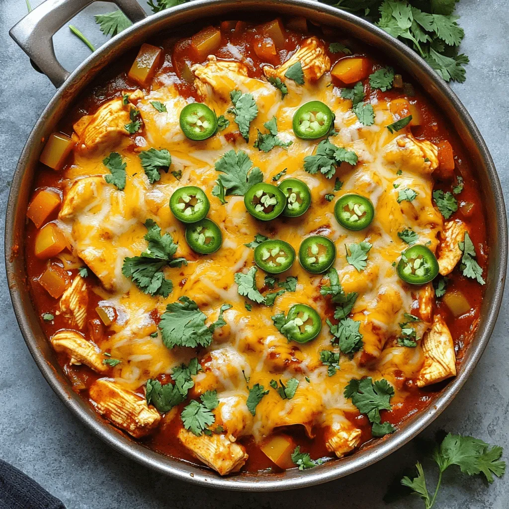To make a Chicken Enchilada Skillet, you need: - 1 lb (450g) boneless, skinless chicken breasts, cut into bite-sized pieces - 1 tablespoon olive oil - 1 small onion, diced - 2 cloves garlic, minced - 1 bell pepper (red or green), diced - 1 can (15 oz) black beans, rinsed and drained - 1 can (10 oz) enchilada sauce - 1 cup corn (fresh or frozen) - 1 teaspoon ground cumin - 1 teaspoon chili powder - Salt and pepper to taste - 1 ½ cups shredded Mexican cheese blend - Fresh cilantro, chopped (for garnish) - Sliced jalapeños (optional, for garnish) If you have dietary needs, you can swap some ingredients: - Use turkey instead of chicken for a leaner option. - Try quinoa or lentils instead of black beans for a plant-based meal. - Use dairy-free cheese for a vegan option. - Fresh vegetables are great, but canned veggies can save time. To cook this dish, you’ll need: - A large skillet that can hold all the ingredients. - A sharp knife for chopping. - A cutting board for prep work. - A spatula for mixing. For the skillet, I recommend a non-stick or cast iron skillet. These help the food cook evenly and make cleanup easy. To make Chicken Enchilada Skillet, start by gathering your ingredients. You will need: - 1 lb boneless, skinless chicken breasts, cut into bite-sized pieces - 1 tablespoon olive oil - 1 small onion, diced - 2 cloves garlic, minced - 1 bell pepper, diced - 1 can black beans, rinsed and drained - 1 can enchilada sauce - 1 cup corn - 1 teaspoon ground cumin - 1 teaspoon chili powder - Salt and pepper to taste - 1 ½ cups shredded Mexican cheese blend - Fresh cilantro, chopped, for garnish - Sliced jalapeños, for garnish Before you start cooking, wash and chop all your veggies. This helps keep your kitchen organized. Use a sharp knife for quicker prep. You can also measure out your spices ahead of time. This saves time when you cook. Heat the olive oil in a large skillet over medium heat. Add the diced onion and bell pepper. Cook them until they soften, about 4-5 minutes. Stir in the minced garlic and cook for one more minute. This brings out the garlic's aroma. Next, add the chicken pieces to the skillet. Cook them until they turn golden brown, about 6-7 minutes. Season the chicken with cumin, chili powder, salt, and pepper. This adds depth to your dish. Once the chicken is cooked, mix in the black beans, corn, and enchilada sauce. Stir everything together well. Heat it until warm, about 2-3 minutes. Now for the best part—melt the cheese! Sprinkle the shredded cheese evenly over the top of your skillet. Cover the skillet with a lid. Let it cook for 2-3 minutes. This melts the cheese just right. Once the cheese is bubbly and gooey, remove the skillet from heat. Garnish with chopped cilantro and sliced jalapeños if you want some heat. The colors will make your dish pop! For the full recipe, check the details above. Enjoy your flavorful Chicken Enchilada Skillet! To ensure the chicken remains tender and juicy, don't overcook it. Cook the pieces until they are golden brown and no longer pink inside. Use a meat thermometer to check for doneness; it should reach 165°F. To prevent the dish from getting too watery, avoid adding extra liquid. Use just the right amount of enchilada sauce. You want the sauce to coat the chicken and veggies, not drown them. To maximize flavor, use fresh spices. Ground cumin and chili powder are key ingredients in this dish. Toasting them in the skillet for a minute brings out their best taste. Layer flavors by adding ingredients step by step. Start with onions and peppers, then add garlic, and finally the chicken. This builds a great base for your enchiladas. Serve the chicken enchilada skillet hot. It pairs well with sides like Mexican rice or a fresh salad. For portion sizes, serve about one and a half cups per person. This gives everyone a good amount without leftovers. Top with fresh cilantro and sliced jalapeños for a nice touch. For the full recipe, check out the detailed steps above. {{image_2}} You can easily switch things up based on your needs. For a vegetarian or vegan option, replace the chicken with mushrooms or sautéed zucchini. Use black beans or lentils for added protein. This keeps the dish full of flavor without meat. If you prefer different types of meat, ground turkey or beef works great. You can also use shredded rotisserie chicken for a quick fix. Each choice brings its own taste, making the meal fun and versatile. Want some extra kick? Add jalapeños or cayenne pepper to your skillet. For a sweeter touch, try adding corn or a splash of honey. These spices change the dish's vibe and make it exciting. You can also swap out the enchilada sauce. Try green sauce or salsa verde for a fresh twist. Experiment with different cheese types, like pepper jack or cheddar, to enhance flavor and meltiness. Plating can make a meal feel special. For a family-style look, serve the skillet right from the pan. This keeps it casual and fun. If you want to impress, plate individual portions. Use a scoop of the enchilada mix, top with cheese, and add fresh cilantro. You can garnish with avocado slices or lime wedges for color. Each method adds a personal touch to your meal. For the full recipe and more ideas, check out the [Full Recipe]. Storing leftovers correctly is key to keeping them fresh. Once your chicken enchilada skillet cools, place it in an airtight container. This helps seal in flavor and moisture. The dish will last up to three to four days in the fridge. Always check for any changes in smell or color before eating leftovers. To freeze the chicken enchilada skillet, let it cool completely first. Then, transfer it to a freezer-safe container. Make sure to leave some space at the top for expansion. Seal it well to prevent freezer burn. It can stay fresh for up to three months in the freezer. When you’re ready to eat, thaw it overnight in the fridge. Reheat in a skillet over medium heat. Stir occasionally until heated through, about 10-15 minutes. Planning ahead is smart for busy weeknights. You can chop vegetables and cook the chicken in advance. Store these in the fridge for easy access. Another great tip is to batch cook. Make multiple servings of the chicken enchilada skillet and freeze them. This way, you have quick meals ready to go any night. To make your Chicken Enchilada Skillet spicier, you have a few options: - Use extra chili powder. - Add diced jalapeños or serrano peppers. - Include a dash of hot sauce. - Try spicier enchilada sauce. Start with small amounts, then taste as you go. This way, you control the heat. Yes, you can use frozen chicken. - Simply thaw it first in the fridge overnight. - If you're in a rush, you can cook the chicken from frozen. Just add a few extra minutes to your cooking time. Cut the chicken into pieces for even cooking. Pair your Chicken Enchilada Skillet with some tasty sides: - Rice or quinoa for a filling meal. - A fresh salad with lime dressing. - Tortilla chips with salsa for crunch. - Guacamole adds a creamy touch. These sides complement the flavors well. To reheat leftovers, follow these tips: - Use the microwave for quick reheating. - Cover the dish to keep the moisture in. - Heat in short bursts, stirring in between. For the stovetop, use medium heat in a skillet. Add a splash of water to keep it moist. This preserves the flavor and texture. In this article, we explored how to make a delicious chicken enchilada skillet. You learned about the key ingredients you need, along with handy substitutions for dietary needs. We covered step-by-step instructions for prepping and cooking, along with cooking tips to keep your chicken tender. We also discussed flavor and presentation variations, plus smart storage methods. Now, you can enjoy creating your unique twist on this dish. Remember, cooking is about having fun and sharing good food with others.
