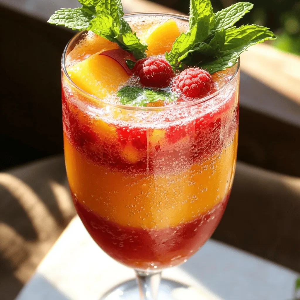 - Fresh Peaches - Raspberries - Sweetener Options - Sparkling Water or Club Soda - Lime Juice - Garnishes To create a Peach Raspberry Bellini Mocktail, you need fresh peaches and ripe raspberries. These fruits give the drink its sweet and tangy flavor. Choose peaches that are soft but not mushy. Look for raspberries that are plump and vibrant. You can use honey or agave syrup to sweeten your drink. Adjust the amount based on your taste. For a fizzy touch, use sparkling water or club soda. Lime juice adds a pleasant tartness, balancing the sweetness. Don't forget your garnishes! Fresh mint leaves look great and smell amazing. - Blender - Fine-Mesh Sieve - Pitcher or Bowl - Serving Glasses You will need a blender to mix your fruits until smooth. A fine-mesh sieve helps strain out the pulp, giving you a nice juice. Use a pitcher or bowl to hold the juice mixture. Finally, grab your favorite serving glasses to show off this delightful drink. For the full recipe, check out the complete guide. Enjoy making this refreshing mocktail! How to Blend the Fruit First, take the ripe peaches and peel them. Dice them into small pieces. Next, add the diced peaches and fresh raspberries to your blender. Also, include the honey or agave syrup and the juice of one lime. Blend the mixture until it is smooth. This step brings all the flavors together. Straining the Mixture After blending, it’s time to strain the mixture. Use a fine-mesh sieve and place it over a bowl or pitcher. Pour the blended fruit mix into the sieve. This step removes any pulp, ensuring a smooth juice. You want a nice, clear liquid for your mocktail. Filling the Glasses Now, grab your serving glasses. Fill each glass halfway with the peach-raspberry juice you just made. This juice is where the magic starts. Adding Sparkling Water Next, top each glass with sparkling water or club soda. This adds fizz and makes your drink refreshing. Stir gently to combine the juice and soda. Be careful not to lose all the bubbles. Mint Leaves Placement To make your mocktail look pretty, add fresh mint leaves. Place a few leaves on top of each drink. This adds a nice pop of green and a lovely scent. Optional Garnish Ideas If you want to get creative, consider adding slices of peach or a few whole raspberries on top. These not only look great but also give hints of the flavors inside the drink. You can find the full recipe above for more details. Choosing ripe peaches is key for a great taste. Look for peaches that feel soft and smell sweet. This means they are juicy and ready. For the best flavor, use fresh raspberries. These berries add a nice tartness. If you want a sweeter drink, adjust the honey or agave syrup. Start with one tablespoon, then taste. Add more if you like it sweeter. You can prep the peach and raspberry mixture ahead of time. Blend the fruits and store the juice in the fridge. This way, you can serve it quickly. If you have leftover juice, keep it in a sealed container. It can stay fresh for about three days in the fridge. For a lovely presentation, serve the mocktail in clear glasses. This lets the vibrant colors shine. You can also rim the glasses with sugar for a fun touch. Don’t forget to garnish with mint leaves. They add a nice pop of color and smell great. For a twist, try adding a slice of peach on the rim. Enjoy this Peach Raspberry Bellini Mocktail! For the full recipe, refer to the section above. {{image_2}} You can switch up the berries in your Peach Raspberry Bellini Mocktail. Try using strawberries or blueberries for a new twist. Each berry brings its unique flavor. You can also mix in blackberries for a deeper taste. When it comes to sweeteners, you have options. Honey adds a floral note, while agave syrup gives a cleaner sweetness. Adjust based on your taste. Both work well in the recipe. Want to brighten your drink? Incorporate citrus flavors like lemon or orange juice. This change adds zing and freshness. You can also use zest from these fruits for extra flavor. For holidays, adapt the mocktail to fit the season. Add a splash of cranberry juice for a festive touch during winter. You can also use seasonal fruits like pomegranate for a colorful look. If you want to make a Peach Raspberry Bellini Cocktail, add a splash of prosecco or champagne. Pour the alcohol gently to keep the bubbles intact. This change elevates the drink for special occasions. Enjoy your peach raspberry delight! For the complete recipe, check out the [Full Recipe]. To keep your peach raspberry juice fresh, store it in the fridge. Use an airtight container for best results. This helps to lock in the flavor and aroma. You can enjoy the juice for up to three days. After that, it may lose some taste. Always check for any off smell or changes in color before using. If you want to save some juice, freezing is a great choice. Pour the juice into ice cube trays or freezer bags. This way, you can use it later for smoothies or another mocktail. Be sure to leave some space in the containers. This space helps the juice expand as it freezes. When you're ready to use the frozen juice, take it out and let it thaw. You can leave it in the fridge overnight or set it on the counter for a few hours. After thawing, stir it well before serving. This ensures a nice, smooth drink. You can also mix it with fresh sparkling water for that fizzy delight. Enjoy the taste of summer any time! Yes, this mocktail is great for kids. It has no alcohol, making it safe for all ages. You can serve it at parties or family gatherings. Kids love the sweet taste of peaches and raspberries. You can also let them help make it. They'll enjoy blending and pouring the drinks. This can be a fun kitchen activity. You can even encourage creativity with garnishes. Yes, you can use frozen fruit. Frozen fruit can make this drink easy year-round. It’s often picked at peak ripeness, so it tastes great. However, be mindful of a few things: - Pros: - Frozen fruit is convenient and reduces prep time. - It can be more affordable, especially out of season. - Cons: - Frozen fruit may result in a thicker texture. - It might make the drink slightly less fresh in flavor. You can thaw frozen fruit before blending for better results. Each serving has about 80 to 100 calories. This can vary based on the sweetener you use. Here’s a quick breakdown: - Peaches: 60 calories per medium fruit - Raspberries: 65 calories per cup - Honey or agave: 60 calories per tablespoon - Sparkling water: 0 calories This makes the mocktail a light, refreshing option. It’s perfect for those watching their calorie intake. To make this mocktail less sweet, you can adjust the sweetener. Try these tips: - Use less honey or agave: Start with half a tablespoon and taste. - Add more lime juice: This adds tartness and balances sweetness. - Incorporate more sparkling water: Diluting the juice can reduce sweetness. Feel free to experiment to find your perfect taste. You want it refreshing, not overly sweet. This blog post covered how to craft a refreshing peach raspberry mocktail. We explored its main ingredients, like fresh peaches and raspberries, and discussed the kitchen tools you need. I provided step-by-step instructions for blending and serving, plus tips for achieving the best flavor. In summary, this mocktail is perfect for all ages and occasions. Feel free to customize it with different berries or sweeteners. Get creative with garnishes for a beautiful presentation. Enjoy this drink and impress your family and friends!