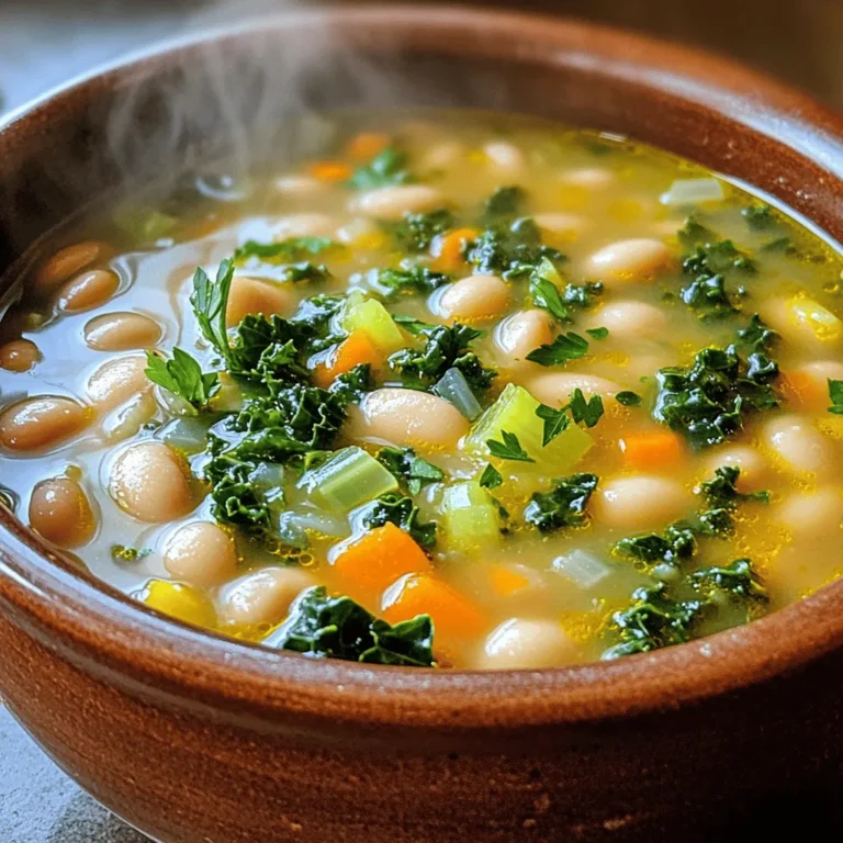 For a tasty Tuscan White Bean Soup, you need a few key items. Here’s what you will use: - 1 tablespoon olive oil - 1 medium onion, diced - 2 cloves garlic, minced - 1 carrot, diced - 1 celery stalk, diced - 2 cups vegetable broth - 2 cans (15 oz each) white beans (cannellini or great northern), rinsed and drained - 1 cup chopped kale or Swiss chard These ingredients create a hearty base. The white beans add protein and fiber. The broth brings depth and warmth. Each vegetable adds its own unique flavor. To boost the taste, use these herbs and seasonings: - 1 teaspoon dried thyme - 1 teaspoon dried rosemary - Salt and pepper to taste - 1 tablespoon lemon juice The thyme and rosemary add richness to the soup. Lemon juice brightens the flavors and adds a bit of zing. Don’t skip the salt and pepper; they pull the whole dish together. For a lovely finish, consider these garnishes: - Fresh parsley, chopped Adding chopped parsley gives a fresh touch. It looks nice and adds a bit more flavor. You can also add a drizzle of olive oil on top for extra richness. For the complete recipe, check the Full Recipe section. Enjoy making this warm and cozy dish! Start by gathering your ingredients for Tuscan white bean soup. You will need: - 1 tablespoon olive oil - 1 medium onion, diced - 2 cloves garlic, minced - 1 carrot, diced - 1 celery stalk, diced - 2 cups vegetable broth - 2 cans (15 oz each) white beans (cannellini or great northern), rinsed and drained - 1 cup chopped kale or Swiss chard - 1 teaspoon dried thyme - 1 teaspoon dried rosemary - Salt and pepper to taste - 1 tablespoon lemon juice - Fresh parsley, chopped for garnish Next, prepare your veggies. Dice the onion, carrot, and celery. Mince the garlic. Rinse and drain the beans. Chop the kale or Swiss chard. This makes cooking easier. Now, let’s cook! Heat the olive oil in a large pot over medium heat. Once hot, add the diced onion. Sauté for about 5 minutes until it turns soft and clear. Then add the minced garlic, diced carrot, and diced celery. Cook these for another 5 minutes until they soften. Pour in the vegetable broth. Bring the soup to a boil. This step adds richness to the flavor. When boiling, reduce the heat to low. Add in the white beans, thyme, and rosemary. Let it simmer for about 15 minutes. This helps the flavors come together. Next, stir in the chopped kale or Swiss chard. Allow it to cook for an additional 5 minutes. The greens should wilt nicely. Once your soup is ready, season it with salt, pepper, and lemon juice to taste. The lemon juice brightens the dish. Now, it’s time to serve! Ladle the soup into bowls and garnish with fresh parsley. This adds a lovely pop of color. Enjoy your hearty and simple Tuscan white bean soup! For the full recipe, check the beginning section. For the best texture, use canned white beans. They are soft and creamy. Rinse and drain them well to remove excess salt. This adds a fresh taste. Sauté your veggies until they are soft, but not mushy. This keeps them firm and flavorful. Use fresh herbs when possible. They add depth to the soup. A splash of lemon juice at the end brightens all the flavors. One mistake is not seasoning enough. Taste your soup as it cooks. Add salt and pepper slowly. Too much can ruin the dish. Another error is overcooking the greens. Add them last, and cook just until wilted. This keeps their color and nutrients. Don't skip the lemon juice. It balances the richness of the beans. Make a big batch of soup. It stores well in the fridge for up to five days. Cool it completely before sealing in a container. This helps prevent bacteria growth. You can also freeze it for up to three months. Portion it out for easy meals later. When reheating, add a splash of broth to keep it moist. You can find the Full Recipe for more details on making this soup. {{image_2}} You can easily make this soup vegetarian or vegan. The base of the soup is already vegetarian. To make it vegan, just use vegetable broth. Avoid adding any cheese or cream. This keeps the soup light and plant-based. Feel free to swap ingredients based on what you have. For instance, you can use spinach instead of kale. If you want more protein, add in some diced tofu. You can also switch out the white beans for chickpeas. This change gives the soup a different taste and texture. Want to add a kick? You can make the soup spicy. Just add a pinch of red pepper flakes while cooking. If you prefer a creamy texture, blend half the soup. Then stir it back in for a smooth finish. You can also experiment with herbs like basil or oregano. These can change the flavor profile and give you new tastes to enjoy. For the full recipe, check out the detailed steps above! Store your leftover Tuscan white bean soup in an airtight container. It stays fresh in the fridge for about 3 to 5 days. Make sure the soup cools down before you seal it. This way, it won’t trap steam and cause sogginess. If you want to enjoy it later, the fridge is a great choice. To freeze your soup, use freezer-safe containers. Leave some space at the top. This allows the soup to expand as it freezes. You can keep it frozen for up to 3 months. When you’re ready to eat, just thaw it in the fridge overnight before reheating. Reheat the soup on the stove over medium heat. Stir it often to ensure it warms evenly. If it seems too thick, add a splash of water or broth. You can also microwave it in a bowl. Cover it with a lid or microwave-safe wrap to avoid splatters. For best flavor, make sure it’s hot all the way through. Enjoy your tasty soup again! For the full recipe, check out the earlier sections. The best beans for Tuscan soup are cannellini and great northern beans. They have a creamy texture and mild flavor. Both types hold up well in soup. You can find them in most grocery stores. Rinse and drain them before adding to your soup. This step helps remove extra salt and starch. Yes, you can use fresh herbs instead of dried ones. Fresh herbs give a brighter taste. For this soup, use about three times more fresh herbs. For example, if the recipe calls for one teaspoon of dried thyme, use three teaspoons of fresh thyme. Chop them finely to release their flavor. To make this soup gluten-free, ensure your broth is gluten-free. Many vegetable broths are gluten-free, but check the label. All the other ingredients in the recipe are naturally gluten-free. So, you can enjoy this soup without worry. You can serve Tuscan White Bean Soup with crusty bread. A simple salad can also be a great side. For a heartier meal, add some grilled chicken or sausage. Pairing it with a light wine can enhance the flavors too. Enjoy your meal with family and friends! Tuscan White Bean Soup is simple and full of flavor. We covered the key ingredients and how they come together. You learned about cooking steps and tips to get the best taste. Don’t forget the variations you can try and how to store your soup. With these insights, you can enjoy this dish any time. Experiment and find your favorite way to make it special. Enjoy your delicious creation!