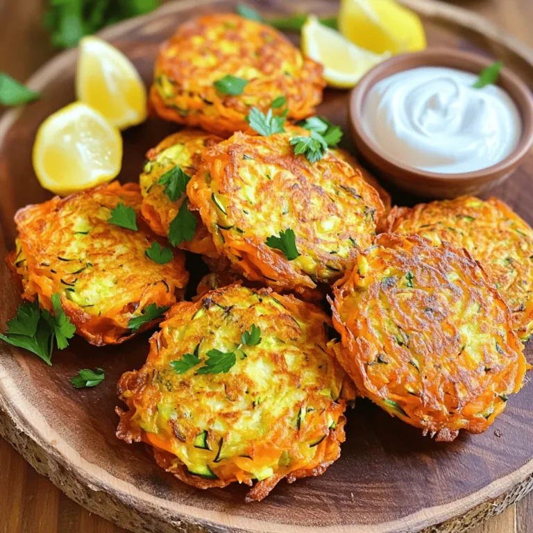 To make these tasty carrot zucchini fritters, gather the following ingredients: - 1 medium zucchini, grated - 1 large carrot, grated - 1/2 cup all-purpose flour - 1/4 cup cornmeal - 1/4 cup grated Parmesan cheese (or nutritional yeast for a vegan option) - 1 large egg (or flax egg for vegan option) - 1 teaspoon garlic powder - 1 teaspoon onion powder - 1/2 teaspoon paprika - Salt and pepper to taste - 2 tablespoons fresh parsley, chopped (optional) - Olive oil for frying Choose firm, shiny zucchini and bright orange carrots. Look for ones that feel heavy for their size. Fresh zucchini should not have soft spots or blemishes. Carrots should be crisp and firm. If you can, buy organic for better taste. You can easily adapt this recipe to fit your needs. For gluten-free, use a gluten-free flour blend instead of all-purpose flour. If you're vegan, swap the egg for a flax egg. Just mix one tablespoon of flaxseed meal with three tablespoons of water and let it sit for five minutes. For a dairy-free option, use nutritional yeast in place of Parmesan cheese. These swaps still keep the fritters delicious! For the full recipe, check out the complete instructions to make these delightful fritters. First, grab a box grater. Grate the zucchini and carrot into a bowl. This makes them easier to mix. Next, take a clean kitchen towel and place the grated veggies inside. Squeeze them tightly to remove excess moisture. This step is key for crispy fritters. If the mixture is too wet, your fritters will be soggy. In a large mixing bowl, combine the grated zucchini and carrot. Add the flour, cornmeal, and Parmesan cheese. If you prefer a vegan option, use nutritional yeast instead. Stir to blend all the dry ingredients well. In another bowl, whisk the egg or flax egg until it’s smooth. Add this to your veggie mix and stir until it’s evenly coated. Now, season with garlic powder, onion powder, paprika, salt, and pepper. If you love fresh herbs, fold in the chopped parsley for extra flavor. Heat a large skillet over medium heat and add olive oil. Once the oil is hot, drop spoonfuls of the fritter mix into the skillet. Use the back of a spoon to flatten them slightly. Cook for about 4-5 minutes on each side until they turn golden brown. Keep an eye on the heat; adjust if needed to avoid burning. You may need to add more oil for cooking in batches. After cooking, place the fritters on a paper towel-lined plate to absorb extra oil. The key is to serve them warm for the best taste. Enjoy your delicious carrot zucchini fritters! For the full recipe, check the earlier section. To make crispy fritters, you must remove excess moisture. Grated zucchini and carrot hold water. After grating, use a clean kitchen towel. Squeeze out the water gently. This step helps keep your fritters from becoming soggy. Moisture leads to steam, not crunch. Follow this step for the best texture. Choosing the right oil is key. Olive oil works well for frying. It adds a nice flavor to the fritters. You can also use avocado oil. It has a high smoke point and is healthy too. Avoid oils with low smoke points, as they can burn. This can ruin your fritters. You can make fritters ahead and save time. Prepare the mixture a day before. Store it in the fridge. When you’re ready to cook, stir it well. If you see extra water, squeeze it out again. You can also cook the fritters, then store them. Let them cool, then keep them in an airtight container. This way, you can enjoy them later. For the full recipe, check the section above. {{image_2}} You can easily change the taste of your fritters. Try adding vegetables like bell peppers, corn, or sweet potatoes. Grate them just like the zucchini and carrot. Each vegetable brings its unique flavor. Mix and match based on what you like or have on hand. This way, you can make these fritters fun and different every time. You can make these fritters vegan and gluten-free. Instead of the egg, use a flax egg. Combine one tablespoon of ground flaxseed with three tablespoons of water. Let it sit for a few minutes to thicken. For gluten-free, swap regular flour with almond flour or chickpea flour. These changes keep the fritters tasty and light, while fitting your diet. Enhance the flavor with herbs and spices. Fresh herbs like basil or cilantro work wonders. Add a dash of cumin or chili powder for a spicy kick. You can also mix in lemon zest for brightness. Experiment with what you have at home. These little changes can turn a simple dish into something special. For the full recipe, check out the details above. To keep your leftover fritters fresh, let them cool completely. Once cool, place them in an airtight container. You can store them in the fridge for up to three days. If you want to keep them longer, freezing is a great option. When it’s time to enjoy your fritters again, the goal is to keep them crispy. Preheat your oven to 375°F (190°C). Place the fritters on a baking sheet lined with parchment paper. Heat them for about 10-15 minutes, flipping halfway through. This method helps regain their crunch. To freeze your fritters, arrange them in a single layer on a baking sheet. Place the sheet in the freezer until they are solid. Once frozen, transfer the fritters to a freezer bag. Make sure to label the bag with the date. They can last up to three months in the freezer. When ready to eat, you can reheat them directly from frozen using the oven method mentioned above. Enjoy your tasty treats anytime! Yes, you can bake Carrot Zucchini Fritters. Baking makes them a bit lighter. Preheat your oven to 400°F (200°C). Place the fritters on a baking sheet lined with parchment paper. Brush them lightly with olive oil. Bake for about 20 minutes, flipping them halfway through. They should be golden and crisp on both sides. I love serving these fritters with a dollop of yogurt sauce or tzatziki. These dips add a cool flavor that pairs well. You can also serve them with a fresh salad or roasted veggies. A squeeze of lemon brightens the dish too. If you want a heartier meal, serve them with quinoa or rice. Your fritters are done when they are golden brown and crisp. Cook them for about 4-5 minutes on each side. Use a spatula to gently lift one and check the color. If it’s brown, they’re ready! You can also check the center. It should be hot and cooked through. Enjoy your crispy treats! In this blog post, we covered how to make tasty carrot zucchini fritters. We looked at what ingredients you need and how to pick fresh veggies. I shared ways to substitute for diets and provided clear steps for making the fritters. You learned tips to keep them crispy and which oils work best. I also explained how to store and reheat leftovers. Feel free to mix it up with different vegetables and flavors. Enjoy your cooking adventure. These fritters are easy and fun for everyone!