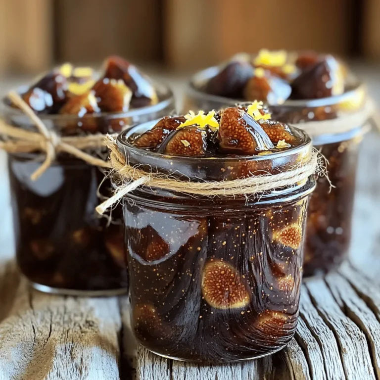 - 2 pounds fresh figs, stems removed and quartered - 1 cup granulated sugar - 1/4 cup lemon juice (freshly squeezed) - 1 tablespoon lemon zest - 1/2 teaspoon ground cinnamon - A pinch of salt Fresh figs are sweet and rich in fiber. They add a unique taste to the jam. These fruits are also packed with vitamins and minerals. This makes them a healthy choice for any recipe. Lemon juice and zest are key in this recipe. The juice adds acidity and helps balance the sweetness. The zest gives a bright, fresh flavor that enhances the figs. Together, they create a well-rounded taste. If you want to use a different sweetener, try honey or maple syrup. These options add unique flavors and still work well. You can also use dried figs instead of fresh ones. If you go this route, soak the dried figs in water. This makes them soft and easier to cook. Adjust the sugar since dried figs are sweeter. Start by preparing your figs. Take 2 pounds of fresh figs, remove the stems, and quarter them. Place the figs in a large saucepan. Then, add 1 cup of granulated sugar. Stir gently to coat the figs in sugar. This step helps the figs release their juices. Let the mixture sit for 30 minutes. Allowing the figs to sit is key. It makes the jam sweeter and richer. The sugar draws out the moisture, turning the figs soft and syrupy. After 30 minutes, add 1/4 cup of freshly squeezed lemon juice, 1 tablespoon of lemon zest, 1/2 teaspoon of ground cinnamon, and a pinch of salt. Stir until well mixed. Next, place the saucepan over medium heat. Bring the mixture to a gentle boil while stirring often. Once it begins to boil, reduce the heat to low. Let the mixture simmer for about 45 minutes. Stir occasionally and mash the figs with a potato masher or spoon. This helps reach your desired texture. When the jam has thickened, remove the saucepan from heat. If you like a smoother jam, use an immersion blender to blend it to your liking. Pour the hot jam into sterilized jars while it is still warm. Seal with lids and let them cool completely at room temperature. This method prevents spoilage and keeps the jam fresh. For more details, see the Full Recipe. How do I decide on jam thickness? The thickness of your jam depends on personal taste. If you like it spreadable, cook it less. For a thicker jam, simmer longer. Use a spoon to check. If it coats the back, it’s ready! How do I use a potato masher effectively? A potato masher helps break down the figs easily. As you simmer, mash gently to create a mix of textures. You want some small chunks for a rustic feel. This step adds character to your jam. What spices or fruits can I add? Adding spices can elevate your fig jam. Try adding nutmeg or ginger for warmth. You can also mix in other fruits like apples or pears. They add depth and make your jam unique. How can I experiment with herbs? Fresh herbs can add a fun twist. Try adding a little rosemary or thyme. Just a pinch will do. These herbs pair well with figs and create a fresh flavor. What are some serving suggestions for cheese boards? Serve your fig jam in small jars on a cheese board. Pair it with soft cheeses like brie or goat cheese. Add nuts and crackers for a lovely spread. It makes for a beautiful and tasty display. What are some creative gifting ideas in jars? For gifts, tie small jars with twine. Add a label with the date and flavor. This adds a personal touch. People love homemade gifts, especially tasty ones like fig jam! {{image_2}} You can add warmth to your fig jam by using spices. Nutmeg or cardamom pairs well with figs. Just a pinch can change the flavor. Start with 1/4 teaspoon and adjust to taste. These spices will give your jam a cozy feel. Perfect for fall or winter! Adding citrus will brighten your fig jam. Use fresh orange or lime juice and zest. This adds a lively zing to the sweet figs. Start with 1/4 cup of juice and the zest from one fruit. The citrus cuts the sweetness and adds depth. It’s a refreshing twist! You can blend figs with other seasonal fruits for fun flavors. Try peaches, apples, or even berries. Each fruit will add its own taste and texture. Mix about 1 cup of chopped fruit with your figs. This variation makes your jam unique every time. It’s a great way to use up ripe fruit! To keep your fig jam fresh, start with clean jars. Sterilizing jars is key. Boil them for 10 minutes, or run them through a hot dishwasher cycle. This step helps kill any germs. Once your jam is ready, pour it into the warm jars. Seal them tightly with lids. You can store sealed jars in the pantry for a short time. But once opened, keep your jam in the fridge. This way, it stays fresh longer. How long can you enjoy homemade fig jam? If stored in the pantry, use it within a month. But if you keep it in the fridge, it can last for up to six months. Watch for signs of spoilage. If you see mold or the jam smells off, throw it away. Always trust your nose and eyes. Want to save fig jam for later? Freezing is a great option. Use freezer-safe jars or bags. Leave some space at the top to allow for expansion. To thaw frozen jam, put it in the fridge overnight. You can also use a microwave for quick thawing. Once thawed, stir well before using. Enjoy your fig jam on toast, in recipes, or as a sweet treat! Homemade fig jam lasts about one year in the fridge if stored correctly. To keep it fresh, use sterilized jars. Make sure the jam is sealed tightly. If you see any mold or off smells, throw it away. Yes, you can make fig jam without sugar. You can use honey or maple syrup instead. These options will change the flavor a bit. The jam may also be less thick. You might need to cook it longer to reach the right texture. Fig jam is super versatile! You can spread it on toast or serve it with cheese. It adds a sweet touch to meats like pork or chicken. You can even use fig jam in desserts like tarts or cakes. Get creative and enjoy the delicious flavor of your homemade jam! For the full recipe, check out the Sweet Bliss Fig Jam section. In this blog post, I covered how to make delicious fig jam. We explored the key ingredients, including fresh figs and lemon juice. I shared step-by-step instructions to guide you from prep to finish. I offered tips for a perfect texture and creative ways to enjoy your jam. Remember, practice helps you create your ideal flavors. Use these ideas to impress your friends and family with your new skill. Happy jam-making!
