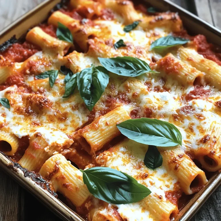 To make my zesty baked ziti, you will need: - 12 oz ziti pasta - 2 cups marinara sauce (homemade or store-bought) - 1 cup ricotta cheese - 1 cup mozzarella cheese, shredded - 1/2 cup grated Parmesan cheese - 1 large egg - 2 cloves garlic, minced - 1 teaspoon dried Italian herbs (oregano, basil, thyme) - Salt and pepper to taste - Fresh basil leaves for garnish I love using brands that offer rich flavor. For marinara, try Rao's or Prego. They both give a nice, hearty taste. For cheese, I recommend Galbani for ricotta and Polly-O for mozzarella. These brands melt well and add creaminess to your dish. You can mix it up if you lack some items. Here are some swaps: - Use penne pasta instead of ziti. - Try cottage cheese if you don't have ricotta. - For a dairy-free option, use vegan cheese. - Add fresh spinach or mushrooms for a veggie boost. These simple swaps let you customize your baked ziti while keeping it tasty. For the full recipe, check the previous section. First, bring a large pot of salted water to a boil. Once boiling, add the ziti pasta. Cook it according to the package instructions. You want the pasta to be al dente, which means it should still have a little bite. This usually takes about 8-10 minutes. After cooking, drain the pasta in a colander and set it aside to cool slightly. Now, grab a mixing bowl. In this bowl, combine the ricotta cheese, one large egg, and minced garlic. Add the dried Italian herbs, salt, and pepper. Mix everything together until it becomes smooth. This mixture adds creaminess and flavor to your baked ziti. Make sure all the ingredients are well blended for the best taste. Take a large mixing bowl and combine the cooked ziti with the marinara sauce and half of the shredded mozzarella cheese. Stir well to coat all the pasta with the sauce. Next, grab a baking dish. Layer half of the ziti mixture in the dish. Spread the ricotta mixture evenly on top. Then, add the remaining ziti mixture on top of the ricotta layer. Finally, sprinkle the rest of the mozzarella cheese and the grated Parmesan cheese on top. Cover the dish with aluminum foil and bake it in the preheated oven at 375°F (190°C) for 20 minutes. After that, remove the foil and bake for an additional 10-15 minutes. The cheese should become bubbly and golden brown. Let it cool for a few minutes before serving. Enjoy your meal! You can find the Full Recipe for more details and tips. To get the best texture, cook your ziti pasta al dente. This means it should be firm but not hard. Drain it right away to stop cooking. Mixing it with sauce helps keep it moist. If you overcook the pasta, it can turn mushy. Adding fresh herbs makes a big difference. Try using fresh basil or parsley in your ricotta mix. A splash of lemon juice can brighten the dish. You can also mix in some sautéed mushrooms or spinach for added flavor. These simple changes create a richer taste. One common mistake is using too much ricotta. This can make the dish heavy. Always measure well and mix it smoothly. Also, don’t skip the foil when baking. Covering it helps keep moisture in. Finally, let it cool for a few minutes before serving. This allows the flavors to settle and makes it easier to serve. For the full recipe, check out the details above. {{image_2}} You can make your baked ziti even better by adding vegetables. Spinach, zucchini, or bell peppers work well. Just chop them up and mix them in with the ziti. This adds color and nutrition to your meal. You can use fresh or frozen veggies. If you use frozen, make sure to thaw them first. This way, they won't make your dish watery. For a heartier meal, you can add ground beef or sausage. Brown the meat in a pan before mixing it with the ziti. This gives the dish extra flavor and protein. You can choose beef, turkey, or even chicken sausage. It’s a great way to make the dish more filling. Just remember to drain any excess fat from the meat before adding it to the pasta. If you like spice, try adding red pepper flakes. Just a pinch can bring a nice kick to the dish. Mix them into the marinara sauce or sprinkle them on top before serving. Adjust the amount to your taste. This simple change can make your baked ziti exciting and bold. Each bite will surprise your taste buds! Feel free to explore these variations with the full recipe to create your perfect ziti. To keep leftover baked ziti fresh, place it in an airtight container. Make sure it cools first. You can also cover it with plastic wrap or foil. Store it in the fridge for up to three days. Enjoy it warm for a quick meal! When you reheat baked ziti, use the oven for best results. Preheat it to 350°F (175°C). Place the ziti in an oven-safe dish. Add a splash of marinara sauce to keep it moist. Cover with foil to prevent drying. Heat for about 20 minutes or until warm. You can freeze baked ziti for later meals. First, let it cool completely. Then, wrap it tightly in plastic wrap and foil. Alternatively, use a freezer-safe container. It can last for up to three months in the freezer. When you are ready, thaw it in the fridge overnight before reheating. For a quick meal, check out the Full Recipe to guide you! Yes, you can make Baked Ziti ahead of time. Prepare it up to the baking step. Cover the dish and store it in the fridge. You can bake it the next day. Just add extra time to bake if it’s cold. This makes meal prep easy for busy days. If your Baked Ziti comes out dry, there are simple fixes. First, add more sauce. Marinara sauce can help add moisture. You can also drizzle some olive oil on top. Another idea is to cover it with foil while reheating. This keeps the steam in and helps it stay moist. Baked Ziti pairs well with many sides. A fresh green salad adds crunch. You can use a classic Caesar salad or a simple mixed greens salad. Garlic bread is also great for scooping up that cheesy goodness. For a light touch, serve with steamed vegetables. These sides make your meal balanced and tasty. For the Full Recipe, check the details provided above. You learned how to make baked ziti with ricotta, including ingredient choices and steps. We discussed brands to trust and substitutions to try. I shared tips for great texture and flavor, plus common mistakes to avoid. Variations can make your dish unique, whether you like veggies or meat. Proper storage keeps leftovers tasty. Now you can confidently prepare and enjoy baked ziti. It's a fun dish that will satisfy everyone at your table. Enjoy your cooking journey!