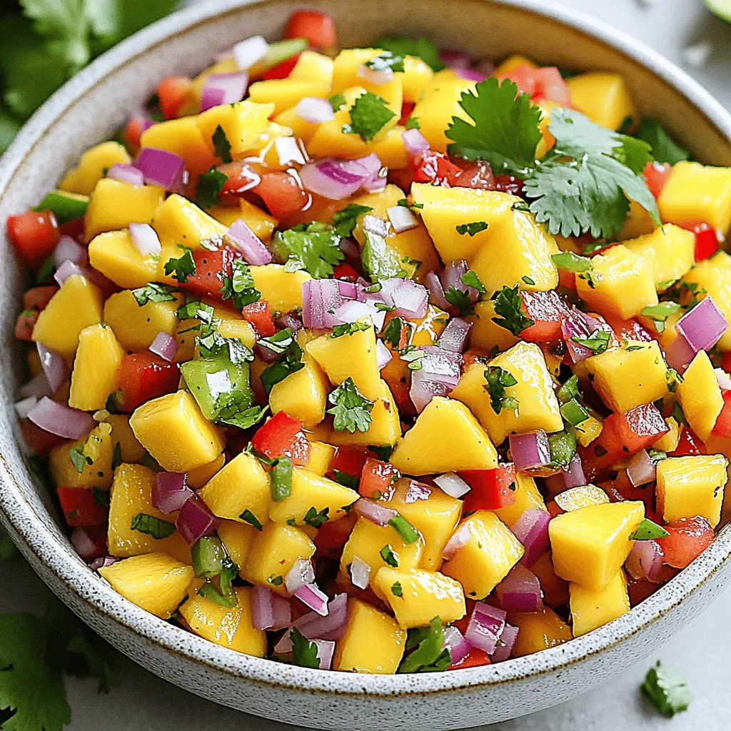 - Ripe mangoes - Red onion - Red bell pepper - Jalapeño - Fresh cilantro - Limes - Honey (optional) - Salt and pepper To make mango salsa, you need fresh ingredients. Ripe mangoes give the best flavor. Look for mangoes that yield slightly when pressed. Red onion adds a nice crunch and a bit of sharpness. Use a small one, finely chopped. The red bell pepper adds sweetness and color. Dice it small for even bites. For heat, add a jalapeño. Be sure to remove the seeds if you want less spice. Fresh cilantro brings a bright flavor. Use about a quarter cup, chopped. You’ll also need limes for juice. Their acidity balances the sweetness of the mangoes. Honey is optional but adds a nice touch of sweetness. Finally, season with salt and pepper to taste. - Diced mangoes - Finely chopped onion and pepper - Lime juice For this salsa, use two ripe mangoes, diced. This should amount to about two cups. For the onion and bell pepper, aim for one small red onion and one red bell pepper, both finely chopped. You’ll need juice from two limes. This keeps the salsa fresh and zesty. - Calories per serving - Fiber and sugar content - Vitamins and minerals Each serving of mango salsa has about 70 calories. It is low in fat but high in fiber. The mangoes provide natural sugars, around 14 grams per serving. This salsa is rich in vitamins A and C. Mangoes are also a good source of potassium. Eating this salsa adds nutrition to your meal while being tasty and fresh. For the full recipe, check out the section above. Enjoy making this vibrant dip! First, grab a large mixing bowl. Combine your diced mangoes, red onion, red bell pepper, and jalapeño in it. Make sure each piece is cut small. This helps with the salsa's texture. Next, add fresh cilantro and squeeze in the juice of two limes. If you want a hint of sweetness, drizzle in one tablespoon of honey. Finally, season it with salt and pepper to taste. Mixing well is key here. Once everything is in the bowl, gently toss the ingredients together. Let the salsa sit for at least 15 minutes to let the flavors meld. When mixing, be gentle. You want to keep the mango chunks intact. Use a spatula or a wooden spoon. This keeps the salsa fresh and colorful. Toss slowly to ensure all ingredients mix well. You want an even distribution of flavors in every bite. Letting the salsa sit is very important. This time allows the flavors to blend and deepen. Taste the salsa after it sits. You may want to adjust the seasoning. Add more salt, pepper, or honey if you like. This way, you can make the salsa just right for your taste. Enjoy this fresh mango salsa with tortilla chips or as a topping for grilled chicken and fish. For the full recipe, check the main section. To make great mango salsa, you need ripe mangoes. Look for skin that is slightly soft when pressed. A ripe mango also gives off a sweet smell near the stem. You can use several types of mangoes. The Tommy Atkins mango has a nice balance of sweetness and tartness. The Haden mango is juicy and flavorful. Both are perfect for salsa. Mango salsa shines when served with tortilla chips. The crunchy chips contrast with the sweet salsa. You can also use it as a topping for grilled meats like chicken or fish. It adds a fresh burst of flavor and color to tacos. Try it on fish tacos for a delightful twist. Presentation matters! Serve mango salsa in a colorful bowl. Garnish with fresh cilantro leaves on top for a bright touch. You can also pair it with other dishes. Try serving it alongside grilled shrimp or as a side with rice. The vibrant colors and fresh taste will impress your guests. {{image_2}} To make your mango salsa spicy, add more jalapeño or other chilies. You can choose serrano or habanero peppers for a bigger kick. Start with a small amount, then taste it as you go. This way, you can control the heat. Enjoy the burst of flavor and spice that adds excitement to your dish. Incorporate a tropical twist by adding pineapples or avocados. Diced pineapples bring extra sweetness and flavor. They balance the tartness of the lime. Avocados offer creaminess and richness. Simply mix these fruits into your salsa for a fun, new take. This variation is perfect for summer gatherings. For a sweet and tangy version, adjust the honey and lime ratios. Use more honey for a sweeter taste or add extra lime juice for tanginess. This balance creates a unique flavor profile. You can tailor it to your liking. Experiment with these adjustments to find your perfect mix. For the full recipe, check out the Mango Tango Salsa 🥭. To keep your mango salsa fresh, use airtight containers. Glass or plastic containers work well. I prefer glass because it does not retain odors. Store your salsa in the fridge right after making it. Avoid leaving it out for too long. Mango salsa lasts about 3 to 5 days in the fridge. If you notice any liquid pooling at the bottom, that’s a sign it’s starting to spoil. Also, look for changes in color or smell. If it smells off, toss it out. Yes, you can freeze mango salsa! However, the texture may change when thawed. If you want to freeze it, use freezer-safe bags. Make sure to remove as much air as possible. Label your bags with the date to keep track of freshness. To add spice to your mango salsa, use a jalapeño. Deseed and mince it for heat. You can also add more jalapeños for extra kick. If you want more choices, consider using serrano or habanero peppers. Always taste as you go. This way, you control the spice level and keep it perfect for you. Yes, you can use frozen mangoes in your salsa. They offer convenience and save prep time. Frozen mangoes can be just as sweet and flavorful. However, they may be a bit softer. This can change the salsa's texture. If you choose frozen, let them thaw before dicing. Drain any excess liquid to keep your salsa fresh. Mango salsa pairs well with many dishes. It’s great with tortilla chips for a tasty snack. You can also use it as a topping for grilled chicken or fish. Tacos and burritos love a scoop of mango salsa too! Try it on salads or rice bowls for a fresh twist. The vibrant taste brightens any meal. Feel free to explore the Full Recipe for a delightful treat! Mango salsa is fresh, easy to make, and packed with flavor. You learned about key ingredients, how to prepare and mix them, and tips for serving. Remember, using ripe mangoes makes a big difference. You can adjust flavors to suit your taste, whether you like it spicy or sweet. Store your salsa properly for the best taste. I hope you feel inspired to create your own mango salsa and enjoy it with your favorite dishes. Happy salsa making!