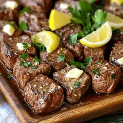 - 1 lb sirloin steak - Salt and black pepper - 4 tablespoons unsalted butter - 4 cloves garlic, minced - Fresh parsley - Fresh rosemary (or dried) - 1 teaspoon lemon juice - A pinch of red pepper flakes - Large skillet - Tongs - Serving platter To make Garlic Butter Steak Bites, you will need some key ingredients. First, choose a good cut of steak. I prefer sirloin because it's tender and full of flavor. You can also use ribeye or filet mignon if you want to be fancy. Next, season the steak with salt and black pepper. This simple step adds a lot of taste. You will also need unsalted butter and garlic. Garlic brings a rich, savory taste that pairs well with the steak. Mince the garlic into small pieces for the best flavor. You can add optional ingredients for extra flavor. Fresh parsley and rosemary give a nice herbal touch. Lemon juice adds brightness, while red pepper flakes bring heat. These are all great ways to customize your dish. For tools, a large skillet is a must. It helps cook the steak bites evenly. Use tongs to flip the steak without losing any juices. Lastly, have a serving platter ready to show off your yummy dish. This combination of ingredients and tools makes for a quick, easy, and flavorful meal. For the full recipe, check out the details above to start your cooking adventure! Seasoning the steak cubes First, take your sirloin steak and cut it into 1-inch cubes. This size helps them cook evenly. Next, season the steak cubes well with salt and black pepper. Make sure every piece is coated. This seasoning adds flavor and enhances the taste of the beef. Properly heating the pan Now, grab a large skillet and place it over medium-high heat. Add 2 tablespoons of unsalted butter and let it melt. You want the butter to sizzle, signaling that the pan is hot enough. A hot pan is key to getting a nice sear on the meat. Searing the steak bites Once the pan is ready, add the seasoned steak cubes. Make sure to place them in a single layer. Do not overcrowd the pan; this lets them sear nicely. Cook one side for 2-3 minutes until it turns golden brown. Then, flip the cubes and cook for another 2 minutes, or until they reach your desired doneness. Medium-rare is usually the best choice for steak bites. Adding garlic and herbs After searing, lower the heat to medium. It’s time to add flavor! Toss in minced garlic, chopped parsley, and fresh rosemary. Stir them around for 1-2 minutes. You want the garlic to become fragrant but not burnt, as burnt garlic can taste bitter. Incorporating butter and lemon Next, add the remaining 2 tablespoons of butter to the skillet. Squeeze in some lemon juice, and if you like spice, add a pinch of red pepper flakes. Toss the steak bites in this buttery mixture. Cook until the sauce is bubbling, which takes just a minute. Serving suggestions When ready, remove the skillet from heat. Let the steak bites sit for a minute to soak up the flavors. Serve them on a platter, garnished with more parsley and some lemon wedges. This adds color and a fresh touch. For gatherings, consider using toothpicks for easy serving. Enjoy your Garlic Butter Steak Bites! For the full recipe, refer to the earlier section. To get the best doneness, start with a hot pan. Heat your skillet until it shimmers. This helps create a nice sear on the steak. For medium-rare, cook the steak bites for 2-3 minutes on each side. Use a meat thermometer if you want precision; aim for 130°F. Do not overcrowd the pan. If you add too many steak bites, they will steam instead of sear. This will make them less tasty. Work in batches if needed. You want each piece to get that golden crust. To boost flavor, consider adding spices and herbs. Fresh thyme or oregano can add depth. You can mix and match to find your favorite. A pinch of red pepper flakes also brings a nice kick. Adjust the amount based on your heat preference. It can turn a good dish into a great one. For plating, arrange the steak bites on a wide platter. This gives them space and looks inviting. Add a sprinkle of parsley on top for a pop of color. Lemon wedges on the side also add brightness. They look great and give a fresh taste. You can even use toothpicks for easy serving at parties. This adds a fun touch for your guests. {{image_2}} You can switch the sirloin steak for chicken or pork. Both meats work well with garlic butter. For chicken, use chicken breast cut into small pieces. For pork, pork tenderloin is a great choice. These options will give you delicious bites with a different taste. If you prefer vegetarian options, try mushrooms or tofu. Use portobello mushrooms for a hearty bite. You can also cube firm tofu for a protein-rich dish. Both options soak up the garlic butter flavor nicely. Mix up the herbs for more flavor. Try basil, thyme, or even oregano. Each herb adds a unique taste to the dish. You can also use a blend of herbs for an exciting twist. Adding sauces or marinades before cooking can change the flavor too. Consider using soy sauce or teriyaki sauce. These sauces add depth and make the steak bites even more tasty. Pair garlic butter steak bites with sides like rice, mashed potatoes, or salads. These sides complement the rich flavors of the steak. They also help create a balanced meal. You can also transform the steak bites into a wrap or sandwich. Use a soft tortilla or crusty bread. Add your favorite toppings like lettuce, tomatoes, or cheese for a fun and easy meal. For the full recipe, check out [Full Recipe]. To store leftover garlic butter steak bites, let them cool down first. Place them in an airtight container. Make sure to seal it well to keep the moisture in. They will stay fresh in the fridge for up to three days. To keep them tasty, do not store them with sides, as they can absorb flavors. When you’re ready to enjoy your steak bites again, the best way to reheat them is in a skillet. Heat the skillet over medium heat and add a little butter or oil. Place the steak bites in the skillet and cook for about three to four minutes. Stir them gently to warm them evenly. This method keeps the meat juicy and avoids drying it out. You can also use the microwave, but be careful. Heat them in short bursts to avoid toughening the meat. If you want to save garlic butter steak bites for later, freezing is a great option. Allow the bites to cool completely. Then, place them in a freezer-safe bag or container. Remove as much air as you can before sealing. They can last in the freezer for up to three months. When you’re ready to eat, thaw them overnight in the fridge. Reheat them as mentioned above to restore their flavor and texture. Enjoy them anytime you crave a delicious meal! The best cut for Garlic Butter Steak Bites is sirloin. Sirloin is tender and has great flavor. It cooks quickly, which is perfect for this recipe. Ribeye is another good option, as it has more fat and flavor. However, sirloin is leaner and still very tasty. You can prepare the steak bites ahead of time. Just season and cut the steak into cubes. Store them in the fridge for up to a day before cooking. When ready, follow the cooking steps in the Full Recipe. This way, you save time and still enjoy a fresh meal. To serve more people, simply double or triple the ingredients. Use a larger skillet or cook in batches. Make sure not to overcrowd the pan. This keeps the steak bites juicy and gives them a nice crust. Adjust the cook time as needed, and enjoy your gathering! In this blog post, we explored how to make Garlic Butter Steak Bites. We covered essential ingredients, handy tools, and easy step-by-step cooking instructions. You learned tips for perfecting flavors and presentation. We also discussed variations and storage methods. Cooking can be fun and rewarding. With this guide, you can easily whip up a tasty dish that impresses. Enjoy your time in the kitchen and savor every bite!
