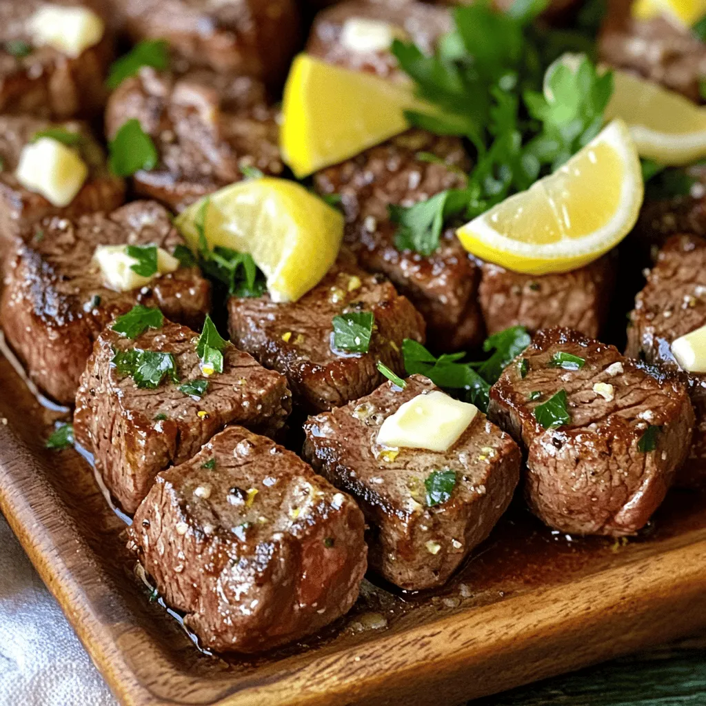 - 1 lb sirloin steak - Salt and black pepper - 4 tablespoons unsalted butter - 4 cloves garlic, minced - Fresh parsley - Fresh rosemary (or dried) - 1 teaspoon lemon juice - A pinch of red pepper flakes - Large skillet - Tongs - Serving platter To make Garlic Butter Steak Bites, you will need some key ingredients. First, choose a good cut of steak. I prefer sirloin because it's tender and full of flavor. You can also use ribeye or filet mignon if you want to be fancy. Next, season the steak with salt and black pepper. This simple step adds a lot of taste. You will also need unsalted butter and garlic. Garlic brings a rich, savory taste that pairs well with the steak. Mince the garlic into small pieces for the best flavor. You can add optional ingredients for extra flavor. Fresh parsley and rosemary give a nice herbal touch. Lemon juice adds brightness, while red pepper flakes bring heat. These are all great ways to customize your dish. For tools, a large skillet is a must. It helps cook the steak bites evenly. Use tongs to flip the steak without losing any juices. Lastly, have a serving platter ready to show off your yummy dish. This combination of ingredients and tools makes for a quick, easy, and flavorful meal. For the full recipe, check out the details above to start your cooking adventure! Seasoning the steak cubes First, take your sirloin steak and cut it into 1-inch cubes. This size helps them cook evenly. Next, season the steak cubes well with salt and black pepper. Make sure every piece is coated. This seasoning adds flavor and enhances the taste of the beef. Properly heating the pan Now, grab a large skillet and place it over medium-high heat. Add 2 tablespoons of unsalted butter and let it melt. You want the butter to sizzle, signaling that the pan is hot enough. A hot pan is key to getting a nice sear on the meat. Searing the steak bites Once the pan is ready, add the seasoned steak cubes. Make sure to place them in a single layer. Do not overcrowd the pan; this lets them sear nicely. Cook one side for 2-3 minutes until it turns golden brown. Then, flip the cubes and cook for another 2 minutes, or until they reach your desired doneness. Medium-rare is usually the best choice for steak bites. Adding garlic and herbs After searing, lower the heat to medium. It’s time to add flavor! Toss in minced garlic, chopped parsley, and fresh rosemary. Stir them around for 1-2 minutes. You want the garlic to become fragrant but not burnt, as burnt garlic can taste bitter. Incorporating butter and lemon Next, add the remaining 2 tablespoons of butter to the skillet. Squeeze in some lemon juice, and if you like spice, add a pinch of red pepper flakes. Toss the steak bites in this buttery mixture. Cook until the sauce is bubbling, which takes just a minute. Serving suggestions When ready, remove the skillet from heat. Let the steak bites sit for a minute to soak up the flavors. Serve them on a platter, garnished with more parsley and some lemon wedges. This adds color and a fresh touch. For gatherings, consider using toothpicks for easy serving. Enjoy your Garlic Butter Steak Bites! For the full recipe, refer to the earlier section. To get the best doneness, start with a hot pan. Heat your skillet until it shimmers. This helps create a nice sear on the steak. For medium-rare, cook the steak bites for 2-3 minutes on each side. Use a meat thermometer if you want precision; aim for 130°F. Do not overcrowd the pan. If you add too many steak bites, they will steam instead of sear. This will make them less tasty. Work in batches if needed. You want each piece to get that golden crust. To boost flavor, consider adding spices and herbs. Fresh thyme or oregano can add depth. You can mix and match to find your favorite. A pinch of red pepper flakes also brings a nice kick. Adjust the amount based on your heat preference. It can turn a good dish into a great one. For plating, arrange the steak bites on a wide platter. This gives them space and looks inviting. Add a sprinkle of parsley on top for a pop of color. Lemon wedges on the side also add brightness. They look great and give a fresh taste. You can even use toothpicks for easy serving at parties. This adds a fun touch for your guests. {{image_2}} You can switch the sirloin steak for chicken or pork. Both meats work well with garlic butter. For chicken, use chicken breast cut into small pieces. For pork, pork tenderloin is a great choice. These options will give you delicious bites with a different taste. If you prefer vegetarian options, try mushrooms or tofu. Use portobello mushrooms for a hearty bite. You can also cube firm tofu for a protein-rich dish. Both options soak up the garlic butter flavor nicely. Mix up the herbs for more flavor. Try basil, thyme, or even oregano. Each herb adds a unique taste to the dish. You can also use a blend of herbs for an exciting twist. Adding sauces or marinades before cooking can change the flavor too. Consider using soy sauce or teriyaki sauce. These sauces add depth and make the steak bites even more tasty. Pair garlic butter steak bites with sides like rice, mashed potatoes, or salads. These sides complement the rich flavors of the steak. They also help create a balanced meal. You can also transform the steak bites into a wrap or sandwich. Use a soft tortilla or crusty bread. Add your favorite toppings like lettuce, tomatoes, or cheese for a fun and easy meal. For the full recipe, check out [Full Recipe]. To store leftover garlic butter steak bites, let them cool down first. Place them in an airtight container. Make sure to seal it well to keep the moisture in. They will stay fresh in the fridge for up to three days. To keep them tasty, do not store them with sides, as they can absorb flavors. When you’re ready to enjoy your steak bites again, the best way to reheat them is in a skillet. Heat the skillet over medium heat and add a little butter or oil. Place the steak bites in the skillet and cook for about three to four minutes. Stir them gently to warm them evenly. This method keeps the meat juicy and avoids drying it out. You can also use the microwave, but be careful. Heat them in short bursts to avoid toughening the meat. If you want to save garlic butter steak bites for later, freezing is a great option. Allow the bites to cool completely. Then, place them in a freezer-safe bag or container. Remove as much air as you can before sealing. They can last in the freezer for up to three months. When you’re ready to eat, thaw them overnight in the fridge. Reheat them as mentioned above to restore their flavor and texture. Enjoy them anytime you crave a delicious meal! The best cut for Garlic Butter Steak Bites is sirloin. Sirloin is tender and has great flavor. It cooks quickly, which is perfect for this recipe. Ribeye is another good option, as it has more fat and flavor. However, sirloin is leaner and still very tasty. You can prepare the steak bites ahead of time. Just season and cut the steak into cubes. Store them in the fridge for up to a day before cooking. When ready, follow the cooking steps in the Full Recipe. This way, you save time and still enjoy a fresh meal. To serve more people, simply double or triple the ingredients. Use a larger skillet or cook in batches. Make sure not to overcrowd the pan. This keeps the steak bites juicy and gives them a nice crust. Adjust the cook time as needed, and enjoy your gathering! In this blog post, we explored how to make Garlic Butter Steak Bites. We covered essential ingredients, handy tools, and easy step-by-step cooking instructions. You learned tips for perfecting flavors and presentation. We also discussed variations and storage methods. Cooking can be fun and rewarding. With this guide, you can easily whip up a tasty dish that impresses. Enjoy your time in the kitchen and savor every bite!