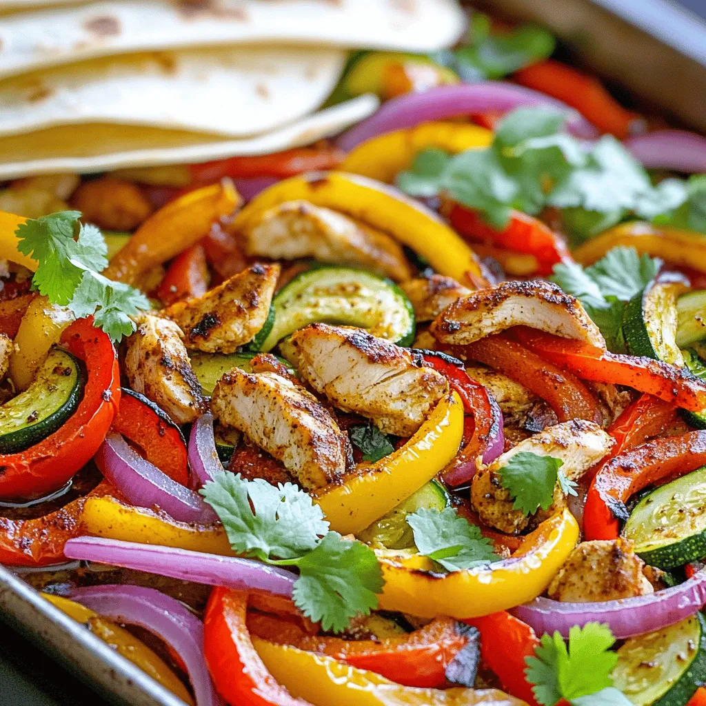 - Chicken breast or tofu: Choose chicken for a classic taste or tofu for a veggie twist. - Bell peppers and other vegetables: Use red, yellow, or green bell peppers for color. Add zucchini or onions for more flavor. - Essential spices and seasonings: Chili powder, cumin, and paprika are key to a bold taste. Garlic and onion powder add depth. - Extra toppings: Sour cream, guacamole, or salsa can boost flavor. - Different protein options: Try beef or shrimp for variety on your plate. - Tortilla alternatives: Use lettuce wraps for a low-carb option, or corn tortillas for a gluten-free twist. For the full recipe, check out the details above. First, you need to preheat your oven to 400°F (200°C). This step gets your oven ready for cooking. Next, grab a large baking sheet and line it with parchment paper. This makes cleanup much easier. Now, let’s slice your veggies and protein. You should slice 2 bell peppers, 1 red onion, and 1 medium zucchini. For protein, thinly slice 1 pound of chicken breast. If you want a vegetarian option, use firm tofu instead. Next, you’ll make the fajita marinade. In a mixing bowl, whisk together 3 tablespoons of olive oil, 1 tablespoon of chili powder, 1 teaspoon of cumin, 1 teaspoon of smoked paprika, 1 teaspoon of garlic powder, 1 teaspoon of onion powder, salt, and pepper. Then, add the juice of 1 lime. This mix gives the fajitas a great flavor. Now, take a large bowl and put your sliced chicken or tofu, bell peppers, onion, and zucchini in it. Pour the marinade over the top. Toss everything together until it’s well-coated. This step is key for even flavor! Once everything is mixed, it’s time to arrange the ingredients. Spread the marinated chicken and veggies evenly on the baking sheet. Make sure they are in a single layer for even cooking. Now, place the sheet pan in the preheated oven. Bake for 20-25 minutes. Check for doneness by making sure the chicken is cooked through and the veggies are tender and slightly charred. The aroma will be amazing, and you’ll know you’re in for a treat! For the best taste, use a mix of spices. I love using chili powder, cumin, and smoked paprika. These spices bring out the rich flavors. Garlic powder and onion powder add depth. You can also add lime juice for brightness. Marinating the chicken or tofu is key. Let it sit in the marinade for at least 15 minutes. This helps the flavors soak in. For extra flavor, marinate it overnight in the fridge. Just make sure to cover it tightly. Cooking time can change based on the protein you use. If you're using chicken, it usually takes about 20-25 minutes. For tofu, you may need less time, around 15-20 minutes. Always check for doneness. The chicken should be 165°F inside. To get a perfect char on your veggies, spread them out evenly on the pan. Crowding the pan can steam them instead of roasting. If you want more char, broil for a few minutes at the end. Just watch closely so they don’t burn. Fajitas are fun to serve with sides. Try adding a fresh salad or rice. You can also provide toppings like sour cream, guacamole, and salsa. These add creaminess and extra flavor. For a homemade sauce, mix plain yogurt with lime juice and cilantro. This sauce is cool and tangy. Serve it on the side for dipping. It pairs great with the warm tortillas. For the full recipe, check out the details above. {{image_2}} For a tasty vegetarian option, swap chicken for firm tofu. Tofu takes in flavors well. Marinate it just like chicken. This adds great taste. You can also add more veggies. Try mushrooms, broccoli, or corn. Each adds a unique flavor and texture. To adjust spice levels, you can change the spices used. For milder fajitas, reduce chili powder. You can also leave out cumin. If you like heat, add fresh jalapeños or serranos. Hot sauce is another simple way to spice it up. Start with a little, then add more if needed. Get creative and try global flavors! For a southwestern twist, add black beans and corn. For an Asian touch, use soy sauce and ginger. You can even make Mediterranean fajitas. Use olives, feta, and herbs like oregano. These ideas keep your meals exciting and new. For the full recipe, check out the details above. Enjoy making your own unique fajitas! To keep your Sheet Pan Fajitas fresh, first allow them to cool. Once cool, place the fajitas in an airtight container. This helps prevent moisture loss. You can store them in the fridge for up to three days. If you want to keep them longer, consider freezing them. Fajitas can last in the freezer for about three months. Just remember to label the container with the date. When it comes to reheating, you have a couple of good options. The oven works best for keeping the texture nice. Preheat your oven to 350°F (175°C). Spread the fajitas on a baking sheet and heat for about 10-15 minutes. This method brings back the crispiness. If you're short on time, the microwave is quick. Place the fajitas in a microwave-safe dish and cover it with a damp paper towel. Heat in short bursts, about 30 seconds at a time. Stir in between to avoid hot spots. This method is fast but may make the fajitas a bit softer. Choose the method that works best for you! To make Sheet Pan Fajitas quick, prep your ingredients ahead. Slice the vegetables and chicken the night before. Store them in a sealed bag in the fridge. You can also mix the marinade in advance. Just keep it in a jar. When it's time to cook, all you need to do is toss everything together and bake. This saves time and keeps your meal stress-free. Yes, you can use frozen vegetables. However, frozen veggies can release extra water when cooking. This might change the texture. To get a good result, thaw the vegetables first and drain excess water. Adjust the cooking time too. Frozen veggies may need a few extra minutes to cook fully. Keep an eye on them for the best results. Sheet Pan Fajitas go great with many side dishes. Here are some tasty options: - Rice: Cilantro lime rice is a fresh choice. - Salads: A simple corn salad adds crunch. - Beans: Refried or black beans add protein. - Guacamole: Creamy guacamole is always a hit. - Salsa: Fresh salsa brings a zesty touch. These sides will make your meal even more enjoyable. For the full recipe, click here. Sheet pan fajitas are easy and fun to make. We covered key ingredients like protein and veggies. I shared steps to prep, mix, and bake your fajitas to perfection. You learned tips to boost flavor and customize to your taste. Try variations for different diets, spice levels, or global twists. Lastly, storing and reheating tips keep your leftovers fresh. Enjoy your cooking adventure and relish every bite of your delicious fajitas!