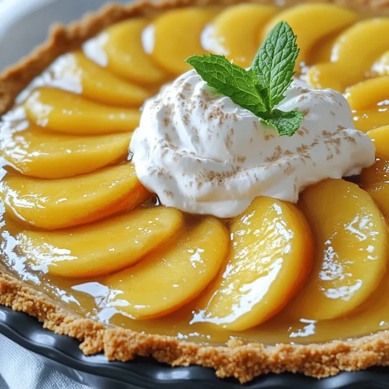 - 2 cups fresh peaches, peeled and sliced - 1 tablespoon lemon juice - 1 cup granulated sugar, divided - 1 teaspoon vanilla extract - 1 tablespoon cornstarch - 1 pre-made graham cracker crust - 1 cup heavy whipping cream - 2 tablespoons powdered sugar - 1 teaspoon almond extract - Fresh mint leaves for garnish (optional) Peaches are the star of this pie. Their sweet, juicy flavor shines through. You can use ripe peaches for the best taste. If they are not in season, frozen peaches will work. Just thaw and drain them first. You need lemon juice to brighten the flavor of the peaches. It helps balance the sweetness. Granulated sugar adds sweetness and helps the peaches release their juices. You will use half for the peach mix and half for the cornstarch blend. Vanilla extract adds warmth to the filling. Cornstarch thickens the peach mixture, so it stays together in the pie. The graham cracker crust gives a crunchy base that pairs well with the soft peach filling. For the topping, use heavy whipping cream. It makes the pie rich and creamy. The powdered sugar sweetens the cream, while almond extract adds a unique touch. If you want to make it pretty, fresh mint leaves can be a nice garnish. - Using frozen vs. fresh peaches: You can use frozen peaches instead of fresh. Just make sure to thaw and drain them well. This prevents extra moisture in the pie. - Alternatives for granulated sugar: If you want less sugar, try using honey or a sugar substitute. Maple syrup can work too, but it may change the flavor slightly. - Non-dairy options for whipped cream: If you prefer a non-dairy option, try coconut cream or almond whipped topping. These can give a nice flavor and texture to the pie. For the full recipe, check out the complete guide on making this delightful pie! To start, grab a large bowl. Combine the sliced peaches with one tablespoon of lemon juice and half a cup of granulated sugar. Toss the peaches gently to coat them evenly. Let them sit for about 20 minutes. This step helps the peaches release their sweet juices. You’ll notice a lovely syrup forming, enhancing the flavor. Next, take a small bowl and mix one tablespoon of cornstarch with the remaining half cup of sugar and one teaspoon of vanilla extract. Pour this mixture into the bowl with the peaches. Stir until it blends well. Let it sit for another ten minutes to thicken. While this happens, preheat your oven to 350°F (175°C). Pour the peach mixture into the graham cracker crust. Spread it evenly and bake for 25 minutes, or until the peaches are tender and bubbly. Remove it from the oven and let it cool completely. While your pie cools, prepare the whipped cream. In a mixing bowl, add one cup of heavy whipping cream, two tablespoons of powdered sugar, and one teaspoon of almond extract. Use a hand mixer to beat the mixture until stiff peaks form. This means the cream should hold its shape well. Once the pie is cool, spread the whipped cream topping evenly over the top. If you like, garnish with fresh mint leaves for a pop of color and flavor. For the full recipe, check out the detailed instructions above. Enjoy your delicious summer dessert! How to choose ripe peaches Pick peaches that are slightly soft to the touch. They should smell sweet and fragrant. Look for a golden color. Avoid hard or green peaches, as they won't be sweet. Ripe peaches make the pie taste great. Ensuring the crust stays crisp To keep your crust from getting soggy, bake it before adding the filling. Pre-baking helps seal the crust. Use a fork to poke holes in the crust. This allows steam to escape and keeps it crunchy. Proper oven temperature Set your oven to 350°F (175°C). This temperature helps the peaches cook well without burning. An even heat cooks the pie perfectly. Always preheat your oven before baking for best results. Timing for the best peach texture Bake the pie for about 25 minutes. This time allows the peaches to soften and release their juices. If you see bubbling, that means it's ready. A little bubbling shows the filling is thickening nicely. Ideal side dishes or beverages to pair with the pie Serve the pie with vanilla ice cream or whipped cream. Lemonade or sweet tea pairs well too. These flavors enhance the peach taste. They make the dessert feel like summer. Decorative serving ideas with mint leaves Garnish with fresh mint leaves to add color. Mint gives a nice touch and fresh flavor. You can also slice the pie into wedges for a neat look. Place a mint leaf on each slice for added flair. For a complete guide to creating this delicious dessert, check out the Full Recipe. {{image_2}} You can add spices to your peaches and cream pie for extra flavor. A sprinkle of cinnamon can warm up the taste. Nutmeg also adds a nice touch. Both spices blend well with the sweetness of peaches. Mixing in other fruits is another fun option. Try adding blueberries or raspberries for a burst of color. Their tartness can balance the sweetness of the peaches. You can even use strawberries for a classic mix. Each new flavor keeps your pie exciting! If you're looking for gluten-free options, you can use a gluten-free crust. Many stores offer ready-made gluten-free graham cracker crusts. You can also make one from nuts and dates for a tasty twist. For those who prefer vegan desserts, there are easy swaps. Use coconut cream instead of heavy whipping cream. You can also replace sugar with maple syrup for a natural sweetener. With these changes, your pie becomes a plant-based delight! For more details on making this pie, refer to the Full Recipe. To keep your Peaches and Cream Pie fresh, store it in the fridge. Cover it tightly with plastic wrap or aluminum foil. This keeps the pie from drying out. Place it in the coldest part of your fridge. This way, it stays tasty for up to three days. If you want to save it for longer, you can freeze the pie. First, let it cool completely. Wrap the pie in plastic wrap, then in foil. This double wrapping helps prevent freezer burn. You can freeze it for up to two months. When you are ready to eat it, let it thaw in the fridge overnight. For the best taste, eat your pie within three days if stored in the fridge. If frozen, try to enjoy it within two months. Watch for signs of spoilage, too. If the pie has an off smell or visible mold, throw it away. A slimy texture or a change in color also means it’s time to let go. Always check your food before enjoying it, especially if it's been stored for a while. To ripen peaches fast, you can use a paper bag. Place the peaches in a brown paper bag and close it. The bag traps the natural gases the fruit gives off. This method helps speed up ripening. Check the peaches daily. Once they feel soft, they are ready to eat. You can also add a banana or apple to the bag. These fruits release more gas and help peaches ripen even faster. Yes, you can make this pie ahead of time. It’s best to prepare the filling and crust first. After baking, let the pie cool completely before covering it. Store it in the fridge for up to two days. If you want a fresh topping, whip the cream just before serving. This keeps it fluffy and light. Making the pie ahead saves time, especially for summer gatherings. To keep the crust crispy, pre-bake it for a few minutes before adding the filling. This step helps set the crust. You can also brush the crust with an egg wash. This adds a barrier that keeps moisture out. Another trick is to sprinkle cornstarch on the crust before adding the filling. It absorbs extra juices from the peaches. Using these methods will help you achieve a perfect, crispy crust for your peaches and cream pie. To sum up, you now know how to make an easy peach pie. We discussed the fresh ingredients, step-by-step instructions, and helpful tips. You can even get creative with flavors and dietary options. Storing leftovers is simple, too, so nothing goes to waste. Enjoying this pie is a treat you can share or make just for yourself. Try it out, and see how your friends and family love it!