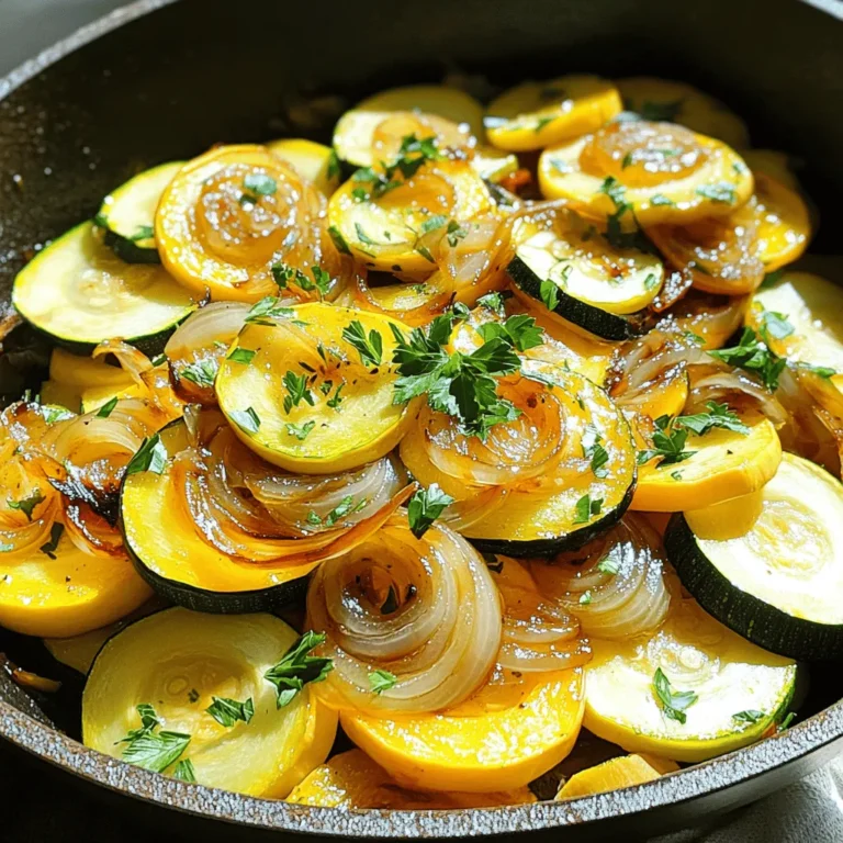To make Old-Fashioned Squash and Onions, gather these items: - 2 medium yellow squash, sliced - 2 medium zucchini, sliced - 1 large onion, thinly sliced - 2 tablespoons olive oil - 1 teaspoon garlic powder - 1 teaspoon dried thyme - Salt and pepper to taste - ½ cup vegetable broth - 1 tablespoon balsamic vinegar - Fresh parsley, chopped Choose fresh squash and zucchini for the best taste. Look for bright colors and firm skin. Use a sweet onion, like Vidalia, for a nice contrast with the squash. Olive oil adds richness. For a deeper flavor, try using high-quality balsamic vinegar. This will really elevate the dish. Always taste as you go to adjust seasoning. If you need to change any ingredients, here are some ideas: - Replace olive oil with avocado oil for a different flavor. - For a low-sodium option, use low-sodium vegetable broth. - If you prefer fresh herbs, swap dried thyme for fresh thyme. - You can skip the balsamic vinegar if you want a lighter dish. To make this dish, start by heating olive oil in a large skillet over medium heat. Add the thinly sliced onions. Sauté them for about five minutes until they are soft. Next, add the sliced yellow squash and zucchini. Stir well to mix. Cook these for another six to eight minutes. The veggies should start to soften. Now, sprinkle in the garlic powder, dried thyme, salt, and pepper. Mix everything well to coat the vegetables with these spices. This step adds flavor. Pour in the vegetable broth and balsamic vinegar. Reduce the heat to low and cover the skillet. Let it simmer for about ten to twelve minutes. The squash should be tender and soak up the flavors. Taste your dish and adjust the seasoning if needed. Finally, remove the skillet from the heat. Transfer the squash and onions to a serving dish. Garnish with fresh chopped parsley. This adds a nice touch and some color. When cooking squash and onions, remember to keep the heat moderate. This helps the vegetables cook evenly. Stir often to prevent sticking. If you like a bit of crispiness, you can cook them uncovered for a few extra minutes. Using a lid traps steam, which helps soften the squash. If you want a deeper flavor, let it cook a little longer. Just keep an eye on it so it doesn't burn. You can also try roasting the veggies in the oven. Toss them with oil and spices, then roast at 400°F for about twenty minutes. Presentation can make your dish stand out. Use a colorful plate for serving. Place the squash and onions in the center, making a nice mound. Sprinkle the fresh parsley on top for a pop of green. You can also add a drizzle of balsamic vinegar around the plate for flair. This gives a nice visual and enhances the taste. Serve this dish warm as a side or a main. It pairs well with grilled meats or crusty bread. Enjoy your cozy squash and onion medley! For the full recipe, check out the detailed instructions above. To cook squash and onions just right, start with fresh veggies. I love using medium yellow squash and zucchini. Slice them evenly for uniform cooking. Heat olive oil in a skillet over medium heat. Add the onions first to soften. This takes about five minutes. Then, mix in the squash and zucchini. Stir them well and cook for six to eight minutes. This helps all the flavors blend. Use garlic powder and thyme to season. They add great taste without much effort. Pour in vegetable broth for moisture, then let it simmer. Cover the skillet to trap the heat. This method keeps the squash tender and flavorful. One mistake many people make is overcrowding the pan. This traps steam, making the veggies soggy. Give them space to cook. Another mistake is not seasoning early. Adding herbs at the start helps the flavors soak in. Also, don’t skip the vegetable broth. It adds depth and keeps the squash from drying out. Lastly, don’t rush the simmering process. Allowing the dish to cook longer helps the veggies absorb all those great flavors. To take this dish up a notch, consider adding some zest. A squeeze of lemon juice brightens the flavors. You can also use fresh herbs, like basil or oregano, for a twist. If you like a bit of heat, add red pepper flakes. For a sweeter taste, try a dash of maple syrup or honey. Don’t forget to taste and adjust your seasonings! Fresh parsley makes for a lovely garnish and adds a pop of color. For full details, check out the Full Recipe. {{image_2}} You can switch up this dish in many ways. Try using different types of squash, like butternut or acorn squash. You can also mix in sweet potatoes for a unique twist. Some love to add bell peppers for color and taste. Experiment with spices too! Try cumin or paprika for a smoky flavor. Want to make this dish heartier? Add proteins like chicken, sausage, or even beans. Simply cook the protein first, then add the squash and onions. You can also toss in other veggies like spinach or carrots. They add great texture and nutrients. Just remember to adjust cooking times as needed. This dish fits well as a side or a main meal. Serve it next to grilled meats or fish for a nice balance. If you want it as a main course, pair it with rice or quinoa. You can also top it with cheese or nuts for extra flavor. For more details on how to prepare this dish, check the Full Recipe. After you cook your old-fashioned squash and onions, let them cool down. Place the leftovers in an airtight container. This keeps them fresh and tasty. Store them in the fridge. They will last for about three to five days. If you want to keep them longer, consider freezing. To reheat, you can use the microwave or the stove. For the microwave, place the squash and onions in a bowl. Cover it with a lid or a paper towel. Heat for one to two minutes. Stir halfway through to ensure even heating. If you use the stove, heat a pan over low heat. Add a splash of vegetable broth to help steam and warm them up. Cook until warm, stirring often. Freezing is a great way to save your squash and onions. First, cool them completely. Next, use a freezer-safe container or bag. Remove as much air as you can from the bag. Label it with the date. When stored this way, they can last for up to three months. When you are ready to enjoy, thaw them in the fridge overnight. You can then reheat them as needed. For more details, you can check the Full Recipe. I recommend using yellow squash and zucchini for this dish. They both cook well and provide great flavor. Yellow squash has a mild taste, while zucchini adds a nice texture. Together, they create a lovely medley. You can also use acorn squash or butternut squash if you want a sweeter flavor. Yes, you can easily make this dish vegan. The recipe is already plant-based since it uses vegetable broth and no animal products. Just ensure your balsamic vinegar is vegan-friendly. This dish is both tasty and healthy, making it perfect for everyone. To adjust the recipe, simply double or triple the ingredients. For example, use 4 medium yellow squash and 4 medium zucchini for a larger batch. You can also increase the onion and spices to match. Just make sure your skillet is big enough to hold everything. Many cultures have their own twists on squash and onions. In Italy, they may add tomatoes and herbs like basil. In India, spices like turmeric and cumin can create a whole new dish. In other regions, you might find recipes with cheese or different types of broth. These variations show how versatile squash and onions can be. For more inspiration, check out the Full Recipe. You now know how to make delicious squash and onions. We covered ingredients, cooking steps, and tips for perfect flavor. I shared how to store leftovers and answered common questions. Use the tips for great results every time. Try new variations to keep things fresh. Cooking should be fun, so experiment and enjoy your meals!