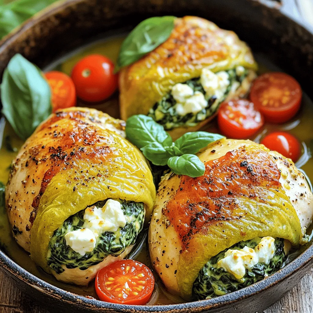 - 4 boneless, skinless chicken breasts: Choose breasts that are about the same size. This helps them cook evenly. Look for fresh chicken to get the best taste. - 1 cup fresh spinach, chopped: Use fresh spinach for a bright flavor. Wash it well and chop it finely to mix easily with other ingredients. - 1/2 cup feta cheese, crumbled: Feta adds a creamy and salty taste. You can use plain or herbed feta. Crumble it well so it mixes nicely with the spinach. - 1/4 cup cream cheese, softened: Cream cheese helps the filling stay moist. Make sure it's soft so it blends well with the spinach and feta. - 2 cloves garlic, minced: Garlic gives a strong flavor. Use fresh garlic for the best taste. Mince it finely to release all its oils. - 1/2 teaspoon dried oregano: Oregano adds a nice herb flavor. It works well with the chicken and cheese. - 1/2 teaspoon black pepper: Black pepper adds a bit of heat. You can adjust the amount based on your taste. - 1/2 teaspoon salt: Salt enhances all the flavors. Keep in mind that feta cheese is salty too, so don’t overdo it. - 1 tablespoon olive oil: Olive oil helps to sear the chicken. It also adds a bit of healthy fat. - 1/2 cup cherry tomatoes, halved (for garnish): Cherry tomatoes add color and freshness. They give a nice sweet contrast to the dish. - Fresh basil leaves (for garnish): Basil adds a fresh touch. It brightens the dish and makes it look nice. These ingredients work together to create a tasty meal. Each one plays a role in the flavor and texture of the dish. For the complete recipe, check out the [Full Recipe]. Start by preheating your oven to 375°F (190°C). This step is key for even cooking. Next, prepare your stuffing mixture. In a medium bowl, combine: - 1 cup fresh spinach, chopped - 1/2 cup feta cheese, crumbled - 1/4 cup cream cheese, softened - 2 cloves garlic, minced - 1/2 teaspoon dried oregano - 1/2 teaspoon black pepper - 1/2 teaspoon salt Mix these ingredients until they blend well. This mix brings a creamy and savory flavor that pairs perfectly with chicken. Now, let’s move on to the chicken. Pat the chicken breasts dry with paper towels. Carefully cut a pocket into each chicken breast. Slice horizontally, but be careful not to cut through the other side. This pocket is where you will stuff your mixture. Stuff each chicken breast with the spinach and feta mixture. Make sure to divide it evenly among the breasts. If needed, secure the openings with toothpicks. Next, heat 1 tablespoon of olive oil in a large oven-safe skillet over medium-high heat. Once the oil is hot, place the stuffed chicken in the skillet. Sear each side for about 3-4 minutes until they turn golden brown. Once seared, transfer the skillet to your preheated oven. Bake for an additional 20-25 minutes. The chicken is ready when it is cooked through and no longer pink in the center. After baking, remove the skillet from the oven. Let the chicken rest for a few minutes. This resting time helps keep the chicken juicy. Before serving, garnish the stuffed chicken with 1/2 cup of halved cherry tomatoes and some fresh basil leaves. These add a fresh touch and a pop of color. For the full recipe, check out the complete guide. Enjoy your flavorful family meal! The best way to cook chicken is to hit the right internal temperature. For stuffed chicken, aim for 165°F (75°C). This ensures the chicken is safe to eat and juicy. To avoid overcooking, use a meat thermometer. Insert it into the thickest part of the chicken breast. If you don’t have one, look for the juices. They should run clear. If they are pink, cook a bit longer. Another tip is to let the chicken rest after baking. This keeps the juices inside. If you skip this, the chicken can dry out. If you want to boost the flavor, try adding more herbs. Thyme, dill, or parsley work well with spinach and feta. A pinch of red pepper flakes can add a nice kick, too. If you don't have feta cheese, you can use goat cheese or ricotta. Both give a creamy texture and taste great. You can also mix in some mozzarella for a stretchier cheese experience. For more tasty ideas and the complete recipe, check out the Full Recipe. {{image_2}} You can change the stuffing to make your dish unique. Try adding other vegetables like sun-dried tomatoes or artichokes. These add great flavor and texture. You can also use mushrooms for an earthy taste. Just chop them finely before mixing. Another fun option is to switch up the cheese. While feta is a star, you can try goat cheese or mozzarella. Both will give your chicken a different taste. Goat cheese adds tanginess, while mozzarella brings creaminess. Mix and match to find what you love. Cooking methods can vary too. You can grill the chicken for a smoky flavor. Just preheat your grill and cook each side for about 6-8 minutes. Make sure the chicken is cooked through and has nice grill marks. If you prefer low and slow, use a slow cooker. This method makes the chicken tender and juicy. Simply place the stuffed chicken in the slow cooker. Add a splash of chicken broth for more flavor. Cook on low for 4-6 hours or on high for 2-3 hours. This is a great way to prepare meals ahead of time. For the full recipe, check out the details above. To keep your Feta Spinach Stuffed Chicken fresh, follow these steps: - Refrigerating Leftovers: Let the chicken cool down to room temperature. Place the stuffed chicken in an airtight container. It will stay good in the fridge for about 3-4 days. Always label your container with the date for easy reference. - Freezing Instructions: You can freeze the stuffed chicken for later use. Wrap each piece tightly in plastic wrap and then place them in a freezer bag. This helps prevent freezer burn. Properly stored, they can last for 3 months. Remember to label the bag with the date and contents. To enjoy your delicious leftovers, reheating properly is key. - Reheating Without Losing Moisture: Preheat your oven to 350°F (175°C). Place the stuffed chicken in an oven-safe dish. Add a splash of chicken broth or water to the dish. Cover it with aluminum foil to trap moisture. Heat for about 20-25 minutes, checking to ensure it warms through. - Best Methods for Reheating Stuffed Chicken: You can also use a microwave for quick reheating. Place the chicken on a microwave-safe plate. Cover it with a damp paper towel to keep it moist. Heat on medium power for 2-3 minutes, checking halfway through. If you prefer crisp skin, use the oven method instead. By following these storage and reheating tips, you can enjoy your Feta Spinach Stuffed Chicken to the fullest. For the full recipe, refer back to the ingredients and instructions above. Can I make Feta Spinach Stuffed Chicken ahead of time? Yes, you can prep the stuffed chicken in advance. Prepare the filling and stuff the chicken. Wrap it tightly and store it in the fridge. You can keep it fresh for up to 24 hours. When ready to cook, just sear and bake it as per the full recipe. What can I serve with Feta Spinach Stuffed Chicken? This dish pairs well with several sides. Try roasted vegetables, rice, or a fresh salad. You can also serve it with mashed potatoes for a comforting meal. The bright flavors of the chicken complement many sides. Is this recipe suitable for meal prepping? Absolutely! Feta Spinach Stuffed Chicken is great for meal prep. You can cook a batch for the week. Store portions in airtight containers in the fridge. Reheat them for quick, healthy meals that are full of flavor. Nutritional information overview This chicken dish is rich in protein and healthy fats. Each serving provides essential vitamins from spinach. Feta adds calcium and flavor without too many calories. It’s a balanced meal when paired with wholesome sides. How to adjust for dietary restrictions If you need to make changes, you can use dairy-free cheese. Substitute with a plant-based cream cheese if you are lactose intolerant. For gluten-free options, ensure your chicken broth and any sides are gluten-free. You can still enjoy the same great taste! In this blog post, I shared a detailed guide on making Feta Spinach Stuffed Chicken. We covered essential ingredients, step-by-step cooking instructions, and helpful tips. You learned how to enhance flavors and explore variations. Remember to store your leftovers properly and reheat them right. Cooking can be fun and rewarding. With this recipe, you'll impress yourself and others. Enjoy your meal and keep experimenting in the kitchen!