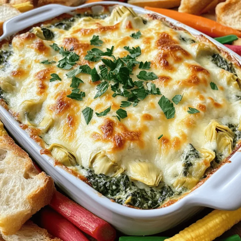 - 1 cup frozen spinach, thawed and drained - 1 cup canned artichoke hearts, chopped - 1 cup cream cheese, softened - 1/2 cup sour cream - 1/2 cup mayonnaise - 1 cup shredded mozzarella cheese, divided - 1/2 cup grated Parmesan cheese - 2 cloves garlic, minced - 1/2 teaspoon onion powder - Salt and pepper to taste These ingredients create a rich and creamy dip. The frozen spinach and artichoke hearts give it a nice texture. Cream cheese, sour cream, and mayonnaise add creaminess. The mozzarella and Parmesan cheeses make it cheesy and flavorful. Garlic and onion powder bring out the taste. - 1/2 teaspoon red pepper flakes - Fresh herbs for garnish Red pepper flakes add a little heat. You can also add fresh herbs like parsley for color and flavor. These optional ingredients can make your dip even better. You can find the full recipe with all these details to make the perfect dip. - Preheat your oven to 350°F (175°C). This is key for even baking. - Grab a mixing bowl. You want it large enough for all the ingredients. - Start by combining the cream cheese, sour cream, and mayonnaise in your bowl. Mix until smooth. This creates a nice base. - Next, add the thawed spinach and chopped artichoke hearts. Stir well to blend them in. - Now, mix in half of the shredded mozzarella cheese and the grated Parmesan cheese. Add the minced garlic, onion powder, red pepper flakes (if you want some heat), salt, and pepper. Stir until everything is well mixed. - Transfer your mixture to a baking dish. Spread it evenly for even cooking. - Bake in the oven for 25-30 minutes. Look for bubbling edges and melted cheese on top. - Let the dip cool for a few minutes before serving. This helps prevent burns while you enjoy it. For the full recipe, check the earlier section. To make the best spinach artichoke dip, you want the right texture. A creamy dip is key. Mix your cream cheese, sour cream, and mayonnaise until it's smooth. If it feels too thick, add a bit more sour cream. This makes the dip easier to scoop and spread. For flavor, use fresh garlic. It gives a nice punch. You can also add some lemon juice for brightness. If you like a kick, red pepper flakes work well, but use them sparingly. Taste as you go to find your balance. When serving, think about your dippers. I love toasted baguette slices for crunch. Tortilla chips add saltiness. Fresh veggie sticks like carrots or bell peppers add color and freshness. They also make the dip feel lighter. For a great look, serve the dip warm in a nice dish. Top it with a sprinkle of fresh parsley. This adds a pop of color. Arrange your dippers around the dip. It makes a beautiful spread for any gathering. Here’s a quick look at the calories in this dip. Each serving has about 200 calories. This is a rough estimate, so check the exact brands you use. If you have dietary needs, keep these in mind. This dip has dairy, so it isn't vegan. You can use dairy-free cheese for a vegan version. Low-fat options are available too. Just swap in low-fat cream cheese and sour cream. {{image_2}} You can change up the cheeses in this dip. Try using sharp cheddar or creamy goat cheese. Each cheese adds a unique flavor. If you want a fresh taste, you can swap frozen spinach for fresh. Just make sure to wash and chop it well before using. Want to spice things up? Add some diced jalapeños to the mix. This will give your dip a nice kick. You can also add sun-dried tomatoes or olives for a burst of flavor. These can make your dip stand out at any party. If you're vegan, you can still enjoy this dip! Use vegan cream cheese and mayo. You can also replace regular cheese with a nut-based cheese. For a low-fat option, choose low-fat cream cheese and Greek yogurt instead of sour cream. These swaps keep your dip tasty while making it lighter. Explore these variations to make your Spinach Artichoke Dip unique. Check the Full Recipe for detailed steps on creating this delicious dish. After you enjoy your dip, store leftovers in an airtight container. It will last in the fridge for up to three days. If you want to save it for longer, you can freeze it. Place the dip in a freezer-safe container and seal it well. It can stay in the freezer for up to three months. To enjoy your dip again, the best way to reheat it is in the oven. Preheat your oven to 350°F (175°C). Place the dip in a baking dish and cover it with foil. Bake for about 20 minutes, or until it is warm throughout. You can also use the microwave. Heat it in short bursts, stirring in between, until it’s hot. If you have a big gathering, you might want to make more dip. To do this, simply double or triple the recipe. Keep in mind that you may need a larger baking dish. Adjust the bake time if you make a bigger batch. Check for bubbling and golden cheese to know it's ready. You can serve Spinach Artichoke Dip warm or cold. Warm dip tastes best with crusty bread or tortilla chips. Cold dip pairs nicely with fresh veggies. For warm serving, bake it until it bubbles and the cheese melts. For cold serving, chill it for a few hours. Tips for warm serving: - Use toasted baguette slices. - Offer crispy tortilla chips. - Include fresh vegetable sticks like carrots and celery. Tips for cold serving: - Chill the dip for at least two hours. - Serve with colorful veggie platters for a nice look. Yes, you can prepare Spinach Artichoke Dip ahead of time. Make the mixture and store it in the fridge for up to two days. Just bake it before your gathering. You can also freeze it for longer storage. Thaw in the fridge overnight before baking. Preparing ahead of time: - Mix all ingredients as per the recipe. - Place in an airtight container. - Store in the fridge or freezer until ready to bake. You have many options if you need substitutions. If you can’t find frozen spinach, you can use fresh spinach. For a lighter dip, use Greek yogurt instead of sour cream or mayonnaise. Alternative ingredients for dietary needs: - Swap cream cheese for a dairy-free option. - Use nutritional yeast for a cheesy flavor without dairy. - Try using fresh herbs for a flavor boost. To make your dip creamier, add more cream cheese or sour cream. You can also mix in some heavy cream or a touch of milk. Suggestions for increasing creaminess: - Blend in extra cream cheese before baking. - Stir in a splash of heavy cream for richness. - Use a hand mixer for a smooth texture when mixing. For the full recipe, check out the details above. We covered the key steps to make a tasty Spinach Artichoke Dip. We looked at main and optional ingredients, mixing methods, and baking tips. Understanding storage and reheating kept your dip fresh for longer. Plus, I shared variations for flavors and dietary needs. Whether you stick to the classic recipe or make it your own, enjoy every bite! Dip can bring people together, so have fun sharing this dish at your next gathering!
