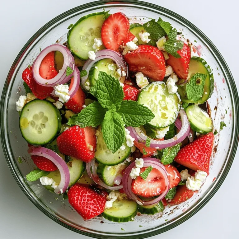 To make a great cucumber strawberry salad, gather these fresh ingredients: - 2 cups fresh strawberries, hulled and sliced - 1 large cucumber, thinly sliced - 1/4 red onion, finely sliced - 1/4 cup feta cheese, crumbled - 1/4 cup fresh mint leaves, chopped - 3 tablespoons balsamic vinegar - 1 tablespoon honey - Salt and pepper to taste These ingredients create a lovely mix of sweet, salty, and tangy flavors. The strawberries add a bright sweetness, while the cucumber provides a refreshing crunch. You can personalize your salad by adding some optional ingredients: - 1 avocado, diced - 1/4 cup nuts, like almonds or walnuts - 1/2 cup cooked quinoa for extra protein - Sliced radishes for extra crunch These additions can enhance texture and flavor. You can also swap out feta cheese for goat cheese or leave it out entirely for a vegan option. If you can't find certain ingredients, don't worry! Here are some smart substitutions: - Use cherry tomatoes instead of strawberries for a savory twist. - Try a different vinegar, like apple cider or red wine. - Swap fresh mint for basil or parsley, based on your preference. These substitutions keep the dish fresh while allowing you to use what you have. Enjoy experimenting with different flavors! You can find the full recipe for this delightful salad in the next section. To start, grab your ingredients. You need fresh strawberries, cucumber, red onion, feta cheese, and mint. Here’s how to prepare them: - Wash the strawberries and slice them into thin pieces. - Peel the cucumber if you like, then slice it thinly. - Finely slice the red onion to add a nice kick. - Crumble the feta cheese into small pieces. - Chop the mint leaves for a fresh flavor. In a large mixing bowl, combine the strawberries, cucumber, and red onion. This mix gives a colorful base for your salad. Next, add the crumbled feta cheese and chopped mint leaves. Now, let’s make the dressing. It’s simple and tasty! You need balsamic vinegar and honey. Here’s how: - In a small bowl, whisk together 3 tablespoons of balsamic vinegar and 1 tablespoon of honey. - Mix until the honey dissolves completely. This dressing adds a sweet and tangy flavor to the salad. Just drizzle it over the salad mixture and toss gently. Make sure every ingredient gets coated. For a great presentation, serve the salad in a clear bowl or on individual plates. This way, everyone can see the bright colors. You can also garnish with extra mint leaves on top for a pretty touch. Let the salad sit for about 10 minutes. This helps the flavors blend together nicely. Enjoy your fresh and flavorful Cucumber Strawberry Salad! For the complete recipe, check out the Full Recipe section. To get the best strawberries, look for bright red ones. They should feel firm, not mushy. Smell them; ripe strawberries have a sweet scent. For cucumbers, pick ones that are dark green and smooth. They should feel heavy for their size. Avoid any with soft spots or wrinkles. Slice strawberries from top to bottom. Cut off the green stems first. For cucumbers, trim the ends and slice them thin. This helps them mix well with the other flavors. Keep your cuts even for a nice look. Use a sharp knife to make cutting easier and safer. A good cutting board helps protect your counters. Use a sharp chef’s knife for smooth cuts. A mixing bowl is great for tossing your salad. If you have a whisk, it’s perfect for mixing the dressing. A clear bowl is best for serving, showing off those bright colors. For the full recipe, refer to the section above. {{image_2}} You can add avocado for a creamy twist. Slice one ripe avocado and mix it in. The rich taste pairs well with the sweet strawberries. It also adds healthy fats. The salad will become more filling and satisfying. For a heartier meal, consider adding protein. Grilled chicken works great here. Just slice it and toss it in. If you prefer plant-based options, try tofu. Use firm tofu, and grill or pan-fry it. Cut it into cubes and mix it in. This makes the dish more balanced and nourishing. Herbs can change the salad's flavor. Try fresh basil for a sweet touch. Chop the leaves and sprinkle them on. Cilantro gives a bright taste and works well, too. You can mix or match herbs based on your taste. These small changes can make the salad feel new and exciting. To store leftover salad, place it in an airtight container. Make sure to remove any extra dressing. If you leave the dressing on, the salad will get soggy. You can keep it in the fridge for up to three days. Always check for freshness before eating. If it looks or smells off, throw it out. When prepping this salad, keep the ingredients separate. Slice the cucumber and strawberries, but store them apart. This keeps them fresh and crunchy. You can mix the dressing in a small jar. When you’re ready to eat, just combine everything. This way, you have a fresh salad each time. The salad stays fresh for about three days in the fridge. If you store it right, it can last up to five days. But remember, the sooner you eat it, the better it tastes. After three days, the flavors may fade. For the best experience, enjoy your salad within two days. Check the Full Recipe for more tips on freshness. Yes, you can make this salad ahead of time. I recommend making it 30 minutes before serving. This way, the flavors blend well. If you make it too early, the cucumbers may become soggy. To keep it fresh, store the salad in the fridge. Keep the dressing separate until just before serving. If you want a substitute for feta cheese, try goat cheese or ricotta. These cheeses give a nice creamy texture. If you need a dairy-free option, use avocado. Avocado adds a rich taste and smooth texture. You can also skip cheese altogether for a lighter salad. Yes, this salad is gluten-free. All the ingredients, like cucumbers and strawberries, are naturally gluten-free. Make sure to check any store-bought dressing for hidden gluten. You can use homemade dressing to be safe. The Full Recipe I shared fits perfectly into a gluten-free meal plan. You’ve learned how to create a fresh and tasty cucumber strawberry salad. We covered the needed ingredients, step-by-step prep, and storage tips. Don’t forget the fun variations that add flair to your dish. With the right choices, you can make it your own. Enjoy trying different flavors, and share this recipe with friends. The fun is in mixing and matching to find your perfect blend. Now, it’s your turn to make this salad shine!