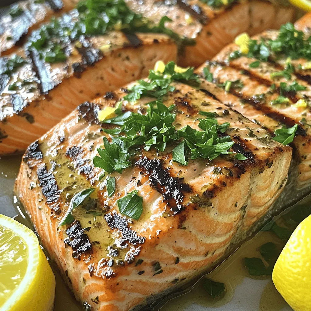 - 4 salmon fillets (6 ounces each) - 2 tablespoons olive oil - Juice and zest of 2 lemons - 2 cloves garlic, minced - 1 teaspoon dried oregano - 1 teaspoon dried thyme The main ingredients set the stage for your Lemon Herb Grilled Salmon. Salmon fillets are the star here. Fresh salmon has a rich taste and a firm texture. Next, olive oil adds a nice smoothness and helps the herbs stick. Lemon juice and zest bring bright, tangy notes. Garlic adds warmth and depth. Dried oregano and thyme round out the flavor profile with earthy hints. - 1 teaspoon paprika - Salt and pepper to taste - Fresh parsley, chopped (for garnish) - Lemon wedges (for serving) Seasoning is key to making your salmon shine. Paprika gives a lovely color and a slight smokiness. Salt and pepper enhance all the flavors. Fresh parsley adds a pop of color and freshness when you serve the dish. Finally, lemon wedges offer extra zing for those who want it. You can find the full recipe [here](#). Enjoy grilling! Start by making the marinade. In a mixing bowl, whisk together these ingredients: - 2 tablespoons olive oil - Juice and zest of 2 lemons - 2 cloves garlic, minced - 1 teaspoon dried oregano - 1 teaspoon dried thyme - 1 teaspoon paprika - Salt and pepper to taste Mix until smooth. This marinade adds great flavor to the salmon. Letting the salmon sit in the marinade is key. I suggest at least 30 minutes. If you have time, marinate for up to 2 hours. This will deepen the flavor. Now it's time to grill. First, preheat your grill to medium-high heat. This step is important. It helps cook the salmon evenly. Next, oil the grill grates. Use a paper towel dipped in oil to wipe the grates. This helps prevent sticking. After preheating, remove the salmon from the marinade. Let the excess drip off. Place the salmon skin-side down on the grill. Cook for 4-6 minutes on each side. The salmon is ready when it flakes easily with a fork and has nice grill marks. Presentation is key for serving. After grilling, let the salmon rest for a few minutes. This keeps it juicy. Garnish with fresh chopped parsley and serve with lemon wedges. For sides, try a fresh salad or grilled veggies. Pair with a chilled white wine or sparkling water. These choices enhance the meal experience. For the complete recipe, check the Full Recipe section. How to avoid overcooking To keep your salmon moist, watch the cooking time closely. Grill each side for about 4-6 minutes. You want the fish to flake easily with a fork but not dry out. If it's hard to tell, use a food thermometer. Salmon is done at 145°F. Tips for achieving perfect grill marks Preheat your grill to medium-high heat. After you oil the grates, place the salmon fillets skin-side down. Do not move them for the first few minutes. This helps form those nice grill marks. You can rotate the fillets halfway through cooking for even marks. Suggestions for additional herbs and spices While the lemon and herbs shine in this recipe, you can mix it up. Try adding dill for a fresh twist. Basil adds a sweet note. If you love heat, sprinkle some crushed red pepper flakes for extra kick. Using citrus variations (lime, orange) Lemon is great, but don’t stop there! Lime adds a zesty touch. Orange brings a sweet citrus flavor. You can swap lemon juice for lime juice in the marinade. Or, add orange zest along with the lemon zest. These small changes can make your dish even tastier. For the full recipe, check out the Lemon Herb Grilled Salmon section. {{image_2}} You can change the flavor of your lemon herb grilled salmon with different marinades. Here are two tasty ideas: - Honey and soy sauce: Mix 2 tablespoons of honey with 3 tablespoons of soy sauce. This mix gives a sweet and savory taste. It pairs well with salmon's rich flavor. - Spicy chili and lime: Combine 2 tablespoons of lime juice with 1 teaspoon of chili flakes. This mix adds a kick. It’s perfect for those who love heat. You can cook your salmon in different ways. Each method gives a unique taste and texture. - Baking versus grilling: Baking is easier for beginners. It cooks evenly and keeps the fish moist. Grilling gives a smoky flavor and crispy skin. If you love grill marks, choose grilling. - Using a stovetop grill pan: A stovetop grill pan is great for indoor cooking. It gives you grill marks without needing an outdoor grill. Preheat the pan and oil it lightly before adding the salmon. Cook as you would on a regular grill. Explore these variations to find your favorite way to enjoy lemon herb grilled salmon. For the full recipe, check out the detailed instructions above. To store leftover Lemon Herb Grilled Salmon, place it in an airtight container. You can also wrap it tightly with plastic wrap. This keeps the salmon fresh and prevents it from drying out. The shelf life of grilled salmon in the fridge is about 3 to 4 days. Always check for any off smells or changes in color before eating. If you want to save some salmon for later, freezing is a great option. First, let the salmon cool completely. Wrap each fillet in plastic wrap or aluminum foil to prevent freezer burn. You can also use a freezer bag, removing as much air as possible. Grilled salmon can last up to 3 months in the freezer. When you're ready to eat, thaw the salmon in the fridge overnight. This keeps the texture nice. You can also use the microwave's defrost setting if you're in a hurry. Just be careful not to cook it while thawing. Enjoy your meal later with the same delicious flavor! I suggest marinating salmon for at least 30 minutes. This time allows the flavors to soak in well. For a richer taste, you can marinate for up to 2 hours. Just remember not to go beyond this time. The fish can become too salty or mushy if left too long. Grilling salmon works best at medium-high heat. Aim for about 375°F to 400°F. This temperature helps the fish cook evenly and develop nice grill marks. If your grill has a lid, keep it closed while cooking. This keeps the heat consistent and helps cook the salmon through. Yes, you can use frozen salmon for this recipe. Just make sure to thaw it first. The best way is to leave it in the fridge overnight. If you're in a hurry, you can run it under cold water. Once thawed, pat the salmon dry before marinating. This helps the marinade stick better. Grilling salmon is simple and rewarding. You learned about key ingredients and marinade tips. Following clear instructions helps achieve that perfect grill. Remember to store leftovers right to extend freshness. Don’t shy away from variations or trying new flavors. Each attempt can bring unique tastes that excite your meal. Enjoy your grilling journey and make every bite count!