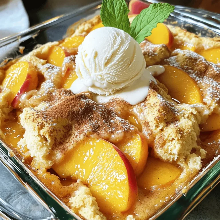 For this peach cobbler, use ripe peaches. Look for fruit that is soft but not mushy. Five peaches work well for this recipe. Peel and slice them for the best flavor. Fresh peaches give a sweet and juicy taste that canned ones can't match. When you smell their sweet aroma, you know they are ready to use. You will need 1 cup of granulated sugar, split into two parts. This sweetener balances the tartness of the peaches. One tablespoon of lemon juice adds a nice zing. Cinnamon gives warmth and pairs well with peaches. One teaspoon of cinnamon is just right. Lastly, use one tablespoon of cornstarch to thicken the peach juices as they cook. This will help create a nice filling. For the batter, you need simple baking items. Gather 1 cup of all-purpose flour, one tablespoon of baking powder, and 1/2 teaspoon of salt. These ingredients help your cobbler rise and give it a nice texture. You will also need 1 cup of milk and 1/4 cup of unsalted butter, melted, to create a rich batter. One teaspoon of vanilla extract adds a lovely depth of flavor. These baking essentials form the base of a great cobbler. For the full recipe, check out Peach Paradise Cobbler. Start with fresh, ripe peaches. Peel and slice them into thin pieces. This makes it easy to mix. In a bowl, combine the peach slices with 1/2 cup of sugar, lemon juice, cinnamon, and cornstarch. Toss it well, so each peach gets coated. Let this sit for about 15 minutes. This step helps the peaches release their juices. The sweet mix will soak in the flavors. Next, grab another bowl. In it, whisk together the all-purpose flour, the other 1/2 cup of sugar, baking powder, and salt. This mix gives your cobbler a nice rise. Then, pour in the milk, melted butter, and vanilla extract. Stir until the batter is smooth. It should look creamy and thick. Now, preheat your oven to 350°F (175°C). Grease a 9x13 inch baking dish. Pour the batter into the dish and spread it evenly across the bottom. Carefully spoon the marinated peach mixture over the batter. Do not mix them; the batter will rise around the peaches. Bake for 45-50 minutes. Look for a golden brown top. A toothpick should come out clean when you check the batter. Once done, let it cool for about 15 minutes before serving. For the best taste, serve warm with a scoop of vanilla ice cream on top. This is the Full Recipe you will love! When picking peaches, look for ripe, juicy ones. They should smell sweet and feel slightly soft. I love using freestone peaches because the pit comes out easily. If you can, buy local peaches in season. They taste better and have more flavor. To get a great texture, preheat your oven well. Use a light-colored pan for even baking. Mix the batter just until combined to keep it fluffy. After pouring the batter, gently spoon the peach mix on top. Do not stir it in. The batter will rise and create a perfect crust while baking. Serve your peach cobbler warm for the best taste. A scoop of vanilla ice cream on top makes it special. You can also add fresh mint for a nice touch. If you want, drizzle some honey or caramel sauce over it. For more fun, try serving it with whipped cream. Enjoy your peach paradise! For the full recipe, check out Peach Paradise Cobbler. {{image_2}} You can make a gluten-free peach cobbler easily. Just swap regular flour for gluten-free flour. This change keeps the taste and texture. You can use blends from the store or make your own. Check the labels to ensure they fit your needs. Follow the same steps in the [Full Recipe]. You won’t miss the gluten! A crumble topping adds a new twist. Mix oats, butter, and brown sugar to make it. This topping gives a nice crunch. You can add nuts for extra flavor. Just sprinkle the crumble on top before baking. It adds a lovely texture to the soft peaches. Combine it with the peach filling from the [Full Recipe] for the best results. Get creative with flavors! You can mix in other fruits like blueberries or raspberries. Spices can also change the taste. Try adding nutmeg or ginger for a spicy kick. A splash of bourbon or almond extract gives a grown-up twist. These infusions can make your peach cobbler stand out. Experiment with flavors to find your favorite combination! After you enjoy your peach cobbler, store the leftovers. Let it cool to room temperature first. Then, cover the dish with plastic wrap or aluminum foil. You can also transfer it to an airtight container. This keeps the cobbler fresh. Store it in the fridge for up to three days. To reheat your peach cobbler, preheat the oven to 350°F (175°C). Place the cobbler in an oven-safe dish. Cover it loosely with foil to prevent burning. Heat it for about 15-20 minutes. Check to see if it's warm throughout. You can also use the microwave. Heat in 30-second bursts until warm. If you want to save some for later, freezing works well. First, let the cobbler cool completely. Then, cut it into portions. Wrap each piece in plastic wrap. Place the wrapped pieces in a freezer-safe bag. Remove as much air as possible before sealing. You can freeze it for up to three months. To eat, thaw it overnight in the fridge. Then, reheat as mentioned above. Enjoy your peach paradise anytime! Yes, you can use canned peaches. They are a great option when fresh peaches are not in season. Make sure to drain the syrup from the can. This helps avoid a watery cobbler. Canned peaches often have added sugar, so check the sweetness. You may want to cut down the sugar in the recipe. The flavor will still be sweet and tasty! Adjusting the sugar is easy. If you want a sweeter cobbler, add more sugar. Start with an extra 1/4 cup and taste the peach mixture. If it is not sweet enough, add a bit more. For a less sweet cobbler, reduce the sugar. You can start by cutting out 1/4 cup of sugar. Taste it before baking. This way, you can find the perfect balance for your taste buds. Cobbler and crisp are both delicious desserts, but they have key differences. A cobbler has a soft topping made from dough. The dough is usually poured over the fruit. As it bakes, it puffs up and creates a nice texture. A crisp, on the other hand, has a crumbly topping. This topping often includes oats and brown sugar. The crisp gives a crunchy bite to the dish. Both are tasty, but they offer different textures and flavors. This blog post covers all you need to make the best peach cobbler. We explored key ingredients, like fresh peaches and sweeteners. I shared step-by-step instructions that make baking simple. You also learned tips for choosing peaches and achieving perfect texture. With different variations and storage tips, your cobbler will shine. In my view, making peach cobbler is fun and rewarding. Enjoy trying out new ideas and sharing with friends! Happy baking!