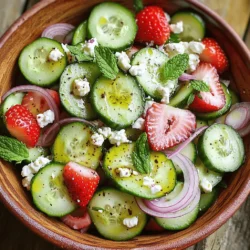 - 1 large cucumber, thinly sliced - 1 cup fresh strawberries, hulled and sliced - 1/4 red onion, thinly sliced - 1/4 cup feta cheese, crumbled - 2 tablespoons fresh mint leaves, chopped - 3 tablespoons olive oil - 2 tablespoons balsamic vinegar - Salt and pepper to taste You need fresh and simple ingredients for this Cucumber Strawberry Salad. It starts with a large cucumber. Slice it thinly so it blends well with the other flavors. Next, grab a cup of fresh strawberries. Make sure you hull them and slice them nicely. The red onion adds a nice bite, so slice a quarter of it thinly. Feta cheese gives a creamy touch, so crumble about a quarter cup into the mix. For a burst of freshness, chop two tablespoons of mint leaves. Then, to dress the salad, you’ll need three tablespoons of olive oil and two tablespoons of balsamic vinegar. Don’t forget to add salt and pepper to taste. - Calories per serving: About 120 calories - Key vitamins and minerals: High in Vitamin C and potassium - Health benefits of ingredients: Cucumbers keep you hydrated, while strawberries are rich in antioxidants. Feta adds calcium, and mint aids digestion. These ingredients not only taste great but also bring health benefits. Eating this salad gives you freshness and nourishment. You can find the full recipe in the main article for easy reference. Start by slicing the cucumber into thin rounds. Use a sharp knife for clean cuts. Next, hull and slice the fresh strawberries. I like to cut them into bite-sized pieces. For the red onion, slice it thinly as well. This helps keep the flavor light. Now, crumble the feta cheese. Aim for small pieces that mix well. Finally, chop the fresh mint leaves. The mint adds a nice, bright flavor. In a large bowl, combine the sliced cucumber, strawberries, and red onion. Make sure to mix them gently so they don’t get squished. Then, add the crumbled feta cheese and chopped mint. This mix creates a beautiful color and flavor. In a small bowl, whisk together three tablespoons of olive oil. Add two tablespoons of balsamic vinegar, a pinch of salt, and a dash of pepper. Whisk until the dressing looks well combined. If it's too thick, add a little more olive oil. It should be smooth and pourable. Drizzle the dressing over the salad mixture. Now, gently toss everything together. Make sure every piece gets a coating of that tasty dressing. Let the salad sit for about ten minutes. This helps the flavors blend together nicely. After that, you can serve it chilled or at room temperature. Enjoy your fresh and flavorful Cucumber Strawberry Salad! For a detailed guide, check out the Full Recipe. Adding nuts or seeds can make your salad crunchy and fun. Try sliced almonds or sunflower seeds. They add texture and a nice nutty flavor. Using lemon juice gives your salad a zesty twist. Just a splash can brighten the taste. Combine it with the olive oil and balsamic vinegar for a fresh kick. Cucumber Strawberry Salad works well as a side or a main dish. Pair it with grilled chicken or fish for a complete meal. It also shines next to a hearty sandwich. For plating, use a large white bowl to show off the bright colors. A sprinkle of mint leaves on top adds charm. Serve it cold for the best taste. To prepare in advance, slice the cucumber and strawberries but wait to mix them. This keeps them fresh and crisp. Store each ingredient in separate containers. Before serving, toss everything together and add the dressing. If you prep ahead, the salad stays tasty for up to a day. Just make sure to keep it in the fridge. {{image_2}} You can change the fruits in this salad based on the season. In summer, try using ripe peaches or juicy watermelon. These fruits add sweetness and a unique twist. In fall, consider apples or pears for a crisp bite. You can also mix in seasonal herbs for added flavor. Adding veggies can elevate your salad too. Avocado brings creaminess and healthy fats. Try adding bell peppers for crunch or radishes for a bit of spice. These choices keep your salad fresh and exciting. This salad fits many diets. It is naturally vegetarian and gluten-free, making it a great choice for many people. If you want to make it vegan, simply skip the feta cheese. You can replace it with chickpeas for protein. For a lighter option, swap regular olive oil for a light vinaigrette. You can even use plain yogurt mixed with herbs as a dressing. This keeps the flavors bright without adding too many calories. Explore these variations and make this salad fit your taste and needs. Each twist keeps it fun and delicious, so enjoy your creative journey! To keep your salad fresh, store it in the fridge. Use an airtight container to avoid air exposure. This helps maintain the crispness of the cucumber and the sweetness of the strawberries. If you have leftover dressing, keep it in a separate small container. This way, your salad won't get soggy. The salad lasts about 2 to 3 days in the fridge. After this, the ingredients may start to lose their texture and flavor. Look for signs of spoilage like a slimy cucumber or mushy strawberries. If the smell changes, it's best to toss it out. Enjoy your fresh salad while it lasts! Yes, you can make this salad without feta. If you skip the cheese, the salad still tastes fresh and bright. You can add some sliced avocado or nuts for creaminess and crunch. This keeps the dish flavorful while catering to different diets. To make the salad vegan, simply omit the feta cheese. You can add nutritional yeast for a cheesy flavor. Another option is to use a plant-based feta. This way, you keep the salad creamy and delicious without any animal products. This salad is perfect for warm days. Serve it as a light lunch or a side at barbecues. It's also great for picnics or outdoor gatherings. The salad is refreshing and brightens up any meal. Yes, this salad is great for meal prep. You can chop the cucumber and strawberries ahead of time. Keep them separate from the dressing until you are ready to eat. This keeps everything fresh and crisp for days. To keep the salad crisp, follow a few tips. First, always add the dressing right before serving. Second, use a thick cucumber variety that holds water well. Finally, refrigerate the salad in a sealed container to keep it fresh. This cucumber strawberry salad is fresh, tasty, and easy to make. We explored key ingredients, nutrients, and step-by-step instructions. You learned about flavor tips and storage options, ensuring your salad stays fresh. Variations let you customize this dish for any season. In conclusion, try making this salad for a quick meal or side dish. Your taste buds will thank you. Enjoy the bright flavors and health benefits all summer long!