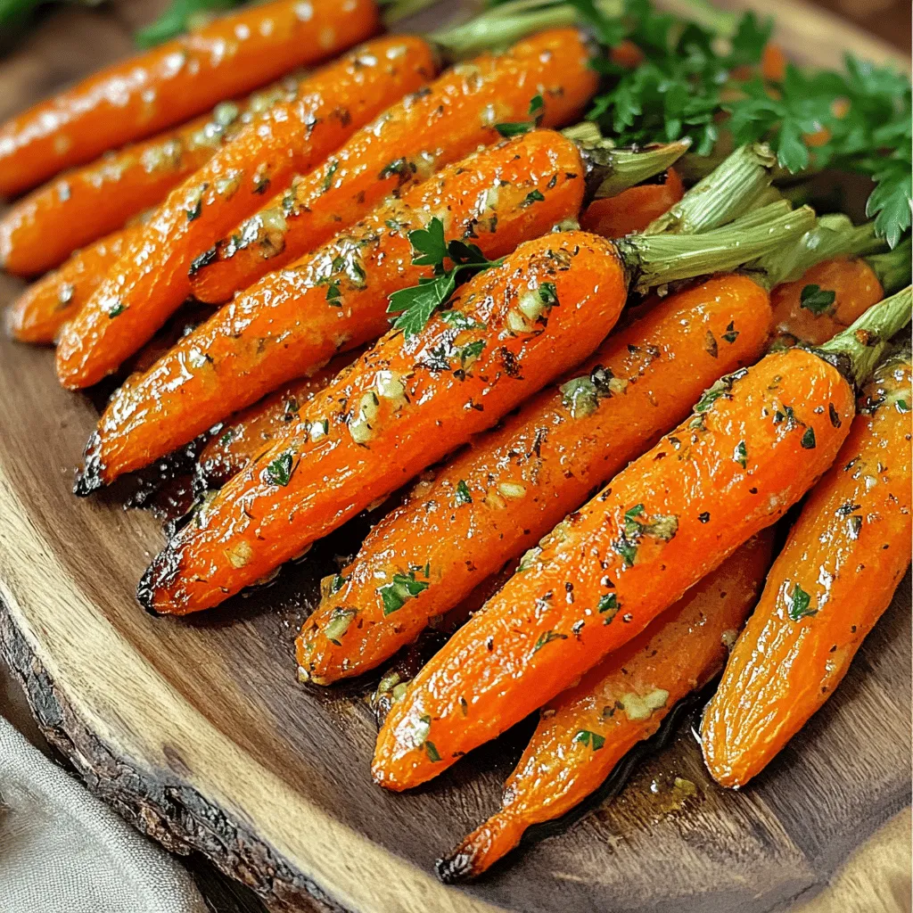 - 1 pound baby carrots, washed and trimmed - 4 tablespoons unsalted butter, melted - 4 cloves garlic, minced - 1 teaspoon fresh thyme leaves (or ½ teaspoon dried thyme) - 1 tablespoon honey - Salt and pepper to taste - Fresh parsley, chopped (for garnish) These ingredients blend together to create a rich flavor. The sweet carrots pair well with the garlic and butter. Fresh thyme adds a nice touch. The honey gives a hint of sweetness that balances the dish. If you want to switch things up, try these options: - Alternative vegetables for roasting: You can use parsnips or Brussels sprouts. Each adds a unique taste. - Dairy-free butter options: Look for vegan butter or coconut oil. They work great in this recipe. - Honey substitutes: Maple syrup or agave nectar can replace honey. They will change the flavor slightly. This dish not only tastes good but is good for you too! - Nutritional value of carrots: Carrots are full of vitamin A. They help with vision and skin health. - Health benefits of garlic: Garlic can boost your immune system. It also has anti-inflammatory properties. - Advantages of using fresh herbs: Fresh thyme adds flavor without extra calories. Herbs also have antioxidants that can help your health. You can find the full recipe for Garlic Butter Roasted Carrots [here](#). First, preheat your oven to 400°F (200°C). This temperature helps the carrots roast well and get that nice caramelization. While the oven heats up, wash and trim your baby carrots. If you can’t find baby carrots, you can cut regular carrots into sticks. Aim for pieces that are similar in size. This way, they cook evenly. In a large bowl, mix 4 tablespoons of melted unsalted butter with 4 minced garlic cloves, 1 teaspoon of fresh thyme leaves, 1 tablespoon of honey, salt, and pepper. Stir it well until everything combines. For extra flavor, you can try adding a pinch of red pepper flakes or a splash of lemon juice. These small changes can make a big difference. Now, it’s time to roast. Add the carrots to your garlic butter mixture. Toss them until they are fully coated. Next, spread the carrots in a single layer on a baking sheet lined with parchment paper. Make sure not to crowd them; this ensures they roast evenly. Halfway through cooking, about 15 minutes in, give the carrots a good stir. This helps them cook and brown on all sides. You can find the full recipe for garlic butter roasted carrots to follow along easily. Enjoy your cooking! To get the best roast, choose baby carrots. They cook quickly and turn soft inside. When you coat them with the garlic butter mix, make sure every carrot gets a good layer. This helps with flavor and color. Roast them at 400°F for 25 to 30 minutes. Stir halfway to ensure even cooking. You want them tender and slightly caramelized. If you like more flavor, taste the carrots before serving. Add more salt or pepper if needed. For a beautiful look, serve your garlic butter roasted carrots on a big platter. Drizzle any leftover garlic butter from the baking sheet on top. It adds flavor and shine. You can also sprinkle some fresh parsley on them for color. Pair these carrots with roasted chicken or fish. They make a great side dish and add a pop of color to your meal. One common mistake is overcrowding the baking sheet. If you pile too many carrots together, they won’t roast well. They need space for the hot air to circulate. Another mistake is using the wrong size carrots. Try to use baby carrots for the best texture. If you use larger ones, cut them into smaller pieces. This way, they cook evenly and don’t take too long. Following these tips will help you make perfect garlic butter roasted carrots every time. You can find the Full Recipe for more details. {{image_2}} You can change the flavor of garlic butter roasted carrots in fun ways. Try adding spices like paprika or cumin. Paprika gives a mild heat and a lovely color. Cumin adds a warm, earthy tone that pairs well with the sweetness of carrots. You can also incorporate citrus zest for freshness. Lemon or orange zest brightens the dish and adds a nice zing. Just a little zest goes a long way, so use about a teaspoon for great flavor. Want a quicker way to make these carrots? Try the air fryer! Set your air fryer to 375°F (190°C) and cook for about 15-20 minutes. Toss the carrots halfway through for even cooking. They will be crispy and full of flavor. You can also grill the carrots for a smoky flavor. Toss them in the garlic butter mixture, then place them on a hot grill. Cook for about 10-15 minutes, turning often. The grill marks add a lovely touch, and the smoky flavor is amazing. These garlic butter roasted carrots pair well with many side dishes. Try them alongside creamy mashed potatoes or a light salad. They are also great with grains like quinoa or farro for a healthy option. For protein pairings, consider serving them with grilled chicken or baked salmon. Both proteins complement the sweetness of the carrots well. You can also try them with a hearty lentil dish for a vegetarian meal. For the complete recipe, check out the Full Recipe section. To keep your garlic butter roasted carrots fresh, follow these tips: - Refrigeration: Allow the carrots to cool completely. Then, store them in an airtight container. They will stay fresh in the fridge for about 4 to 5 days. - Freezing: If you want to save some for later, freeze the roasted carrots. First, let them cool. Then, place them in a freezer bag, removing as much air as possible. They can last for up to 3 months in the freezer. When it's time to enjoy your leftover roasted carrots, use these methods for the best taste: - Oven: Preheat your oven to 350°F (175°C). Spread the carrots on a baking sheet. Heat for about 10 to 15 minutes until warm. This method helps keep their texture. - Microwave: Place the carrots in a microwave-safe dish. Cover with a damp paper towel. Heat for about 1 to 2 minutes, checking every 30 seconds. This method is faster, but it may make them softer. Knowing how long your roasted carrots last helps avoid waste: - In the fridge: Roasted carrots last for about 4 to 5 days. Keep an eye on them to enjoy their best flavor. - Signs of spoilage: Check for sliminess or an off smell. If you notice any of these signs, it’s best to toss them. Enjoying fresh food is key! For more details, check out the Full Recipe for garlic butter roasted carrots. Garlic butter roasted carrots need about 25 to 30 minutes to cook. Preheat your oven to 400°F (200°C). This temperature helps the carrots caramelize nicely. Stir the carrots halfway through. This ensures they roast evenly. You want them tender but not mushy. Check them with a fork for the right texture. Yes, you can swap carrots for other veggies. Try using baby potatoes or zucchini. They roast well with garlic butter. You may need to adjust cooking times. For example, potatoes may need longer than carrots. Broccoli or bell peppers are great too. Just cut them into similar sizes for even cooking. Garlic butter roasted carrots pair well with many dishes. Serve them with grilled chicken or fish. They also go great with steak or pork. For a vegetarian meal, add quinoa or a grain salad. A glass of white wine, like Sauvignon Blanc, complements the flavors. This makes for a complete meal experience. For the full recipe, check the recipe section above. Garlic butter roasted carrots are easy to make and delicious. We covered ingredients, steps, and tips for success. You learned about variations, storage options, and common mistakes to avoid. This recipe adds flavor and nutrition to meals. Feel free to experiment with other vegetables or spices to customize your dish. Enjoy the vibrant taste of roasted carrots, and don't be afraid to share your cooking adventures. Cooking simple dishes like this builds confidence in the kitchen.