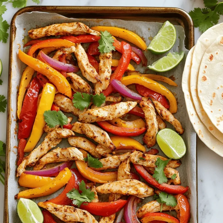 For my Easy Sheet Pan Fajitas, you need a few key items. Here’s the list: - 1 pound boneless chicken breast, sliced into thin strips - 1 red bell pepper, sliced - 1 yellow bell pepper, sliced - 1 medium red onion, sliced - 3 tablespoons olive oil - Salt and pepper to taste - Fresh cilantro, for garnish - Flour tortillas, for serving - Lime wedges, for serving These ingredients come together to create a colorful and tasty dish. The chicken adds protein, while the peppers and onion give it a fresh crunch. To make your fajitas pop with flavor, you’ll want to add some seasonings. Here’s what I use: - 2 teaspoons chili powder - 1 teaspoon cumin - 1 teaspoon garlic powder - 1 teaspoon onion powder These seasonings create a warm and zesty taste. Chili powder brings heat, while cumin adds a nice earthy flavor. Garlic and onion powder boost the overall taste without being too overpowering. Serving your fajitas can be fun and creative. I like to wrap them in warm flour tortillas. It makes each bite soft and satisfying. Fresh lime wedges are a must. Squeeze lime juice on top for a zesty kick. You can also add toppings like diced avocado, sour cream, or salsa. Fresh cilantro adds a nice touch, too. With these options, you can customize your meal to fit everyone’s taste. For the complete recipe, check out the [Full Recipe]. It gives you all the steps to make this easy and delicious meal! First, gather all your ingredients. You need one pound of boneless chicken breast. Slice the chicken into thin strips. Next, take one red bell pepper and one yellow bell pepper. Slice them into thin strips too. Then, grab a medium red onion and slice it as well. Add these veggies to a large bowl with the chicken. Now, drizzle three tablespoons of olive oil over the chicken and veggies. Sprinkle two teaspoons of chili powder, one teaspoon of cumin, one teaspoon of garlic powder, and one teaspoon of onion powder. Add salt and pepper to taste. Toss everything together until the chicken and veggies are well coated with the spices. Preheat your oven to 425°F (220°C). Line a large baking sheet with parchment paper. Spread the chicken and veggie mixture in a single layer on the baking sheet. This helps them cook evenly. Bake in the preheated oven for 20 to 25 minutes. Stir the mixture halfway through for even cooking. The chicken should be cooked through, and the veggies should be tender. Once the timer goes off, carefully remove the baking sheet from the oven. Let the fajitas rest for a few minutes. This helps the flavors blend together. To serve, warm your flour tortillas in the oven or microwave. Spoon the chicken and veggie mix onto the tortillas. Garnish with fresh cilantro for a pop of color and flavor. Squeeze some fresh lime juice over the top for extra zest. Enjoy your easy sheet pan fajitas with friends or family. For the complete recipe, check out the Full Recipe section. To cook chicken and veggies just right, use thin strips. This helps them cook evenly. When roasting, space them out on the pan. Crowding the pan can lead to steaming instead of roasting. Stir halfway through to ensure all pieces get the heat. Look for the chicken to reach 165°F. The vegetables should be tender and slightly charred. To amp up the taste, try adding lime juice and zest before serving. Fresh herbs, like cilantro, make a big difference. You can also add a dash of smoked paprika for a smoky kick. If you like heat, toss in some sliced jalapeños. For a sweet touch, add a bit of honey or agave to your spice mix. A large baking sheet is key for even cooking. Use one that is rimmed to catch any juices. Parchment paper helps with easy clean-up and prevents sticking. A good mixing bowl makes it easy to toss ingredients with oil and spices. If you have a meat thermometer, it’s a handy tool to check chicken doneness. For serving, grab some warm flour tortillas and lime wedges to complete your meal. For the full recipe, check the notes above. {{image_2}} You can make sheet pan fajitas without meat. Replace chicken with hearty veggies. Try using mushrooms, zucchini, or chickpeas. These options give you great texture and flavor. Season them just like the meat version. Use the same spices for a tasty meal. Serve with warm tortillas and fresh toppings. Add avocado or guacamole for creaminess. Switching proteins can bring fun twists. Use shrimp, beef, or pork for different tastes. If you want leaner options, turkey works well too. Each protein will soak up the spices nicely. Adjust cooking times based on what you choose. Shrimp cooks quickly, while beef may need more time. Keep an eye on them to avoid overcooking. Exploring flavors can make your fajitas unique. For a smoky taste, add chipotle powder. If you prefer a sweet touch, include some paprika or cinnamon. Fresh herbs like oregano or thyme can brighten the dish. You can also experiment with citrus zest for a fresh kick. Don't hesitate to mix and match spices from what you have at home. Each batch can be a new adventure! For the full recipe, check the Easy Sheet Pan Fajitas section. After you enjoy your sheet pan fajitas, store any leftovers right away. Place them in an airtight container. Make sure to cool them down first before sealing. This step keeps your fajitas fresh and tasty. Store them in the fridge for up to three days. When it's time to eat your leftovers, you can reheat them easily. The best way is to use your oven. Preheat the oven to 350°F (175°C). Spread the fajitas on a baking sheet and heat for about 10-15 minutes. This method keeps the chicken juicy and the veggies crisp. You can also microwave them, but the oven gives better results. If you want to save your fajitas for later, freezing is a great option. First, let the fajitas cool completely. Then, place them in a freezer-safe bag or container. Squeeze out any air and seal it tightly. They can last in the freezer for up to three months. When you're ready to enjoy them, thaw in the fridge overnight and reheat as mentioned above. For the full recipe, check out the Easy Sheet Pan Fajitas section! You bake the fajitas for 20 to 25 minutes. This time allows the chicken to cook fully and the veggies to get soft. Stir halfway through to ensure even cooking. Always check the chicken's internal temperature to make sure it’s 165°F (75°C). Yes, you can use different vegetables in this recipe. Try zucchini, mushrooms, or corn for a twist. Just remember to cut them into even pieces so they cook well. Mixing colors adds great visual appeal and flavor. Serve sheet pan fajitas in warm flour tortillas. You can add fresh cilantro and lime juice for extra flavor. Some like to add cheese, salsa, or guacamole on top. Let everyone customize their own fajitas for fun and flavor. Absolutely! You can prep the chicken and veggies a day before. Just store them in the fridge until you’re ready to bake. This makes dinner even easier. Just remember to mix the spices right before baking for the best flavor. Yes, you can freeze sheet pan fajitas before cooking. Place the raw chicken and veggies in a freezer bag. Add the spices and oil, then seal tightly. When you’re ready, let it thaw in the fridge overnight before baking. Enjoy a quick and easy meal any night! For the full recipe, check out Easy Sheet Pan Fajitas. You now know how to make easy sheet pan fajitas. We covered key ingredients, cooking steps, and tips for a tasty meal. Remember, you can mix and match flavors and proteins, so have fun with your recipes. Proper storage ensures your leftovers stay fresh and delicious. Don't forget to experiment with different veggies and spices. Enjoy your cooking, and make this meal a family favorite!