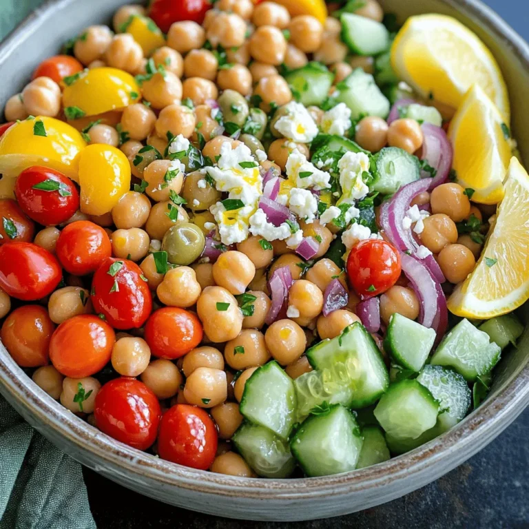 To make a great Mediterranean chickpea salad, you need some key ingredients. Here’s what you should gather: - 1 can (15 oz) chickpeas, drained and rinsed - 1 cup cherry tomatoes, halved - 1 cucumber, diced - 1/2 red onion, finely chopped - 1/2 bell pepper (red or yellow), diced - 1/3 cup Kalamata olives, pitted and sliced - 1/4 cup feta cheese, crumbled (optional) - 2 tablespoons fresh parsley, chopped - 2 tablespoons olive oil - 1 tablespoon red wine vinegar (or lemon juice for a fresh twist) - 1 teaspoon dried oregano - Salt and pepper to taste These ingredients create a bright and fresh flavor. The chickpeas add protein and fiber. The veggies bring crunch and color. You can make this salad even better with some tasty add-ins. Here are a few ideas: - Avocado for creaminess - Capers for a salty kick - Spinach or arugula for more greens - Roasted red peppers for sweetness These options let you customize the salad to your taste. Feel free to mix and match! Sometimes, you might not have all the ingredients. That’s okay! Here are some easy swaps: - Use canned white beans instead of chickpeas for a different texture. - Swap red onion for green onions for a milder taste. - Try different olives, like green olives or black olives. These changes keep the recipe flexible. You can adjust it based on what you have on hand. For the full recipe, check out the details above. Enjoy making your Mediterranean chickpea salad! To start, gather all your ingredients. You need a can of chickpeas, cherry tomatoes, a cucumber, a red onion, a bell pepper, Kalamata olives, and feta cheese if you want. 1. Open the chickpeas: Drain and rinse them under cold water. This helps remove excess salt and improves the taste. 2. Chop the veggies: Cut the cherry tomatoes in half. Dice the cucumber into small pieces. Finely chop the red onion and bell pepper. 3. Slice the olives: Take the Kalamata olives and cut them into thin slices. 4. Combine: In a large bowl, mix all these ingredients together. You’ll have a colorful and fresh base for your salad. Now, let's make the dressing. This adds a burst of flavor to your salad. 1. Gather your dressing ingredients: You will need olive oil, red wine vinegar (or lemon juice), dried oregano, salt, and pepper. 2. Whisk it together: In a small bowl, pour in the olive oil and vinegar. Add the oregano, a pinch of salt, and pepper. Use a whisk to mix until it blends well. Finally, it's time to bring everything together. 1. Pour the dressing: Drizzle your dressing over the salad mixture in the large bowl. 2. Toss gently: Use a spatula or your hands to mix everything together. This helps coat the salad evenly without squishing the ingredients. 3. Taste and adjust: Try a bite. You can add more salt or pepper if needed. If you want extra crunch, toss in more cucumber or bell pepper. 4. Garnish: Before serving, sprinkle chopped parsley on top for a fresh look. This entire process takes just 15 minutes! Enjoy your Mediterranean Chickpea Salad with friends or family for a healthy meal. For the full recipe, check out the section above. When you chop, keep your knife sharp. A sharp knife works better and is safer. Cut your veggies to similar sizes. This makes the salad look nice and ensures even bites. Chop the herbs finely to release their flavor. When mixing, use a gentle hand. Toss the salad lightly to avoid crushing the ingredients. You want to keep the texture crisp. To boost flavor, use fresh herbs like parsley. Fresh herbs add a bright taste. A squeeze of lemon juice can also lift the dish. It adds a zesty note that brightens every bite. Consider adding spices like cumin or smoked paprika for warmth. If you want more depth, try adding a sprinkle of feta cheese. Its creaminess balances the salad well. For a stunning presentation, serve the salad in a large bowl. A shallow bowl allows guests to see all the colors. Drizzle with extra olive oil and sprinkle more feta on top. This makes it look more inviting. Add lemon wedges on the side for a pop of color and flavor. You can pair this salad with grilled chicken or fish for a complete meal. For the full recipe, check out the detailed steps above! {{image_2}} You can easily change the protein in your Mediterranean chickpea salad. Chickpeas are great, but adding other proteins can boost flavor and nutrition. Here are some ideas: - Grilled chicken: This adds a savory taste and makes the salad heartier. - Tuna: Canned tuna gives a nice, salty flavor to the dish. - Shrimp: Cooked shrimp adds a touch of luxury and a light taste. - Hard-boiled eggs: Chopped eggs add creaminess and richness. Mix and match these proteins to find your favorite combo! Adding seasonal veggies can enhance your salad. They add color and crunch, plus they are fresh. Here are some seasonal options to try: - Zucchini: Thinly sliced zucchini gives a nice crunch. - Radishes: Sliced radishes add a peppery bite. - Asparagus: Lightly steamed asparagus gives a unique flavor. - Bell peppers: Use different colors for a vibrant look. Feel free to use what is fresh at your local market. The dressing can change the whole vibe of your salad. While olive oil and vinegar are classic, you can try other options: - Tahini: A creamy tahini dressing adds a nutty flavor. - Yogurt: A yogurt dressing gives a tangy and rich taste. - Citrus vinaigrette: Use lemon or orange juice for a bright flavor. - Balsamic vinegar: This adds sweetness and depth. Experiment with these dressings until you find your favorite! You can find the full recipe to create your base salad and then explore these variations. To store leftover Mediterranean chickpea salad, place it in an airtight container. This keeps the salad fresh and prevents it from drying out. If you have added feta cheese, consider keeping it separate. This way, it stays fresh longer. Always let the salad cool to room temperature before sealing it. When stored correctly, the salad lasts about 3 to 5 days in the fridge. After this time, the veggies may lose their crunch and flavor. Always check for any signs of spoilage. If you see any weird smells or colors, it’s best to toss it. You can enjoy this salad cold, so reheating isn’t needed. If you want to warm it up, do so lightly in the microwave. Heat it for 15 to 30 seconds only. After heating, add a splash of olive oil or lemon juice to refresh the flavors. This salad tastes great cold, so enjoy it as a quick snack or side dish. For the full recipe, check out the details above. To make this salad vegan, skip the feta cheese. You can add more olives or nuts for flavor. Use lemon juice instead of red wine vinegar if you prefer. The salad will still taste fresh and vibrant without cheese. Yes, you can prepare this salad in advance. Make it up to a day before you plan to serve it. Just keep it in the fridge in an airtight container. The flavors will blend nicely, making it even tastier. Common allergens in this salad include chickpeas and feta cheese. If you use olives, check for any allergies there too. Always read labels if you're unsure about any ingredient. Absolutely! You can add bell peppers, radishes, or even spinach. Feel free to mix in whatever fresh veggies you like. This salad is versatile and welcomes new flavors. Yes, Mediterranean Chickpea Salad is gluten-free. Chickpeas are a great protein source and perfect for a gluten-free diet. Enjoy this salad worry-free! To make the salad more filling, consider adding grains like quinoa or farro. You could also include diced avocado or nuts for healthy fats and extra texture. This salad pairs well with grilled meats, pita bread, or hummus. It also complements a light soup for a full meal. Enjoy it however you like! Mediterranean chickpea salad is easy to make and full of flavor. We covered the must-have ingredients, fun add-ins, and ingredient swaps. I shared how to prepare the salad, make the dressing, and mix them well. You learned tips for chopping, flavor boosts, and how to serve it. We also explored protein variations, fresh veggies, and alternative dressings. Proper storage keeps leftovers tasty and fresh. This salad is versatile, healthy, and fun to make. Enjoy creating your unique version!