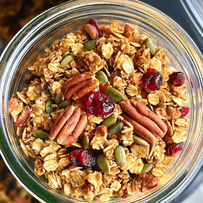 - 3 cups old-fashioned rolled oats - 1 cup pecans, roughly chopped - 1/2 cup sunflower seeds - 1/2 cup pumpkin seeds - 1/2 teaspoon salt - 1 teaspoon cinnamon - 1/3 cup coconut oil, melted - 1/2 cup pure maple syrup - 1 teaspoon vanilla extract - 1 cup dried cranberries or raisins (optional) Using quality ingredients makes a big difference in taste. Old-fashioned rolled oats give the granola a chewy texture. Pecans add a rich flavor and crunch. Sunflower and pumpkin seeds boost nutrition and add variety. Salt enhances all the flavors, while cinnamon brings warmth and sweetness. Coconut oil helps bind the granola and gives it a light taste. Pure maple syrup is a natural sweetener, making the granola sticky and delicious. Lastly, dried cranberries or raisins can add a fruity note if you choose to include them. One serving of maple pecan granola has about 250 calories. This is a good snack to keep you full. Each ingredient offers health benefits. Oats provide fiber, which aids digestion. Pecans are packed with healthy fats and protein. Sunflower seeds and pumpkin seeds offer vitamins and minerals. Coconut oil has medium-chain fatty acids that can support heart health. Maple syrup contains antioxidants, making it a better choice than refined sugar. Pecans and oats are both very good for your health. Pecans help lower bad cholesterol levels. They also contain antioxidants that fight inflammation. Oats are great for heart health and can help control blood sugar. The fiber in oats keeps you feeling full longer. Together, they make a tasty snack that also supports your health. Enjoying maple pecan granola can be a smart choice for a nutritious diet. Start by preheating your oven to 325°F (160°C). This step is key to getting a nice, crunchy granola. Use a large baking sheet and line it with parchment paper. This paper stops the granola from sticking and makes cleanup easy. You want even heat, so your granola bakes perfectly. In a large mixing bowl, add the rolled oats, chopped pecans, sunflower seeds, pumpkin seeds, salt, and cinnamon. Mixing these dry ingredients first ensures that every bite has a balance of flavors. Use a big spoon to stir them well. You want to see a nice, even blend. No clumps! This helps with even cooking later. In a small saucepan, melt the coconut oil over low heat. Once it’s melted, add the pure maple syrup and vanilla extract. Stir until everything is smooth and warm. This warming helps the flavors mix well together. When you pour this mixture over the dry ingredients, it will coat everything nicely. Make sure to mix thoroughly, so every oat and nut gets some love. This step is vital for the best taste and crunch! Now, you're ready to spread the granola on your baking sheet and start the fun of baking! For the full recipe, refer to the earlier section. To get that perfect crunch in your Maple Pecan Granola, use rolled oats. They provide a chewy base that crisps well. Next, stir the mixture halfway through baking. This helps it brown evenly. Bake until golden brown but not burnt. If you like it crunchier, bake a bit longer, but watch closely. If you want more or less sweetness, adjust the maple syrup. Try adding more for a sweeter taste or cutting back for less sugar. You can also mix in other sweeteners like honey or agave. Just remember, these changes can affect the final texture, so adjust carefully. Be careful not to overcrowd the baking sheet. Spread the granola evenly for even baking. If it clumps together, it won't bake well. Also, keep an eye on it during the last few minutes. Granola can go from perfect to burnt quickly, so stay alert. Follow the Full Recipe to ensure best results! {{image_2}} You can change the nuts and seeds for fun flavors. Try almonds for a crunchy bite. Walnuts add a rich taste. Cashews bring a creamy feel. For seeds, use chia or flax for more fiber. These swaps keep your granola fresh and exciting. Adding fruits or spices can make your granola special. Dried cherries or apricots bring sweetness. For a spicy kick, add nutmeg or ginger. You can mix in coconut flakes for a tropical taste. Each choice adds a new twist to your granola. You can easily make this recipe gluten-free and vegan. Use gluten-free oats to keep it safe. Swap coconut oil for a plant-based butter if you like. Maple syrup is already vegan, so you’re good there. These tweaks let everyone enjoy your tasty snack. For more detailed steps, check the Full Recipe. To keep your maple pecan granola fresh, use an airtight container. Glass jars work well. You can also use plastic containers that seal tightly. Store the granola at room temperature, away from heat and light. A dark pantry or cupboard is perfect. Maple pecan granola stays fresh for about two weeks when stored properly. After that, it may lose its crunch and flavor. If you notice any strange smells or tastes, it’s best to toss it. If you want to keep granola for longer, freezing is a great option. First, let it cool completely. Then, place it in a freezer-safe bag or container. Make sure to squeeze out any air before sealing. When you’re ready to eat, just thaw it at room temperature. It will taste fresh and crunchy again! To make this tasty granola, follow these steps: 1. Preheat your oven to 325°F (160°C) and line a large baking sheet with parchment paper. 2. In a big bowl, mix 3 cups of rolled oats, 1 cup of chopped pecans, 1/2 cup of sunflower seeds, 1/2 cup of pumpkin seeds, 1/2 teaspoon of salt, and 1 teaspoon of cinnamon. Stir well. 3. In a small pot, melt 1/3 cup of coconut oil. Add 1/2 cup of pure maple syrup and 1 teaspoon of vanilla extract. Stir until warm. 4. Pour the wet mix over the dry mix. Stir until all oats and nuts are coated. 5. Spread the mix on the baking sheet evenly. 6. Bake for 25-30 minutes, stirring halfway. Watch it closely at the end. The granola should be golden brown. 7. Remove it from the oven and let it cool completely. It will crisp as it cools. 8. If you want, mix in 1 cup of dried cranberries or raisins. 9. Store it in an airtight container at room temperature for up to two weeks. Yes, you can use other sweeteners. Honey is a great choice. It adds a nice flavor. Brown sugar is another option but may change the texture. Agave syrup works too. It is a light sweetener. Each choice will affect the taste and texture. Maple syrup gives a unique flavor, so keep that in mind. You can serve this granola in many ways. Here are some ideas: - Enjoy it with milk or a milk alternative for breakfast. - Top your yogurt with granola for added crunch. - Sprinkle it on smoothies for a tasty twist. - Use it as a topping for baked fruits or desserts. - Store it in a clear jar to show off those pretty layers. For more details, check the full recipe. Making Maple Pecan Granola is simple and fun. We covered ingredients, health benefits, and storage. Each ingredient plays a key role in flavor and nutrition. Preheating your oven and using parchment paper ensures great texture. You can customize sweetness and avoid common mistakes with simple tips. Variations allow you to explore different nuts and add-ins. Store your granola well to keep it fresh. Enjoy this tasty snack at breakfast or anytime. Now, you can make a delicious batch to share or savor on your own!
