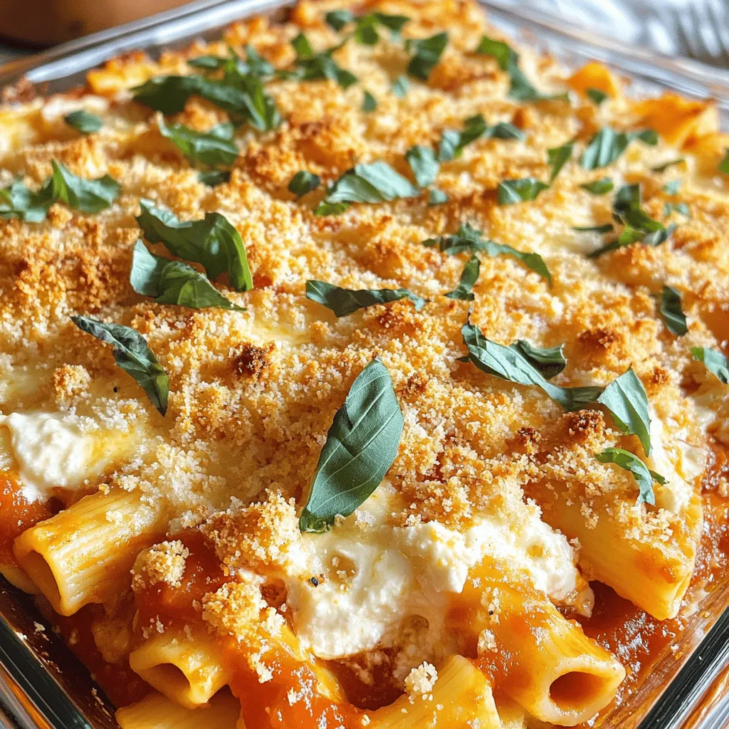 - 1 pound ziti pasta - 2 cups marinara sauce - 1 cup ricotta cheese - 1 cup shredded mozzarella cheese - 1 cup grated Parmesan cheese - 1/2 cup fresh basil, chopped (plus extra for garnish) - 1 teaspoon garlic powder - 1 teaspoon onion powder - 1/2 teaspoon red pepper flakes (adjust according to spice preference) - Salt and pepper to taste - 2 tablespoons olive oil - 1/2 cup breadcrumbs (optional for topping) When I make baked ziti, I focus on the right ingredients. The main ingredients set the base for this dish. Ziti pasta cooks perfectly and holds the sauce well. Marinara sauce adds a rich flavor that pairs well with the cheeses. The combination of ricotta, mozzarella, and Parmesan gives that dreamy, cheesy texture. For added flavor, I love using fresh basil. It brightens the dish and adds a lovely aroma. Garlic and onion powders give depth without being overpowering. Red pepper flakes bring a hint of spice, but you can adjust it to fit your taste. Optional ingredients can elevate your dish. Salt and pepper enhance all flavors. Olive oil adds richness and helps the breadcrumbs crisp up beautifully. Breadcrumbs are not a must, but they can add a nice crunch to the top. For the full recipe, check out the detailed instructions on how to bring all these ingredients together. 1. Preheat the oven to 375°F (190°C). This step is key for the perfect bake. 2. Cook the ziti pasta in boiling salted water until al dente. This means the pasta should be firm but not hard. Drain and set it aside. 3. In a bowl, mix the cheese mixture. Combine ricotta, half of the shredded mozzarella, Parmesan, chopped basil, garlic powder, onion powder, red pepper flakes, salt, and pepper. Stir until smooth and creamy. 4. In a large bowl, combine the cooked ziti with the marinara sauce. Ensure every pasta piece is coated well. This adds flavor and moisture. 5. In a greased 9x13-inch baking dish, layer half of the ziti mixture. Spread it evenly on the bottom. Spoon the cheese mixture over the pasta. Top with the remaining ziti and sprinkle the rest of the mozzarella cheese on top. If you like a crunchy topping, add breadcrumbs. 6. Drizzle olive oil over the top layer. This gives the dish richness and helps the breadcrumbs crisp. 7. Cover the dish with foil and bake for 25 minutes. Remove the foil and bake for another 15-20 minutes. Look for the cheese to bubble and turn golden brown. Follow these steps for a delicious baked ziti with three cheeses, packed with flavor and comfort. For the full recipe, check the earlier section. Enjoy your cooking! To get the best baked ziti, I have two key tips. First, cover the dish with foil while it bakes. This keeps moisture in and makes the pasta tender. After 25 minutes, remove the foil. This step creates a crispy top that everyone loves. Second, let the baked ziti rest for about 10 minutes after baking. This time allows the layers to set. You will find it much easier to slice. For a rich and creamy texture, always use whole milk ricotta. It blends beautifully into the dish. You can also mix different cheeses for fun flavors. Try using provolone or fontina with mozzarella. Each cheese adds its own magic to the dish. Adjust the red pepper flakes based on your spice level. If you like a kick, add more! For a fresh taste, use herbs like oregano or thyme. These herbs brighten the dish and make it pop. Don’t skip these small details; they truly enhance the flavor. {{image_2}} You can make baked ziti even better with veggies. Spinach adds color and nutrients. Mushrooms give a nice texture. Roasted bell peppers add a sweet twist. Just chop them up and mix them in with the ziti. Want more protein? Try mixing in cooked ground beef or Italian sausage. They add a rich flavor. You can also add cooked chicken for a different taste. Just shred it and stir it into the pasta mix. If you need a gluten-free meal, don’t worry! You can use gluten-free pasta instead of regular ziti. It works well and still tastes great. This way, everyone can enjoy the dish. For more details on making baked ziti, check the Full Recipe. After enjoying your baked ziti, store leftovers in an airtight container in the fridge. This keeps it fresh and tasty. It usually lasts up to 3-5 days. Make sure to let it cool down first before sealing it. This helps prevent condensation, which can make it soggy. For longer storage, freeze baked ziti before baking or after cooling. If you freeze it before baking, just wrap it tightly in plastic wrap or foil. This helps prevent freezer burn. If you bake it first, let it cool completely before freezing. Proper storage keeps the flavors intact. To enjoy that cheesy goodness again, I recommend reheating in the oven for the best texture. Set your oven to 350°F (175°C) and heat until warm. This helps the cheese and sauce blend back together. Microwaving is convenient, but it may affect the texture. If you use the microwave, heat in short bursts to avoid overheating. Yes, assemble and refrigerate before baking, then bake when ready. This makes it easy to serve at a busy dinner. Mozzarella, ricotta, and Parmesan are traditional, but other melting cheeses can be used. Feel free to mix it up with gouda or fontina for unique flavors. Typically 3-5 days when stored properly in an airtight container. Make sure to cool it down before sealing it up. Absolutely! Baked ziti can be made vegetarian by using vegetables or keeping it cheese-only. Spinach, mushrooms, and zucchini work great. Servings usually range between 6-8, depending on portion sizes and sides. It’s perfect for a family meal or a fun gathering. For the full recipe, check out the details and get cooking! Baked ziti is a comforting dish that needs simple steps and tasty ingredients. We covered main items like pasta and cheese, added flavorings, and explored fun variations. You can mix in veggies or proteins, plus adjust spices to your liking. Remember to store leftovers properly for later enjoyment. Whether you bake it fresh or reheat, it remains delicious. Don't be afraid to make adjustments to fit your taste. Enjoy your baked ziti adventure!