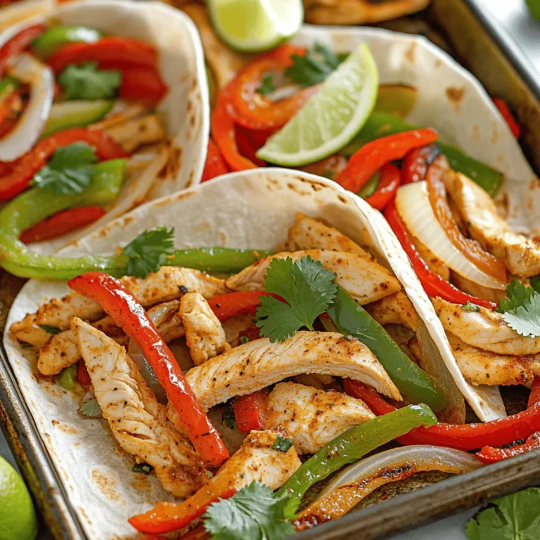 - 1 pound boneless, skinless chicken breasts - 2 bell peppers (one red, one green) - 1 medium onion - 2 tablespoons olive oil - 2 teaspoons chili powder - 1 teaspoon cumin - 1 teaspoon garlic powder - 1 teaspoon paprika - Salt and pepper to taste - Fresh cilantro and lime wedges - 8 small flour tortillas - Optional toppings (sour cream, guacamole, etc.) The main ingredients create a colorful and flavorful base for your fajitas. The chicken keeps it hearty, while the bell peppers and onion add crunch and sweetness. The seasoning brings a wonderful warmth and depth to every bite. For the best flavor, use fresh spices. They make a big difference in taste. You can also adjust the spice level to fit your family's taste. When it comes to serving, warm tortillas are a must. They hold all the goodness inside. Add your favorite toppings like sour cream or guacamole. This meal is not just easy, it is also fun to eat. Enjoy every bite of these easy sheet pan fajitas. For the full recipe, see my detailed instructions. - Preheat oven to 400°F (200°C). - Prepare baking sheet with parchment paper. Start by getting your oven ready. Preheating it helps cook the fajitas evenly. Line your baking sheet with parchment paper. This makes cleanup a breeze! - Combine chicken, bell peppers, and onion. - Season with olive oil and spices. In a large bowl, mix the sliced chicken, bell peppers, and onion. Pour in the olive oil, then add chili powder, cumin, garlic powder, paprika, salt, and pepper. Toss everything well so the chicken and veggies are coated with the spices. - Spread mixture on sheet pan. - Bake for 20-25 minutes, stirring halfway. Now, spread the mixture evenly on the prepared baking sheet. Place it in the oven and bake for 20 to 25 minutes. Be sure to stir the mix halfway through. This ensures all the ingredients roast evenly and become tender. - Warm tortillas in a skillet. - Garnish and serve with lime wedges. While the fajitas bake, warm your tortillas in a skillet. Heat them for about 30 seconds on each side. Once the fajitas are ready, serve them warm. Fill each tortilla with the tasty chicken and veggies. Garnish with fresh cilantro and lime wedges for that zesty kick. For the full recipe, check out the earlier section. Enjoy your meal! To make your fajitas shine, always choose fresh ingredients. Fresh chicken, vibrant peppers, and crisp onions create a tasty meal. Adjust seasoning based on your taste. If you like it spicy, add more chili powder. For a milder taste, cut back on the spices. How can you tell when chicken is fully cooked? The chicken should be white throughout, not pink. You can also cut a piece in half to check. Using a meat thermometer gives the best results. The chicken needs to reach 165°F (74°C) for safety. Garnishing your fajitas can make them pop. Try adding fresh cilantro on top for color and flavor. Lime wedges are great for squeezing over the fajitas. For plating, serve the fajitas on a big platter. This makes it fun for everyone to dig in. {{image_2}} You can easily change the protein in your fajitas. If you prefer shrimp, use it instead of chicken. Shrimp cooks fast and adds a nice flavor. For a heartier meal, try beef strips. Both options will taste great with the same spices. If you want plant-based options, consider tofu or tempeh. Tofu absorbs flavors well, while tempeh has a nutty taste. Simply cube them and season as you would chicken. Adding more veggies to your fajitas brings extra flavor and color. Zucchini, corn, or mushrooms work well. Slice them thinly and mix them into your dish. You can even make it a veggie-only fajita. Just skip the meat and load up on vegetables. This option is perfect for a lighter meal or for vegetarians. Adjusting the spice level makes your fajitas fit any taste. Want more heat? Add sliced jalapeños to the mix. They give a nice kick. If you have kids or prefer milder food, reduce the chili powder. You can also serve the spices on the side. This way, everyone can adjust their own fajitas. For the full recipe, check out the detailed guide. To keep your fajitas fresh, store them in airtight containers. This helps keep the flavors locked in. You can place the chicken and veggies together or separately. Keep them in the fridge for up to three days. Mark the date on your container to track freshness. When it's time to eat, you can reheat fajitas easily. The best method is using a skillet over medium heat. This keeps the chicken and veggies from becoming soggy. Stir them often to warm them evenly. If you use a microwave, heat in short bursts. Check every 30 seconds to prevent overheating. If you want to save some fajitas for later, freezing is a great option. First, let them cool completely. Then, place them in freezer bags. Remove as much air as possible before sealing. For thawing, place them in the fridge overnight. Reheat in a skillet or microwave when ready to enjoy. Yes, you can prep the fajitas ahead of time. Start by slicing the chicken and vegetables. Then, mix them with the olive oil and spices. Place them in a container, and store in the fridge for up to 24 hours. This way, you save time when you’re ready to cook. Just spread the mixture on the sheet pan and bake as directed. Fajitas taste great with many sides and drinks. Here are some ideas: - Mexican rice or cilantro lime rice - Refried beans or black beans - Fresh salsa or pico de gallo - Guacamole or sour cream - Cold drinks like lemonade or a light beer No sheet pan? No problem! You can grill or sauté your fajitas. For grilling, place the chicken and veggies on skewers. Cook them on a grill until done. If you prefer to sauté, heat a skillet over medium heat. Add the seasoned chicken and veggies, stirring often until cooked through. You can swap out spices easily! Here are some substitutes: - Chili powder: Use paprika or cayenne for heat. - Cumin: Try coriander or a dash of curry powder. - Garlic powder: Fresh minced garlic works well. - Paprika: Use cayenne for heat or leave it out. For the full recipe, check out the earlier section! To wrap up, making fajitas is straightforward and fun. You need simple ingredients like chicken and bell peppers. After mixing and baking, you can add your favorite toppings. Remember to taste and adjust seasonings for the best flavor. Explore variations with different proteins or veggies to keep things exciting. Finally, be sure to store leftovers properly for later. Enjoying this dish can bring flavor to any meal!