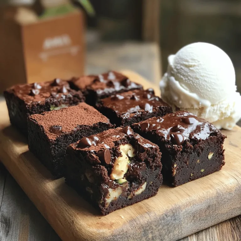 You need these simple items to make fudgy chocolate zucchini brownies: - 1 cup grated zucchini (about 1 medium zucchini) - 1/2 cup unsweetened cocoa powder - 1/2 cup whole wheat flour (or all-purpose flour) - 1/2 cup granulated sugar - 1/4 cup brown sugar, packed - 1/2 cup vegetable oil (or melted coconut oil) - 2 large eggs - 1 teaspoon pure vanilla extract - 1/2 teaspoon baking powder - 1/2 teaspoon baking soda - 1/4 teaspoon salt - 1/2 cup semi-sweet chocolate chips - Optional: 1/4 cup chopped nuts (walnuts or pecans) If you don't have an ingredient, you can easily swap it. For flour, use gluten-free flour. Instead of vegetable oil, try melted coconut oil for a different taste. You can replace granulated sugar with coconut sugar for a lower glycemic index. If you prefer a nut-free option, leave out the chopped nuts. Lastly, if you want less sugar, cut the amounts in half. When picking zucchini, look for these signs of freshness: - Firm and smooth skin - Bright green color without blemishes - Small to medium size (larger ones can be watery) Store zucchini in a cool place or the fridge. Use it within a week for the best flavor. Grate it right before you bake for the best texture in your brownies. For the full recipe, visit the [Full Recipe]. Start by preheating your oven to 350°F (175°C). This step is key to baking perfect brownies. While the oven heats, grab an 8x8-inch baking pan. You can grease it lightly with oil or use parchment paper. The parchment helps you lift the brownies out easily after baking. In a large bowl, add the grated zucchini, vegetable oil, granulated sugar, brown sugar, eggs, and vanilla extract. Mix these until they blend well. It's important to ensure the zucchini is evenly mixed, as it adds moisture and flavor. The zucchini helps keep the brownies fudgy. Take another bowl and sift together the cocoa powder, flour, baking powder, baking soda, and salt. Sifting helps to remove lumps and ensures even mixing. Once sifted, gradually add the dry mix to the wet ingredients. Stir gently until just combined. Avoid overmixing; this keeps your brownies soft and rich. Pour the brownie batter into your prepared pan. Use a spatula to spread it evenly. Then, place the pan in the oven. Bake for 25-30 minutes. To check if they are done, insert a toothpick into the center. It should come out mostly clean with a few crumbs clinging to it. Let the brownies cool in the pan for about 10 minutes, then transfer them to a wire rack. This cooling step helps them set and makes slicing easier. For the full recipe, check the section above. Enjoy baking these delicious fudgy brownies! To get that rich, fudgy texture, keep a few tips in mind. First, don’t overmix the batter. Stir just until the dry ingredients are combined. Overmixing can make the brownies dry. Use high-quality cocoa powder for a deeper chocolate flavor. The right amount of zucchini keeps the brownies moist. Grate the zucchini finely and press out excess water before adding it to the batter. This step helps your brownies stay soft and fudgy. If you want even more fudginess, swap out some flour for more cocoa powder. Store your brownies in an airtight container at room temperature. They will stay fresh for up to three days. For longer storage, place them in the fridge, where they can last for about a week. If you want to enjoy them warm, reheat in the microwave for about 10-15 seconds. This gentle warming will bring back that gooey texture. Be careful not to overheat them, or they may dry out. You can easily tweak the flavor and texture of these brownies. To make them richer, add a touch more oil or butter. If you prefer a cake-like brownie, increase the flour slightly. For a unique taste, try mixing in spices like cinnamon or espresso powder. You can also add different mix-ins, such as nuts or dried fruit, to change the texture. Remember, the key to a great brownie is balance. Adjust only one element at a time, so you can see how it affects the final treat. For the full recipe, check out the earlier sections. {{image_2}} You can make these brownies gluten-free. Just swap the whole wheat flour with a gluten-free blend. Many brands work well, but make sure to check the label for baking. This simple switch keeps the brownies rich and fudgy. You won't miss the gluten at all! Want to make your brownies stand out? Add a splash of flavor! You can mix in a teaspoon of peppermint extract for a minty twist. If you love coffee, add a tablespoon of instant espresso. These flavors enhance the chocolate taste. They bring a fun surprise to each bite, too. If you need to skip nuts, that's easy. Just leave them out of the recipe. You can replace nuts with extra chocolate chips for added sweetness. This keeps the brownies rich and gooey. Plus, it makes them safe for kids or those with nut allergies. Enjoy the same great taste without worry! For a full recipe with all the steps, check out the [Full Recipe]. To keep your fudgy chocolate zucchini brownies fresh, store them in an airtight container. This helps prevent them from drying out. You can store them at room temperature for up to three days. If you want to keep them longer, the fridge works well too. Just make sure they are sealed tight. Cold brownies can last about a week in the fridge. Freezing is a great option if you want to save some brownies for later. First, let the brownies cool completely. Then, cut them into squares. Wrap each square in plastic wrap. After that, place all the wrapped brownies in a freezer-safe bag. This way, they stay fresh for up to three months. When you're ready to enjoy them, thaw them in the fridge overnight or at room temperature for a few hours. The shelf life of fudgy chocolate zucchini brownies depends on how you store them. If kept at room temperature, they last about three days. In the fridge, they last up to a week. If you freeze them, they can stay fresh for three months. Always check for signs of spoilage before eating. If they look or smell off, it's best to throw them away. Yes, you can use frozen zucchini. Just thaw it first and drain extra water. Frozen zucchini works well since it still retains its flavor. This option saves time and reduces waste if you have leftover zucchini. To cut down on sweetness, reduce the sugar by 1/4 cup. You could also use unsweetened applesauce or mashed banana as a substitute for some sugar. Both options add moisture and keep the brownies fudgy. I love serving these brownies warm with vanilla ice cream or whipped cream. You can sprinkle some cocoa powder or powdered sugar on top for a nice touch. If you want more flavor, add a drizzle of chocolate sauce. These brownies have some healthy aspects. They include whole wheat flour and zucchini, which adds fiber and nutrients. However, they do contain sugar and oil, so enjoy them in moderation. You can also add nuts for extra protein and good fats. To check if your brownies are done, insert a toothpick in the center. If it comes out mostly clean with a few crumbs, they are ready. If the toothpick is wet, bake for a few more minutes. Keep an eye on them to avoid overbaking. For the Full Recipe, you can refer back to the ingredients and instructions provided above. In summary, we've explored creating fudgy chocolate zucchini brownies. We covered ingredients, including substitutions, and shared tips for fresher zucchini. The step-by-step instructions guide you through the baking process, ensuring perfect results. We discussed helpful storage methods and answered common questions. Whether you're making them gluten-free or adding unique flavors, these brownies can be adapted to your taste. Enjoy these treats fresh or stored for later. Happy baking!
