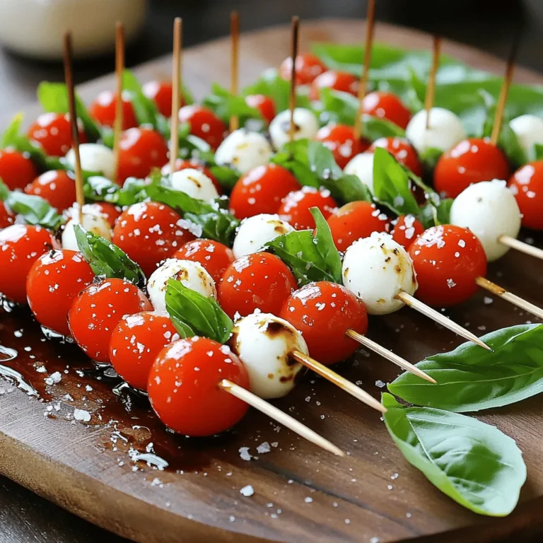 To make tasty Mini Caprese Skewers, you need a few key items. Here’s what to gather: - 1 pint cherry tomatoes - 8 ounces fresh mozzarella balls (bocconcini) - Fresh basil leaves - 2 tablespoons balsamic glaze - 1 tablespoon extra virgin olive oil - Salt and pepper to taste - Skewers (4-6 inch long) These ingredients create a mix of fresh, bright flavors. The tomatoes add sweetness, while mozzarella gives a creamy texture. Basil brings a fragrant note that ties them all together. Feel free to add your personal touch with these optional items: - A sprinkle of red pepper flakes for heat - Prosciutto for a savory twist - Different types of cheese, like feta or goat cheese - Cherry peppers for extra flavor These ingredients can enhance the dish or change it up to suit your taste. Choosing the right ingredients is key for great skewers. Here’s how to select fresh produce: - Tomatoes: Look for firm, shiny cherry tomatoes without blemishes. - Mozzarella: Choose mozzarella balls that are plump and packed in water for freshness. - Basil: Pick bright green leaves with no brown spots. Fresh basil should smell strong and sweet. Fresh ingredients make all the difference. They bring vibrant flavors and textures to your skewers. For the complete preparation, check out the Full Recipe. First, rinse the cherry tomatoes under cold water. Pat them dry with a clean towel. Next, take the fresh mozzarella balls and drain any extra liquid from the packaging. This step helps keep the skewers from getting soggy. Grab your skewer and begin threading. Start with one cherry tomato. Then, add a fresh basil leaf. Follow it up with a mozzarella ball. Repeat this process for each skewer. Aim for about three to four sets of tomato, basil, and mozzarella. Leave some space at each end for easy handling. Once you finish, lay the skewers on a serving platter. Drizzle the extra virgin olive oil over the skewers. Next, sprinkle with salt and pepper to taste. Finally, add a generous drizzle of balsamic glaze. This step adds flavor and makes your dish look beautiful. You can serve them right away or chill in the fridge for up to an hour. This waiting time helps the flavors blend nicely. Enjoy your Mini Caprese Skewers as a fresh, tasty snack! For the full recipe, check out the provided link. To make the best Mini Caprese Skewers, follow these tips: - Use ripe cherry tomatoes. They add sweet flavor. - Choose fresh mozzarella balls for a creamy texture. - Select bright green basil leaves for a fragrant touch. - Soak wooden skewers in water. This keeps them from burning. - Space the items evenly for a nice look. Avoid these common errors when making skewers: - Don’t overcrowd the skewer. Leave space for easy eating. - Avoid using old or wilted ingredients. Freshness matters! - Don’t skip the seasoning. Salt and pepper enhance taste. - Keep the skewers chilled before serving. This keeps them fresh. To boost the flavor of your Mini Caprese Skewers, try these ideas: - Add a dash of lemon juice for brightness. - Mix herbs like oregano or thyme with the basil. - Experiment with flavored olive oil for a unique twist. - Serve with a side of pesto for dipping. - Consider adding a sprinkle of crushed red pepper for heat. For a complete guide, check out the Full Recipe. {{image_2}} You can switch up the ingredients for Mini Caprese Skewers. Here are some ideas: - Grape Tomatoes: If cherry tomatoes are not available, use grape tomatoes. They taste sweet and work well. - Mozzarella Alternatives: Try using burrata cheese for a creamier texture. Feta cheese also adds a nice tang. - Herb Variations: Use mint or parsley instead of basil for a different flavor. These herbs bring a fresh twist. Mixing flavors can make your skewers stand out. Here are some fun combinations to try: - Pesto Drizzle: Instead of balsamic glaze, drizzle pesto over your skewers. It adds richness and a burst of flavor. - Spicy Kick: Add a slice of jalapeño or a dash of red pepper flakes. This adds heat and excitement. - Sweet Touch: Include a slice of fresh peach or strawberry for a sweet contrast. It balances the saltiness of cheese. You can adapt Mini Caprese Skewers for various diets: - Vegan Version: Replace mozzarella with avocado slices or marinated tofu. Both options are creamy and delicious. - Gluten-Free: The recipe is already gluten-free! Just ensure your balsamic glaze has no added gluten. - Low-Carb: Skip the tomatoes and use only mozzarella and basil. This keeps it light and keto-friendly. For the full recipe, check out the [Full Recipe] section. Enjoy exploring these variations! To store Mini Caprese Skewers, place them in an airtight container. Cover the container tightly to keep air out. You can store them in the fridge for up to two days. This keeps the ingredients fresh and tasty. If you want to make them ahead, prep the ingredients separately and assemble close to serving. Keep cherry tomatoes and mozzarella balls in their original packaging until ready to use. Store fresh basil in a glass of water, like a flower bouquet. This helps keep the basil vibrant and green. When storing skewers, avoid stacking them. This prevents squishing and keeps them looking nice. Mini Caprese Skewers are best served cold. If you have leftovers, enjoy them straight from the fridge. If you prefer them warm, you can briefly heat them in the microwave. Just 10-15 seconds should be enough. Be careful not to overheat, or the mozzarella may become rubbery. For a warm twist, try grilling them for a few minutes to enhance the flavor. You can prepare Mini Caprese Skewers a few hours in advance. Simply follow the steps to assemble the skewers. After they are made, cover them with plastic wrap. Store them in the fridge until you are ready to serve. This helps keep them fresh. Just remember to drizzle the balsamic glaze right before serving. The glaze can make the skewers soggy if added too early. Enjoy the flavors that develop from resting! Yes, you can make Mini Caprese Skewers without mozzarella. If you want a dairy-free version, try using vegan cheese. Another option is to add avocado or even marinated artichokes. These will bring a creamy texture and unique flavor. You can still use cherry tomatoes and basil to keep the classic look. If you don’t have balsamic glaze, you can use balsamic vinegar instead. Just drizzle a little on the skewers for that tangy flavor. You can also make a quick glaze by simmering balsamic vinegar until it thickens. Honey, maple syrup, or even a splash of lemon juice can work too. Each option will give a different taste, so feel free to experiment! Creating Mini Caprese Skewers is simple and fun. We covered key ingredients and tips. You learned how to select fresh produce and assemble skewers with flavor. I shared mistakes to avoid and ways to adapt for diets. Remember, storing them correctly keeps them fresh. Try these ideas for your next gathering. With a little creativity, you can impress your guests. Enjoy making and sharing this tasty treat!